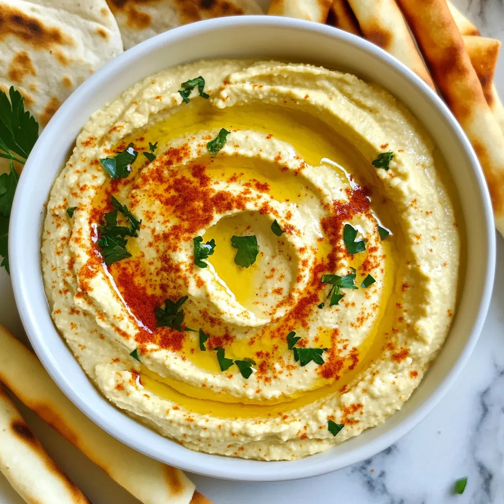 Für diesen köstlichen Hummus benötigst du folgende Hauptzutaten: - 1 Dose (15 oz) Kichererbsen, abgetropft und abgespült - 1 Knolle Knoblauch - 3 Esslöffel Tahini - 2 Esslöffel Olivenöl - 2 Esslöffel Zitronensaft - 1 Teelöffel gemahlener Kreuzkümmel - Salz nach Geschmack - Wasser nach Bedarf Die Kichererbsen geben dem Hummus seine cremetextur. Der geröstete Knoblauch bringt einen süßen, reichen Geschmack. Tahini sorgt für eine nussige Note. Zitronensaft fügt Frische hinzu, während Kreuzkümmel für Tiefe sorgt. Du kannst deinen Hummus noch schöner machen mit einigen Garnituren. Hier sind einige Ideen: - Paprika - Frische Petersilie Diese Farben machen dein Gericht lebendig. Außerdem passen frisches Gemüse und warmes Pita-Brot gut dazu. Karotten, Gurken und Paprika sind tolle Beilagen. Gerösteter Knoblauch-Hummus ist gesund und nahrhaft. Kichererbsen sind reich an Ballaststoffen und pflanzlichem Eiweiß. Das macht dich satt und hält einen langen Zeitpunkt vor. Olivenöl hat gesunde Fette, die gut für dein Herz sind. Knoblauch hat viele Vorteile. Er kann das Immunsystem stärken und hat entzündungshemmende Eigenschaften. {{ingredient_image_2}} Zuerst heizen Sie den Ofen auf 200°C vor. Nehmen Sie eine Knolle Knoblauch. Schneiden Sie die Oberseite ab, um die Zehen freizulegen. Träufeln Sie etwas Olivenöl darüber. Wickeln Sie den Knoblauch in Folie ein. Rösten Sie ihn 30 bis 35 Minuten. Die Zehen sollten weich und süß sein. Lassen Sie den Knoblauch abkühlen. Während der Knoblauch röstet, öffnen Sie eine Dose Kichererbsen. Spülen Sie die Kichererbsen gut ab und lassen Sie sie abtropfen. Diese Bohnen geben dem Hummus einen tollen Geschmack und eine gute Textur. Jetzt ist es Zeit, alles in die Küchenmaschine zu geben. Drücken Sie die gerösteten Knoblauchzehen aus ihrer Haut. Geben Sie sie in die Maschine. Fügen Sie die abgetropften Kichererbsen hinzu. Dann kommen Tahini, Olivenöl, Zitronensaft und gemahlener Kreuzkümmel dazu. Streuen Sie eine Prise Salz hinein. Pürieren Sie alles zusammen, bis die Mischung schön glatt ist. Wenn der Hummus zu dick ist, fügen Sie nach Bedarf Wasser hinzu. Geben Sie immer einen Esslöffel Wasser hinzu und pürieren Sie erneut. Probieren Sie den Hummus. Fügen Sie mehr Salz oder Zitronensaft hinzu, wenn es nötig ist. Übertragen Sie den Hummus in eine Servierschüssel. Machen Sie mit einem Löffel eine schöne Welle auf der Oberfläche. Träufeln Sie etwas Olivenöl darüber. Bestreuen Sie den Hummus mit Paprika und frischer Petersilie. Servieren Sie den Hummus mit bunten Gemüsesticks. Karotten, Gurken und Paprika passen sehr gut dazu. Warmes Pita-Brot ist auch eine tolle Beilage. Genießen Sie Ihr selbstgemachtes Hummus! Hummus kann einfach sein, aber Fehler passieren schnell. Ein häufiger Fehler ist, den Knoblauch nicht richtig zu rösten. Unroasteter Knoblauch schmeckt scharf und bitter. Achte darauf, die Knoblauchzehen gut zu rösten, bis sie weich sind. Ein weiterer Fehler ist die falsche Menge Salz. Zu viel Salz kann den Geschmack ruinieren. Probiere immer wieder, während du den Hummus machst. Die Konsistenz von Hummus ist wichtig. Du willst ihn cremig und glatt haben. Wenn er zu dick ist, füge langsam Wasser hinzu. Beginne mit einem Esslöffel und püriere gut. Wenn er zu dünn ist, kannst du mehr Kichererbsen oder Tahini hinzufügen. Nutze die Küchenmaschine, um alles gut zu vermischen. Es ist ein Prozess, also sei geduldig. Um den Geschmack zu verbessern, experimentiere mit Gewürzen. Kreuzkümmel gibt einen tollen Geschmack, aber du kannst auch Paprika oder Chili hinzufügen. Frischer Zitronensaft bringt Frische. Wenn du magst, füge frische Kräuter wie Petersilie hinzu. Das gibt Farbe und Geschmack. Sei kreativ und finde deine perfekte Mischung. Pro Tipps Knoblauch richtig rösten: Rösten Sie den Knoblauch bis er weich und karamellisiert ist, um den besten Geschmack zu erzielen. Konsistenz anpassen: Fügen Sie Wasser langsam hinzu, um die gewünschte cremige Konsistenz des Hummus zu erreichen. Gewürze nach Geschmack: Probieren Sie den Hummus und passen Sie die Gewürze an, um den perfekten Geschmack zu finden. Serviertipps: Servieren Sie den Hummus mit frischem Gemüse und warmem Pita-Brot für eine ansprechende Präsentation. {{image_4}} Es gibt viele Wege, um Hummus zu variieren. Fügen Sie Zutaten hinzu, um neue Geschmäcker zu entdecken. Zum Beispiel können Sie: - Geröstete rote Paprika für süße Noten. - Oliven für einen salzigen, herzhaften Kick. - Avocado für eine cremigere Textur. Experimentieren Sie mit verschiedenen Kräutern. Frischer Koriander oder Basilikum können den Hummus aufpeppen. Auch Gewürze wie Chili oder Rauchpaprika bringen mehr Wärme und Tiefe. Hummus ist von Natur aus vegan und glutenfrei. Das macht ihn zu einer tollen Wahl für viele Diäten. Verwenden Sie Kichererbsen als Basis. Achten Sie darauf, glutenfreie Beilagen zu wählen. Dipp-Gemüse wie Karotten und Sellerie passen perfekt. Wenn Sie eine nussfreie Option wünschen, lassen Sie das Tahini weg. Ersetzen Sie es durch pürierte Sonnenblumenkerne. Das gibt eine ähnliche Konsistenz. Hummus hat viele regionale Varianten. In Israel finden Sie oft Hummus mit scharfen Gewürzen. In Libanon fügen sie oft frische Petersilie und Zitronensaft hinzu. In Syrien kann man Hummus mit Fleisch oder Nüssen servieren. Jede Region bringt ihre eigenen Geschmäcker ein. Probieren Sie, verschiedene Arten zu machen. So lernen Sie die Vielfalt von Hummus kennen und finden Ihren Favoriten. Um Hummus richtig zu lagern, benutze einen luftdichten Behälter. Dadurch bleibt der Hummus frisch und aromatisch. Achte darauf, dass der Behälter sauber ist. Du kannst auch etwas Olivenöl auf die Oberfläche träufeln. Das hilft, den Hummus vor dem Austrocknen zu schützen. Im Kühlschrank hält sich dein gerösteter Knoblauch-Hummus etwa 5 bis 7 Tage. Stelle sicher, dass der Hummus immer gut verschlossen ist. Überprüfe immer den Geruch und die Konsistenz, bevor du ihn konsumierst. Wenn etwas komisch riecht oder anders aussieht, wirf es besser weg. Du kannst Hummus auch einfrieren, um ihn länger zu lagern. Fülle den Hummus in einen gefrierfesten Behälter. Lasse dabei etwas Platz, da sich der Hummus beim Gefrieren ausdehnt. So bleibt er bis zu 3 Monate haltbar. Zum Auftauen stelle den Behälter einfach über Nacht in den Kühlschrank. Rühre den Hummus gut durch, bevor du ihn servierst. Ja, du kannst Hummus ohne Tahini machen. Stattdessen kannst du mehr Olivenöl oder Joghurt verwenden. Diese Zutaten geben dem Hummus eine cremige Textur. Du kannst auch Nüsse wie Mandeln oder Cashews verwenden. Einfach vorher rösten und dann dazugeben. Experimentiere mit den Mengen, bis du die gewünschte Konsistenz erreichst. Ja, du kannst Hummus mit anderen Bohnen machen. Schwarze Bohnen oder weiße Bohnen sind tolle Alternativen. Sie geben dem Hummus einen anderen Geschmack und eine andere Farbe. Du kannst auch Linsen probieren. Achte darauf, die Bohnen gut zu pürieren, damit die Textur schön cremig bleibt. Zu Hummus passen viele Snacks. Rohes Gemüse wie Karotten, Gurken und Paprika sind perfekt. Du kannst auch Pita-Brot oder Tortillas verwenden. Chips aus Gemüse sind eine gute Wahl. Einige Leute mögen auch Crackers dazu. Sei kreativ und finde deinen eigenen Lieblingssnack! Gerösteter Knoblauch-Hummus ist einfach zuzubereiten und gesund. Wir haben die Hauptzutaten, eine Schritt-für-Schritt-Anleitung und nützliche Tipps durchgenommen. Variationen bieten viel Spielraum für kreative Kochideen. Richtiges Lagern verlängert die Haltbarkeit. Hummus passt gut zu vielen Snacks und kann leicht angepasst werden. Mit diesen Informationen schaffst du leckeren Hummus, der alle begeistert. Experimentiere und finde deine Lieblingsversion!