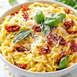 Für die cremige Sun-Dried Tomato Orzo benötigst du folgende Hauptzutaten: - 1 Tasse Orzo-Nudeln - 2 Tassen Gemüsebrühe - 1 Tasse Sahne - 1/2 Tasse getrocknete Tomaten, gehackt - 1/2 Tasse geriebener Parmesan Diese Zutaten machen das Gericht vollmundig und herzhaft. Die Orzo-Nudeln sind perfekt für dieses Rezept, da sie die cremige Sauce gut aufnehmen. Die getrockneten Tomaten bringen einen intensiven Geschmack und eine schöne Farbnote. Für den besten Geschmack fügen wir auch einige Gewürze und Öle hinzu: - 2 Esslöffel Olivenöl - 2 Knoblauchzehen, fein gehackt - 1 Teelöffel getrockneter Basilikum - Salz und Pfeffer nach Geschmack Olivenöl verleiht dem Gericht eine frische Note. Der Knoblauch bringt ein tolles Aroma. Getrockneter Basilikum ergänzt die Aromen perfekt. Salz und Pfeffer sorgen für den letzten Schliff. Um die Orzo noch ansprechender zu machen, kannst du folgende Servieroptionen nutzen: - Frische Basilikumblätter zur Garnierung (optional) - Eine zusätzliche Portion geriebenen Parmesan Diese Extras bringen Farbe und Frische auf den Teller. Du kannst die Orzo in einer tiefen Schüssel anrichten und mit Basilikumblättern garnieren. Das sieht nicht nur gut aus, sondern schmeckt auch köstlich. {{ingredient_image_2}} Um den Orzo perfekt zu kochen, bringe die Gemüsebrühe in einem mittelgroßen Topf zum Kochen. Füge die Orzo-Nudeln hinzu und koche sie gemäß der Packungsanweisung, etwa 8-10 Minuten. Rühre gelegentlich um, damit sie nicht kleben bleiben. Erhitze in einer großen Pfanne das Olivenöl bei mittlerer Hitze. Füge die fein gehackten Knoblauchzehen hinzu und brate sie für etwa 1 Minute an. Du willst, dass der Knoblauch aromatisch ist, aber nicht verbrennt. Jetzt kommen die gehackten getrockneten Tomaten und der getrocknete Basilikum in die Pfanne. Koche alles für 2-3 Minuten weiter. Rühre gelegentlich um, damit die Aromen gut durchziehen können. Reduziere die Hitze auf niedrig und gieße die Sahne in die Pfanne. Rühre alles gut um und lasse die Mischung für etwa 3 Minuten sanft köcheln. Die Sahne macht das Gericht schön cremig. Sobald die Orzo gekocht ist, gieße die überschüssige Brühe ab. Gib die Orzo in die Pfanne mit der cremigen Mischung. Rühre alles gut um, damit sich die Nudeln mit der Sauce verbinden. Jetzt kommt der geriebene Parmesan in die Pfanne. Rühre ihn gut ein und schmecke mit Salz und Pfeffer ab. Koche alles für weitere 2-3 Minuten, bis der Käse geschmolzen ist und die Mischung cremig ist. Nehme die Pfanne vom Herd und lasse das Gericht ein paar Minuten ruhen. Dadurch dickt die Mischung leicht ein. Serviere den Orzo in einer tiefen Schüssel, garniert mit frischen Basilikumblättern und zusätzlichem Parmesan. Um die beste Cremigkeit zu erreichen, nutzen Sie frische Sahne. Diese macht das Gericht reichhaltig. Reduzieren Sie die Hitze, bevor Sie die Sahne hinzufügen. So bleibt sie glatt und klumpt nicht. Fügen Sie mehr Parmesan hinzu, um den Geschmack zu verstärken. Dies macht den Orzo noch cremiger und geschmackvoller. Variieren Sie die Zutaten nach Ihrem Geschmack. Ersetzen Sie die getrockneten Tomaten durch frische, wenn Sie es wünschen. Fügen Sie Spinat oder Erbsen hinzu, um Farbe und Textur zu verbessern. Für einen würzigen Kick, probieren Sie rote Paprika oder Chili-Flocken. Menschen, die Käse mögen, können auch Feta oder Gouda verwenden. Ein häufiger Fehler ist, die Orzo zu lange zu kochen. Achten Sie darauf, sie al dente zu lassen. Wenn die Sahne kocht, kann sie gerinnen. Halten Sie die Hitze niedrig, um dies zu vermeiden. Zu viel Salz kann das Gericht überladen. Beginnen Sie mit wenig und probieren Sie es aus, bevor Sie mehr hinzufügen. Pro Tipps Orzo Vorbereiten: Rühren Sie die Orzo während des Kochens gelegentlich um, um ein Ankleben zu verhindern und eine gleichmäßige Garung zu gewährleisten. Würze Anpassen: Experimentieren Sie mit zusätzlichen Gewürzen wie roten Pfefferflocken oder frischen Kräutern, um das Gericht nach Ihrem Geschmack anzupassen. Vegetarische Option: Ersetzen Sie die Sahne durch eine pflanzliche Alternative wie Kokosmilch für eine vegane Version dieses Gerichts. Frische Zutaten: Verwenden Sie frische Basilikumblätter statt getrocknetem Basilikum für ein intensiveres Aroma und eine schönere Präsentation. {{image_4}} Um die cremige Sun-Dried Tomato Orzo vegetarisch zu gestalten, können Sie die Sahne durch pflanzliche Alternativen ersetzen. Kokosmilch oder Cashewcreme sind tolle Optionen. Sie geben einen schönen Geschmack und eine ähnliche Konsistenz. Verwenden Sie auch Gemüsebrühe, die aus frischem Gemüse selbst gemacht wird. So bleibt das Gericht frisch und lecker. Wenn Sie etwas Protein hinzufügen möchten, sind Kichererbsen eine gute Wahl. Sie sind nahrhaft und passen gut zu den Aromen. Tofu oder Tempeh können ebenfalls verwendet werden, um das Gericht herzhaft zu machen. Einfach in kleine Stücke schneiden, anbraten und dann in die fertige Orzo-Mischung einrühren. Auch gebratene Hähnchenstücke sind eine leckere Ergänzung. Für eine glutenfreie Version ersetzen Sie die Orzo-Nudeln durch glutenfreie Pasta. Es gibt viele Marken, die eine ähnliche Textur bieten. Achten Sie darauf, die Kochzeit gemäß der Packungsanweisung anzupassen. Auch hier können Sie zusätzliches Gemüse, wie Zucchini oder Spinat, hinzufügen, um das Gericht noch gesünder zu machen. Um die Reste von cremiger Orzo richtig aufzubewahren, verwenden Sie einen luftdichten Behälter. Lassen Sie das Gericht zuerst abkühlen. Füllen Sie dann den Behälter und schließen Sie ihn gut. So bleibt die Frische erhalten. Sie können die Reste bis zu drei Tage im Kühlschrank lagern. Um die Orzo wieder aufzuwärmen, geben Sie sie in einen Topf. Fügen Sie einen kleinen Schuss Gemüsebrühe oder Sahne hinzu. Erhitzen Sie bei niedriger Temperatur und rühren Sie häufig. Alternativ können Sie die Orzo in der Mikrowelle aufwärmen. Verwenden Sie eine mikrowellengeeignete Schüssel und decken Sie sie ab. Cremige Sun-Dried Tomato Orzo hält sich im Kühlschrank etwa drei Tage. Sie können sie auch einfrieren. In einem luftdichten Behälter hält sie sich bis zu drei Monate. Achten Sie darauf, die Orzo gut einzufrieren, damit sie nicht austrocknen. Ja, du kannst frische Tomaten verwenden. Sie haben jedoch einen anderen Geschmack und eine andere Textur. Frische Tomaten sind saftiger. Du solltest sie etwa 10 Minuten länger kochen. So ziehen sie die Aromen besser ein. Die Zubereitung dauert insgesamt 25 Minuten. Davon sind 10 Minuten für die Vorbereitung und 15 Minuten für das Kochen nötig. Du kannst in dieser Zeit alles schnell und einfach erledigen. Ja, du kannst die Sahne durch griechischen Joghurt oder Mandelmilch ersetzen. Diese Optionen sind leichter und bringen einen anderen Geschmack. Achte darauf, die Konsistenz anzupassen. Ja, du kannst das Gericht vegan machen. Ersetze die Sahne durch Kokosmilch oder eine pflanzliche Sahne. Verwende veganen Käse anstelle von Parmesan. So bleibt der Geschmack lecker und cremig. Cremige Orzo passt gut zu einem frischen Salat oder gegrilltem Gemüse. Du kannst auch gebratenes Hähnchen oder Fisch dazu servieren. Diese Beilagen ergänzen den Geschmack der Orzo wunderbar. Cremige Orzo ist einfach zuzubereiten und sehr lecker. Du hast die Hauptzutaten und die richtigen Schritte gelernt, um ein köstliches Gericht zu machen. Mit unseren Tipps perfektionierst du die Cremigkeit und vermeidest häufige Fehler. Denke auch an Variationen, um es spannend zu halten. Die richtigen Lagerungshinweise helfen dir, Reste gut zu verwahren. Nutze die FAQs für zusätzliche Fragen. Jetzt kannst du deine Familie und Freunde mit diesem Gericht beeindrucken! Experimentiere und finde deinen eigenen Stil.