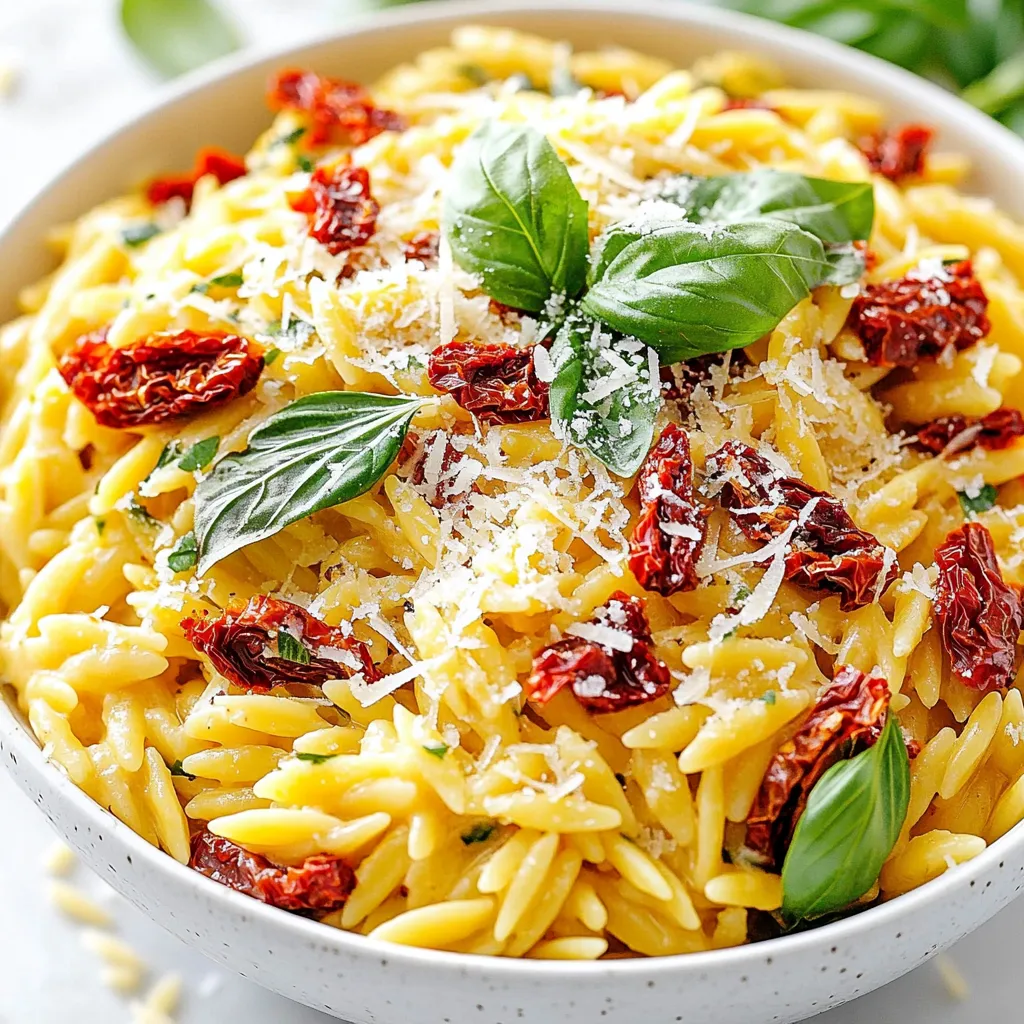 Für die cremige Sun-Dried Tomato Orzo benötigst du folgende Hauptzutaten: - 1 Tasse Orzo-Nudeln - 2 Tassen Gemüsebrühe - 1 Tasse Sahne - 1/2 Tasse getrocknete Tomaten, gehackt - 1/2 Tasse geriebener Parmesan Diese Zutaten machen das Gericht vollmundig und herzhaft. Die Orzo-Nudeln sind perfekt für dieses Rezept, da sie die cremige Sauce gut aufnehmen. Die getrockneten Tomaten bringen einen intensiven Geschmack und eine schöne Farbnote. Für den besten Geschmack fügen wir auch einige Gewürze und Öle hinzu: - 2 Esslöffel Olivenöl - 2 Knoblauchzehen, fein gehackt - 1 Teelöffel getrockneter Basilikum - Salz und Pfeffer nach Geschmack Olivenöl verleiht dem Gericht eine frische Note. Der Knoblauch bringt ein tolles Aroma. Getrockneter Basilikum ergänzt die Aromen perfekt. Salz und Pfeffer sorgen für den letzten Schliff. Um die Orzo noch ansprechender zu machen, kannst du folgende Servieroptionen nutzen: - Frische Basilikumblätter zur Garnierung (optional) - Eine zusätzliche Portion geriebenen Parmesan Diese Extras bringen Farbe und Frische auf den Teller. Du kannst die Orzo in einer tiefen Schüssel anrichten und mit Basilikumblättern garnieren. Das sieht nicht nur gut aus, sondern schmeckt auch köstlich. {{ingredient_image_2}} Um den Orzo perfekt zu kochen, bringe die Gemüsebrühe in einem mittelgroßen Topf zum Kochen. Füge die Orzo-Nudeln hinzu und koche sie gemäß der Packungsanweisung, etwa 8-10 Minuten. Rühre gelegentlich um, damit sie nicht kleben bleiben. Erhitze in einer großen Pfanne das Olivenöl bei mittlerer Hitze. Füge die fein gehackten Knoblauchzehen hinzu und brate sie für etwa 1 Minute an. Du willst, dass der Knoblauch aromatisch ist, aber nicht verbrennt. Jetzt kommen die gehackten getrockneten Tomaten und der getrocknete Basilikum in die Pfanne. Koche alles für 2-3 Minuten weiter. Rühre gelegentlich um, damit die Aromen gut durchziehen können. Reduziere die Hitze auf niedrig und gieße die Sahne in die Pfanne. Rühre alles gut um und lasse die Mischung für etwa 3 Minuten sanft köcheln. Die Sahne macht das Gericht schön cremig. Sobald die Orzo gekocht ist, gieße die überschüssige Brühe ab. Gib die Orzo in die Pfanne mit der cremigen Mischung. Rühre alles gut um, damit sich die Nudeln mit der Sauce verbinden. Jetzt kommt der geriebene Parmesan in die Pfanne. Rühre ihn gut ein und schmecke mit Salz und Pfeffer ab. Koche alles für weitere 2-3 Minuten, bis der Käse geschmolzen ist und die Mischung cremig ist. Nehme die Pfanne vom Herd und lasse das Gericht ein paar Minuten ruhen. Dadurch dickt die Mischung leicht ein. Serviere den Orzo in einer tiefen Schüssel, garniert mit frischen Basilikumblättern und zusätzlichem Parmesan. Um die beste Cremigkeit zu erreichen, nutzen Sie frische Sahne. Diese macht das Gericht reichhaltig. Reduzieren Sie die Hitze, bevor Sie die Sahne hinzufügen. So bleibt sie glatt und klumpt nicht. Fügen Sie mehr Parmesan hinzu, um den Geschmack zu verstärken. Dies macht den Orzo noch cremiger und geschmackvoller. Variieren Sie die Zutaten nach Ihrem Geschmack. Ersetzen Sie die getrockneten Tomaten durch frische, wenn Sie es wünschen. Fügen Sie Spinat oder Erbsen hinzu, um Farbe und Textur zu verbessern. Für einen würzigen Kick, probieren Sie rote Paprika oder Chili-Flocken. Menschen, die Käse mögen, können auch Feta oder Gouda verwenden. Ein häufiger Fehler ist, die Orzo zu lange zu kochen. Achten Sie darauf, sie al dente zu lassen. Wenn die Sahne kocht, kann sie gerinnen. Halten Sie die Hitze niedrig, um dies zu vermeiden. Zu viel Salz kann das Gericht überladen. Beginnen Sie mit wenig und probieren Sie es aus, bevor Sie mehr hinzufügen. Pro Tipps Orzo Vorbereiten: Rühren Sie die Orzo während des Kochens gelegentlich um, um ein Ankleben zu verhindern und eine gleichmäßige Garung zu gewährleisten. Würze Anpassen: Experimentieren Sie mit zusätzlichen Gewürzen wie roten Pfefferflocken oder frischen Kräutern, um das Gericht nach Ihrem Geschmack anzupassen. Vegetarische Option: Ersetzen Sie die Sahne durch eine pflanzliche Alternative wie Kokosmilch für eine vegane Version dieses Gerichts. Frische Zutaten: Verwenden Sie frische Basilikumblätter statt getrocknetem Basilikum für ein intensiveres Aroma und eine schönere Präsentation. {{image_4}} Um die cremige Sun-Dried Tomato Orzo vegetarisch zu gestalten, können Sie die Sahne durch pflanzliche Alternativen ersetzen. Kokosmilch oder Cashewcreme sind tolle Optionen. Sie geben einen schönen Geschmack und eine ähnliche Konsistenz. Verwenden Sie auch Gemüsebrühe, die aus frischem Gemüse selbst gemacht wird. So bleibt das Gericht frisch und lecker. Wenn Sie etwas Protein hinzufügen möchten, sind Kichererbsen eine gute Wahl. Sie sind nahrhaft und passen gut zu den Aromen. Tofu oder Tempeh können ebenfalls verwendet werden, um das Gericht herzhaft zu machen. Einfach in kleine Stücke schneiden, anbraten und dann in die fertige Orzo-Mischung einrühren. Auch gebratene Hähnchenstücke sind eine leckere Ergänzung. Für eine glutenfreie Version ersetzen Sie die Orzo-Nudeln durch glutenfreie Pasta. Es gibt viele Marken, die eine ähnliche Textur bieten. Achten Sie darauf, die Kochzeit gemäß der Packungsanweisung anzupassen. Auch hier können Sie zusätzliches Gemüse, wie Zucchini oder Spinat, hinzufügen, um das Gericht noch gesünder zu machen. Um die Reste von cremiger Orzo richtig aufzubewahren, verwenden Sie einen luftdichten Behälter. Lassen Sie das Gericht zuerst abkühlen. Füllen Sie dann den Behälter und schließen Sie ihn gut. So bleibt die Frische erhalten. Sie können die Reste bis zu drei Tage im Kühlschrank lagern. Um die Orzo wieder aufzuwärmen, geben Sie sie in einen Topf. Fügen Sie einen kleinen Schuss Gemüsebrühe oder Sahne hinzu. Erhitzen Sie bei niedriger Temperatur und rühren Sie häufig. Alternativ können Sie die Orzo in der Mikrowelle aufwärmen. Verwenden Sie eine mikrowellengeeignete Schüssel und decken Sie sie ab. Cremige Sun-Dried Tomato Orzo hält sich im Kühlschrank etwa drei Tage. Sie können sie auch einfrieren. In einem luftdichten Behälter hält sie sich bis zu drei Monate. Achten Sie darauf, die Orzo gut einzufrieren, damit sie nicht austrocknen. Ja, du kannst frische Tomaten verwenden. Sie haben jedoch einen anderen Geschmack und eine andere Textur. Frische Tomaten sind saftiger. Du solltest sie etwa 10 Minuten länger kochen. So ziehen sie die Aromen besser ein. Die Zubereitung dauert insgesamt 25 Minuten. Davon sind 10 Minuten für die Vorbereitung und 15 Minuten für das Kochen nötig. Du kannst in dieser Zeit alles schnell und einfach erledigen. Ja, du kannst die Sahne durch griechischen Joghurt oder Mandelmilch ersetzen. Diese Optionen sind leichter und bringen einen anderen Geschmack. Achte darauf, die Konsistenz anzupassen. Ja, du kannst das Gericht vegan machen. Ersetze die Sahne durch Kokosmilch oder eine pflanzliche Sahne. Verwende veganen Käse anstelle von Parmesan. So bleibt der Geschmack lecker und cremig. Cremige Orzo passt gut zu einem frischen Salat oder gegrilltem Gemüse. Du kannst auch gebratenes Hähnchen oder Fisch dazu servieren. Diese Beilagen ergänzen den Geschmack der Orzo wunderbar. Cremige Orzo ist einfach zuzubereiten und sehr lecker. Du hast die Hauptzutaten und die richtigen Schritte gelernt, um ein köstliches Gericht zu machen. Mit unseren Tipps perfektionierst du die Cremigkeit und vermeidest häufige Fehler. Denke auch an Variationen, um es spannend zu halten. Die richtigen Lagerungshinweise helfen dir, Reste gut zu verwahren. Nutze die FAQs für zusätzliche Fragen. Jetzt kannst du deine Familie und Freunde mit diesem Gericht beeindrucken! Experimentiere und finde deinen eigenen Stil.