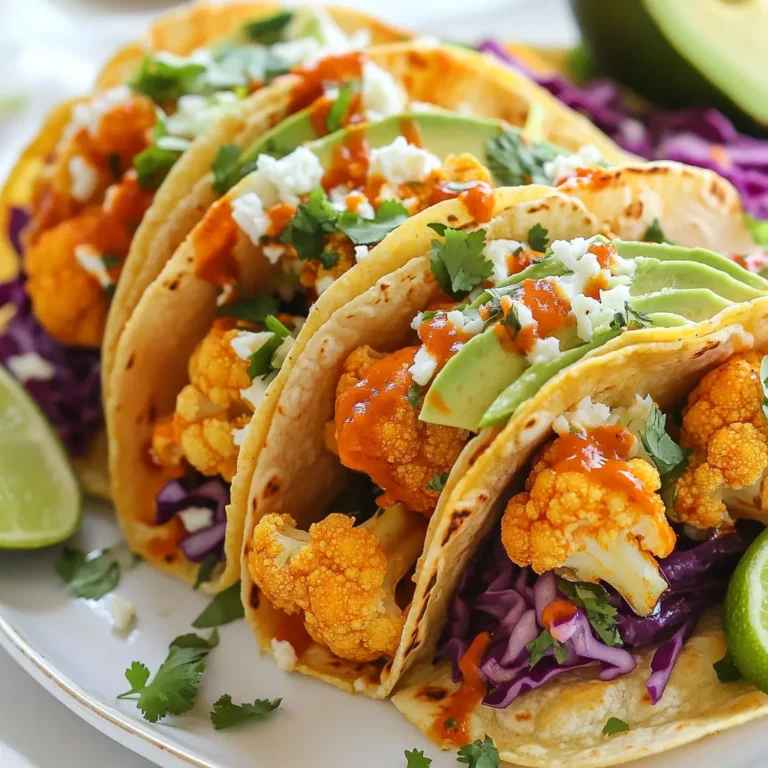 Um köstliche Buffalo Blumenkohl Tacos zuzubereiten, benötigen Sie folgende Zutaten: - 1 mittelgroßer Blumenkohl, in mundgerechte Röschen zerteilt - 1 Tasse Allzweckmehl - 1 Tasse Buttermilch (oder pflanzliche Milch für eine milchfreie Variante) - 1 Tasse Semmelbrösel (Panko empfohlen für extra Knusprigkeit) - 1 Esslöffel Knoblauchpulver - 1 Esslöffel Zwiebelpulver - 1 Teelöffel geräuchertes Paprikapulver - 1 Teelöffel Cayennepfeffer (nach Geschmack anpassen) - Salz und Pfeffer nach Geschmack - 1 Tasse Buffalo-Sauce - 8 kleine Maistortillas - 1 Avocado, in Scheiben geschnitten - 1 Tasse fein geschnittene rote Kohl - Frische Korianderblätter, zur Garnitur - Limettenspalten, zum Servieren Wenn Sie eine vegane oder glutenfreie Variante machen möchten, hier sind einige Tipps: - Ersetzen Sie die Buttermilch durch pflanzliche Milch wie Mandel- oder Sojamilch. - Verwenden Sie glutenfreies Mehl anstelle von Allzweckmehl. - Panko-Semmelbrösel gibt es auch in glutenfreier Form. Buffalo Blumenkohl Tacos schmecken am besten mit diesen Beilagen: - Guacamole für extra Cremigkeit - Salsa für frische Aromen - Ein einfacher grüner Salat zur Erfrischung - Mais oder Bohnen als gesunde Beilage Diese Zutaten machen die Tacos knusprig und voller Geschmack. Probieren Sie es aus und genießen Sie! {{ingredient_image_2}} Zuerst wähle einen mittelgroßen Blumenkohl. Teile ihn in kleine Röschen. Achte darauf, dass alle Stücke gleich groß sind. So garen sie gleichmäßig. Wasche die Röschen unter kaltem Wasser und lasse sie gut abtropfen. Dies ist wichtig, damit die Panade gut haftet. Jetzt kommt der lustige Teil: das Panieren! Bereite zwei Schalen vor. In der ersten Schale mische die trockenen Zutaten. Vermenge das Mehl, Knoblauchpulver, Zwiebelpulver, Paprika, Cayennepfeffer sowie Salz und Pfeffer. In der zweiten Schale gieße die Buttermilch. Tauche jedes Blumenkohlröschen zuerst in die Buttermilch. Danach wälze es in der Mehlmischung. Drücke leicht, damit die Panade gut haftet. Lege die panierten Röschen auf ein mit Backpapier ausgelegtes Blech. Heize den Ofen auf 220°C vor. Backe die Röschen etwa 25-30 Minuten. Wende sie nach der Hälfte der Zeit. So werden sie schön knusprig und goldbraun. Während sie backen, erwärme die Buffalo-Sauce in einem kleinen Topf. Wenn der Blumenkohl fertig ist, nimm ihn aus dem Ofen. Wälze die Röschen in der heißen Sauce. Das gibt den Tacos den perfekten Geschmack. Um den Blumenkohl richtig knusprig zu machen, ist die Vorbereitung wichtig. Achte darauf, die Röschen gut zu trocknen. Feuchtigkeit macht sie weich. Nutze die Mischung aus Mehl und Gewürzen. Diese hilft, eine knusprige Kruste zu bilden. Backe den Blumenkohl bei hoher Temperatur. 220°C sorgt für eine tolle Farbe und Textur. Wende die Röschen in der Mitte der Backzeit. So werden sie gleichmäßig knusprig. Panko ist die Geheimzutat für extra Crunch. Diese japanischen Semmelbrösel sind luftiger und grober. Sie machen die Kruste leichter und knuspriger. Wenn du die Röschen in Panko wälzt, drückt das die Brösel gut an. So bleibt der Crunch beim Backen erhalten. Wenn du keine Panko hast, nimm normale Semmelbrösel. Aber Panko ist die beste Wahl für diesen Effekt. Die Schärfe der Buffalo-Sauce kannst du anpassen. Wenn du es milder magst, benutze weniger Cayennepfeffer. Du kannst auch milde Sauce wählen. Für mehr Schärfe, füge einen Spritzer scharfe Sauce hinzu. Experimentiere mit verschiedenen Saucen. Jede bringt ihren eigenen Geschmack. So machst du die Tacos genau nach deinem Geschmack. Profi Tipps Röschen gleichmäßig schneiden: Achten Sie darauf, dass die Blumenkohlröschen gleichmäßig groß sind, damit sie gleichmäßig garen und knusprig werden. Buttermilch marinieren: Lassen Sie die Blumenkohlröschen mindestens 30 Minuten in der Buttermilch marinieren, um den Geschmack zu intensivieren und die Textur zu verbessern. Buffalo-Sauce variieren: Experimentieren Sie mit verschiedenen Buffalo-Saucen oder fügen Sie zusätzliche Gewürze hinzu, um den Schärfegrad nach Ihrem Geschmack anzupassen. Tacos frisch servieren: Servieren Sie die Tacos sofort nach dem Füllen, um die Knusprigkeit des Blumenkohls zu erhalten und das Geschmackserlebnis zu maximieren. {{image_4}} Ich liebe es, diese Tacos vegan zu machen. Statt Buttermilch nehme ich pflanzliche Milch, wie Mandel- oder Hafermilch. Das gibt mir die gleiche Cremigkeit. Der Rest des Rezepts bleibt gleich. Der Blumenkohl wird immer noch knusprig und lecker. Für glutenfreie Tacos benutze ich glutenfreies Mehl. Das funktioniert gut, um die Röschen zu panieren. Auch die Semmelbrösel können glutenfrei sein. Ich mag Panko, weil es extra knusprig wird. So bleibt der Genuss ohne Gluten. Ich füge gerne frische Avocadoscheiben hinzu. Sie bringen einen cremigen Kontrast zu den scharfen Aromen. Roter Kohl ist knackig und gibt Farbe. Koriander bringt ein frisches Aroma. Limettenspalten sind perfekt, um alles abzurunden. Sie geben einen spritzigen Kick. Um Ihre übrig gebliebenen Buffalo Blumenkohl Tacos aufzubewahren, legen Sie sie in einen luftdichten Behälter. Trennen Sie die Füllung von den Tortillas, um die Knusprigkeit zu erhalten. Legen Sie die Tacos in den Kühlschrank. Sie bleiben dort etwa 2 bis 3 Tage frisch. Für die Wiedererwärmung empfehle ich, die Tacos im Ofen zu machen. Heizen Sie den Ofen auf 180°C (350°F) vor. Legen Sie die Tacos auf ein Backblech und decken Sie sie locker mit Aluminiumfolie ab. Backen Sie sie etwa 10 bis 15 Minuten, bis sie heiß sind. So bleibt der Blumenkohl knusprig. Im Kühlschrank halten die Tacos 2 bis 3 Tage. Wenn Sie länger aufbewahren möchten, frieren Sie die Füllung ein. Die Füllung hält sich im Gefrierschrank bis zu 3 Monate. Zum Auftauen legen Sie sie einfach über Nacht in den Kühlschrank. Die Zubereitung der Buffalo Blumenkohl Tacos dauert etwa 45 Minuten. - 15 Minuten für die Vorbereitung. - 25 bis 30 Minuten zum Backen. Das ist schnell für so ein leckeres Gericht! Ja, du kannst die Buffalo-Sauce leicht selbst machen. - Mische 1 Tasse scharfe Soße mit 1/2 Tasse geschmolzener Butter. - Füge 1 Esslöffel Essig und 1 Teelöffel Knoblauchpulver hinzu. Rühre alles gut um. Diese Sauce gibt deinen Tacos einen tollen Kick! Gute Beilagen für diese Tacos sind: - Guacamole oder Avocado - Salsa - Ein frischer Salat Diese Beilagen ergänzen die Tacos perfekt und machen das Essen noch besser! Diese Anleitung hat Ihnen alles über Buffalo Blumenkohl Tacos gezeigt. Wir haben die Zutaten, die Schritt-für-Schritt-Anleitung und Tipps für knusprigen Blumenkohl behandelt. Denken Sie daran, dass Sie die Rezepte anpassen können. Experimentieren Sie mit verschiedenen Beilagen und Toppings für mehr Geschmack. Vergewissern Sie sich, übrig gebliebene Tacos richtig zu lagern, damit Sie sie später genießen können. Ich hoffe, diese Tipps helfen Ihnen, kreative und leckere Tacos zu kreieren. Viel Spaß beim Kochen!