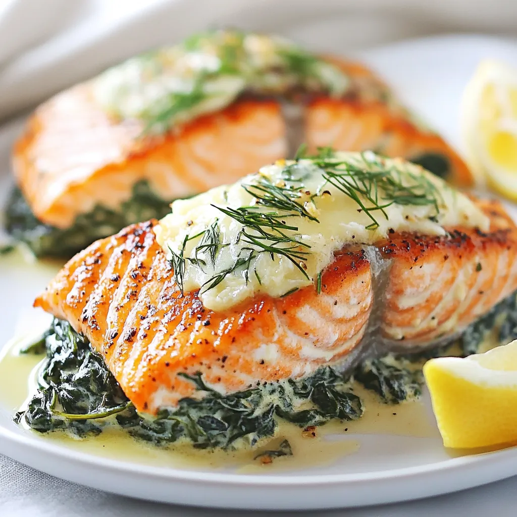 Die Hauptzutaten für dieses Gericht sind einfach und frisch. Sie benötigen: - 4 Lachsfilets (je 170 g) - 2 Tassen frischer Spinat, grob gehackt - 3 Knoblauchzehen, fein gehackt - 1 Tasse Frischkäse, weich - 1/4 Tasse geriebener Parmesan - 1/2 Teelöffel Zitronenschale - 1/4 Teelöffel schwarzer Pfeffer - 1/4 Teelöffel Salz - 2 Esslöffel Olivenöl - 1 Esslöffel frischer Dill, gehackt (optional) Diese Zutaten sorgen für einen tollen Geschmack. Der Spinat und Knoblauch bringen Frische und Aroma. Der Frischkäse macht die Füllung cremig. Kräuter und Gewürze sind wichtig. Sie heben den Geschmack des Lachses hervor. Ich empfehle frischen Dill. Er gibt einen tollen, frischeren Geschmack. Zitronenschale bringt einen Hauch von Säure. Das ist perfekt, um die Füllung ausgewogen zu machen. Verwenden Sie schwarzen Pfeffer und Salz für die Würze. Diese einfachen Zutaten machen einen großen Unterschied. Diese Zutaten sind nicht nur lecker, sondern auch gesund. Lachs ist reich an Omega-3-Fettsäuren. Diese sind gut für das Herz. Spinat ist voll von Vitaminen und Mineralien. Es enthält Eisen, das wichtig für die Gesundheit ist. Frischkäse und Parmesan bieten Protein, das für den Muskelaufbau wichtig ist. Wenn Sie alles zusammenbringen, erhalten Sie ein nahrhaftes und schmackhaftes Gericht. {{ingredient_image_2}} Zuerst müssen Sie alle Zutaten bereitstellen. Für cremigen gefüllten Lachs benötigen Sie: - 4 Lachsfilets (je 170 g) - 2 Tassen frischer Spinat, grob gehackt - 3 Knoblauchzehen, fein gehackt - 1 Tasse Frischkäse, weich - 1/4 Tasse geriebener Parmesan - 1/2 Teelöffel Zitronenschale - 1/4 Teelöffel schwarzer Pfeffer - 1/4 Teelöffel Salz - 2 Esslöffel Olivenöl - 1 Esslöffel frischer Dill, gehackt (optional) Stellen Sie sicher, dass alles frisch ist. Das hilft beim Geschmack. Heizen Sie den Ofen auf 190°C vor. In einer mittleren Pfanne erhitzen Sie 1 Esslöffel Olivenöl bei mittlerer Hitze. Fügen Sie die gehackten Knoblauchzehen hinzu. Braten Sie sie etwa 1 Minute lang an, bis sie gut riechen. Danach kommt der gehackte Spinat in die Pfanne. Braten Sie den Spinat 2-3 Minuten, bis er zusammenfällt. Nehmen Sie die Pfanne vom Herd und lassen Sie die Mischung einige Minuten abkühlen. In einer Rührschüssel mischen Sie nun den weichen Frischkäse, die abgekühlte Spinat-Knoblauch-Mischung, den geriebenen Parmesan, die Zitronenschale, den schwarzen Pfeffer und das Salz. Rühren Sie alles gut zusammen, bis es eine cremige Füllung gibt. Legen Sie die Lachsfilets auf ein Schneidebrett. Schneiden Sie mit einem scharfen Messer vorsichtig eine Tasche in jedes Filet. Seien Sie vorsichtig, damit Sie nicht durchschneiden. Füllen Sie jedes Lachsfilet großzügig mit der cremigen Spinatmischung. Erhitzen Sie das restliche Esslöffel Olivenöl in einer ofenfesten Pfanne bei mittlerer bis hoher Hitze. Legen Sie die gefüllten Lachsfilets mit der Hautseite nach unten in die Pfanne. Braten Sie sie etwa 3-4 Minuten an, bis die Haut knusprig ist. Stellen Sie die Pfanne in den vorgeheizten Ofen und backen Sie den Lachs weitere 10-12 Minuten. Er ist fertig, wenn er gut durchgegart ist und sich leicht mit einer Gabel zerteilen lässt. Falls gewünscht, können Sie den gefüllten Lachs kurz vor dem Servieren mit frischem Dill bestreuen. Das gibt einen tollen Geschmack! Um die beste Füllung zu machen, wähle frischen Spinat. Er gibt einen tollen Geschmack. Hacke den Spinat grob und achte darauf, ihn nicht zu lange zu braten. Er sollte leuchtend grün bleiben. Brate den Knoblauch für nur eine Minute. So bleibt er frisch und aromatisch. Vermische dann die Spinat-Knoblauch-Mischung mit dem Frischkäse und Parmesan. Rühre alles gut um, bis es cremig ist. Füge Zitronenschale, Pfeffer und Salz hinzu. Das gibt der Füllung einen tollen Kick. Die Haut des Lachses ist wichtig für den Geschmack. Erhitze eine ofenfeste Pfanne mit Olivenöl auf mittlerer bis hoher Hitze. Lege die gefüllten Lachsfilets mit der Hautseite nach unten in die Pfanne. Brate sie etwa 3-4 Minuten lang. So wird die Haut schön knusprig. Achte darauf, die Filets nicht zu oft zu bewegen. Das hilft, die Haut intakt zu halten. Nach dem Braten kommt der Lachs in den Ofen. So wird er gleichmäßig gar und bleibt saftig. Serviere die gefüllten Lachsfilets auf Quinoa oder Reis. Diese Beilagen passen gut zum Fisch. Du kannst auch frische Kräuter oder eine Zitronenscheibe danebenlegen. Das bringt Frische ins Gericht. Ein Hauch von Olivenöl darüber macht alles noch besser. Wenn du magst, bestreue den Lachs mit mehr Parmesan oder Dill. Das sieht nicht nur gut aus, sondern schmeckt auch toll. Pro Tipps Frische Zutaten verwenden: Achten Sie darauf, frischen Spinat und frischen Lachs zu verwenden, um den besten Geschmack und die beste Textur zu erzielen. Würzen nicht vergessen: Passen Sie die Gewürze nach Ihrem Geschmack an. Ein wenig mehr Zitronenschale oder frische Kräuter können das Gericht aufpeppen. Richtige Temperatur beachten: Vergewissern Sie sich, dass der Ofen gut vorgeheizt ist, um ein gleichmäßiges Garen des Lachses zu gewährleisten. Servieroptionen: Servieren Sie den gefüllten Lachs mit einer Beilage aus Gemüse oder einem frischen Salat für ein ausgewogenes und schmackhaftes Gericht. {{image_4}} Wenn Sie eine vegetarische Option suchen, können Sie den Lachs ganz ersetzen. Sie können große Portobello-Pilze verwenden. Diese Pilze haben eine fleischige Konsistenz. Füllen Sie die Pilze mit der gleichen Spinat-Knoblauch-Mischung. Backen Sie sie dann im Ofen, bis sie weich sind. Das gibt Ihnen ein tolles Gericht ohne Fisch. Wenn Sie Lachs nicht mögen, probieren Sie andere Fische. Forelle oder Kabeljau sind gute Alternativen. Beide Fische haben einen milden Geschmack. Schneiden Sie auch hier eine Tasche in die Filets. Füllen Sie sie dann mit der cremigen Spinatmischung. Achten Sie darauf, die Garzeit anzupassen, da dünnere Fische schneller garen. Möchten Sie etwas Schärfe? Fügen Sie gehackte Jalapeños oder rote Chiliflocken zur Füllung hinzu. Dies gibt dem Gericht eine aufregende Note. Sie können auch etwas scharfen Senf in die Füllung mischen. Diese Zutaten bringen mehr Geschmack und eine angenehme Wärme. Testen Sie es und finden Sie Ihre perfekte Mischung! Um die Reste von cremigem gefülltem Lachs gut zu lagern, verwenden Sie einen luftdichten Behälter. Lassen Sie den Lachs zuerst auf Zimmertemperatur abkühlen. Decken Sie den Behälter gut ab, um Feuchtigkeit und Gerüche zu vermeiden. So bleibt der Geschmack frisch und lecker. Wenn Sie die Reste aufwärmen, nutzen Sie den Ofen oder die Mikrowelle. Im Ofen sollten Sie den Lachs bei 180°C für etwa 10 Minuten aufwärmen. Dies hilft, die Textur zu bewahren. In der Mikrowelle stellen Sie die Leistung auf niedrig und erwärmen den Lachs in kurzen Intervallen von 30 Sekunden. Überprüfen Sie regelmäßig, damit er nicht zu trocken wird. Im Kühlschrank bleibt der gefüllte Lachs etwa 2 bis 3 Tage frisch. Achten Sie darauf, ihn in einem luftdichten Behälter zu lagern. So verhindern Sie, dass andere Gerüche eindringen. Wenn der Lachs schlecht riecht oder eine ungewöhnliche Farbe hat, werfen Sie ihn besser weg. Dies sorgt für Ihre Gesundheit und Sicherheit. Die Zubereitung von cremigem gefülltem Lachs dauert insgesamt etwa 30 Minuten. Davon sind 15 Minuten für die Vorbereitung nötig. Diese Zeit ist perfekt, um die Füllung und die Lachsfilets vorzubereiten. Wenn Sie alles gut planen, können Sie die Portionen schnell servieren. Ja, Sie können gefrorenen Lachs verwenden. Achten Sie darauf, ihn vorher gut aufzutauen. Am besten über Nacht im Kühlschrank. So bleibt der Lachs frisch und behält seinen Geschmack. Vermeiden Sie es, ihn in der Mikrowelle aufzutauen, da dies die Textur beeinträchtigen kann. Zu cremigem gefülltem Lachs passen viele Beilagen. Hier sind einige meiner Favoriten: - Quinoa: Diese Beilage hat einen nussigen Geschmack. - Reis: Basmati oder Jasminreis sind leicht und aromatisch. - Gedämpftes Gemüse: Brokkoli oder grüne Bohnen bringen Farbe auf den Teller. - Kartoffelpüree: Eine cremige Option, die gut mit dem Lachs harmoniert. Diese Beilagen ergänzen den Geschmack und machen das Gericht noch besser. In diesem Artikel haben wir die Hauptzutaten für cremig gefüllten Lachs behandelt. Du hast gelernt, wie du eine köstliche Spinatfüllung machst und den Fisch perfekt brätst. Ich habe dir einige nützliche Tipps und Variationen gegeben, um dein Gericht zu verbessern. Denke daran, wie wichtig die richtige Lagerung und Aufwärmung ist. Experimentiere mit Beilagen und genieße dein Gericht in vollen Zügen. Viel Spaß beim Kochen und Entdecken neuer Aromen!
