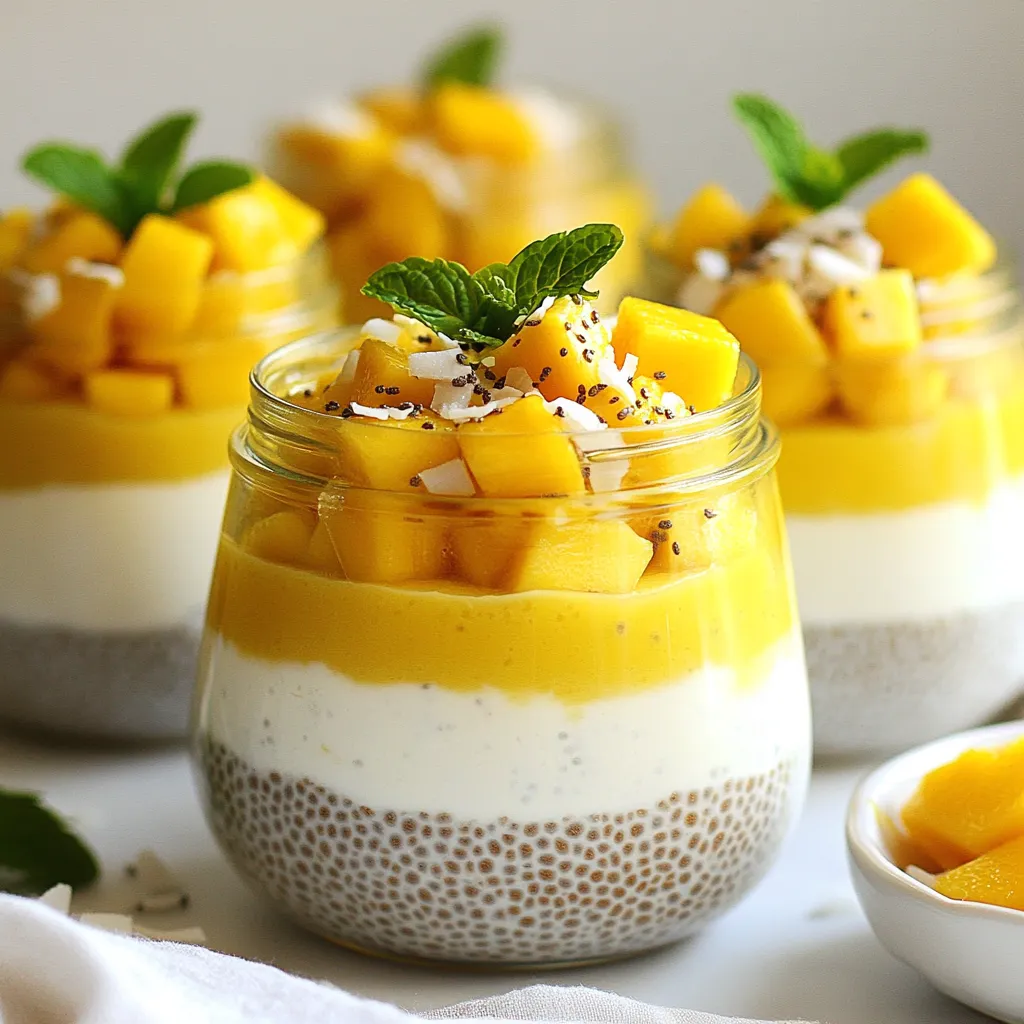 Um Mango Coconut Chia Pudding zu machen, brauchst du: - 1 Becher Kokosmilch (aus der Dose oder aus Karton) - 1/4 Becher Chiasamen - 2 Esslöffel Ahornsirup oder Honig - 1 reife Mango, gewürfelt - 1/2 Teelöffel Vanilleextrakt - Eine Prise Salz - Geröstete Kokosraspel zur Dekoration - Frische Minzblätter zur Dekoration Wähle frische und reife Mangos für den besten Geschmack. Sie sollten leicht weich sein, wenn du sie drückst. Achte darauf, dass die Kokosmilch von guter Qualität ist. Das macht einen großen Unterschied im Geschmack. Du kannst auch Bio-Chiasamen wählen, um die Nährstoffe zu maximieren. Du kannst den Süßstoff nach deinem Geschmack anpassen. Wenn du es süßer magst, füge mehr Ahornsirup oder Honig hinzu. Für einen zusätzlichen Kick kannst du etwas Limettensaft hinzufügen. Dies gibt dem Pudding eine frische Note. Wenn du keine Mango magst, probiere andere Früchte wie Beeren oder Pfirsiche. Das Rezept ist flexibel und lässt sich leicht anpassen! {{ingredient_image_2}} Zuerst nimmst du eine große Schüssel. Füge die Kokosmilch, Chiasamen, Ahornsirup und Vanilleextrakt hinzu. Gib auch eine Prise Salz dazu. Rühre alles gut um, bis die Zutaten gleichmäßig verteilt sind. Das ist wichtig, damit die Chiasamen nicht klumpen. Lass die Mischung dann für etwa 10 Minuten ruhen. Danach rührst du erneut um. So bleiben die Chiasamen locker. Jetzt deckst du die Schüssel ab. Stelle sie für mindestens 2 Stunden in den Kühlschrank. Du kannst den Pudding auch über Nacht stehen lassen. So nehmen die Chiasamen die Flüssigkeit auf und der Pudding wird fest. Nach der Kühlzeit nimmst du den Pudding heraus und rührst ihn wieder durch. Wenn du eine dünnere Konsistenz magst, füge etwas mehr Kokosmilch hinzu. So bekommst du die perfekte Textur. Für das Servieren nimmst du kleine Gläser oder Schalen. Schichte den Chia-Pudding hinein. Dann kommt eine dicke Schicht der gewürfelten Mango oben drauf. Zum Schluss streust du geröstete Kokosraspel und frische Minzblätter darüber. Das sieht nicht nur schön aus, sondern schmeckt auch lecker. Die Minze gibt einen frischen Kick. Die perfekte Konsistenz ist wichtig. Beginne mit einem Verhältnis von 1:4. Das heißt, für jede 1/4 Tasse Chiasamen brauchst du 1 Tasse Flüssigkeit. Kokosmilch macht den Pudding cremig. Lass die Mischung mindestens zwei Stunden im Kühlschrank. So können die Chiasamen quellen und die Flüssigkeit aufnehmen. Wenn du eine dickere Konsistenz magst, lass ihn länger stehen. Möchtest du ihn dünner? Füge einfach mehr Kokosmilch hinzu. Du kannst den Geschmack nach Belieben anpassen. Probiere andere Süßungsmittel wie Agavendicksaft oder Stevia. Ein Teelöffel Zimt kann eine leckere Note bringen. Für mehr Frische füge Limetten- oder Zitronensaft hinzu. Du magst es fruchtig? Mische Beeren oder andere Früchte unter. Das gibt Farbe und Geschmack. Experimentiere mit Nüssen oder Samen für mehr Crunch. Ein häufiger Fehler ist, die Chiasamen nicht gut zu vermischen. Das führt zu Klumpen. Rühre die Mischung gut um und lasse sie dann ruhen. Das verhindert Klumpenbildung. Achte darauf, die Mischung lange genug kühl zu stellen. Wenn du zu früh servierst, bleibt der Pudding flüssig. Ein weiterer Fehler ist, die Portionen nicht zu schichten. Das sieht nicht nur besser aus, sondern macht das Essen auch spannender. Pro Tipps Mango richtig auswählen: Wählen Sie eine reife Mango, die leicht auf Druck nachgibt und einen süßen Duft verströmt, um den besten Geschmack zu erzielen. Chiasamen einweichen: Achten Sie darauf, die Chiasamen gründlich zu umrühren und regelmäßig zu kontrollieren, um Klumpenbildung zu vermeiden und eine gleichmäßige Konsistenz zu erreichen. Variationen ausprobieren: Experimentieren Sie mit verschiedenen Früchten wie Ananas oder Beeren, um Ihren Chia-Pudding abwechslungsreicher zu gestalten und neue Geschmäcker zu entdecken. Kokosraspel rösten: Rösten Sie die Kokosraspel in einer trockenen Pfanne, um ihren Geschmack zu intensivieren und eine knusprige Textur zu erhalten, die dem Pudding zusätzlichen Biss verleiht. {{image_4}} Du kannst viele Früchte für deinen Chia-Pudding verwenden. Beeren sind eine tolle Wahl. Himbeeren und Blaubeeren passen gut zu Kokosnuss. Auch Bananen geben eine süße Note. Wenn du es exotisch magst, probiere Ananas oder Kiwi aus. Diese Früchte bringen frische Aromen. Du kannst sie in Stücke schneiden und direkt in den Pudding geben. Für eine vegane Version kannst du Ahornsirup oder Agavendicksaft verwenden. Diese Süßstoffe sind pflanzlich und lecker. Wenn du zuckerfrei bleiben willst, nimm einfach reife Bananen oder Datteln. Püriere die Datteln und rühre sie in die Mischung. So bleibt der Pudding süß und gesund. Achte darauf, dass deine Kokosmilch ungesüßt ist. Möchtest du deinen Pudding aufpeppen? Füge Superfoods hinzu! Spirulina gibt einen schönen Farbton und viele Nährstoffe. Matcha ist eine weitere Option und sorgt für einen tollen Geschmack. Du kannst auch Nüsse wie Mandeln oder Walnüsse hinzufügen. Diese geben Crunch und gesunde Fette. Probiere auch Hanfsamen für einen zusätzlichen Proteinschub. Um den Mango Kokosnuss Chia-Pudding frisch zu halten, lagern Sie ihn im Kühlschrank. Verwenden Sie einen luftdichten Behälter. Dies schützt vor Gerüchen und hält den Pudding länger haltbar. Achten Sie darauf, dass der Pudding gut abgedeckt ist. So bleibt die Konsistenz angenehm und cremig. Der Chia-Pudding bleibt bis zu fünf Tage im Kühlschrank frisch. Wenn Sie ihn länger aufbewahren, kann die Textur leiden. Überprüfen Sie vor dem Verzehr immer den Geruch und die Farbe. Wenn etwas seltsam aussieht, werfen Sie es besser weg. Sie können Reste einfach neu anrichten. Fügen Sie frisches Obst oder Nüsse hinzu. Ein Spritzer Kokosmilch kann die Konsistenz verbessern. Nutzen Sie den Pudding auch in Smoothies oder als Topping für Joghurt. Das macht ihn vielseitig und lecker. Der Chia-Pudding muss mindestens 2 Stunden im Kühlschrank stehen. So können die Chiasamen die Flüssigkeit aufnehmen. Für beste Ergebnisse lasse ihn über Nacht kühlen. So wird er noch fester und cremiger. Ja, du kannst gefrorene Mango verwenden. Achte darauf, sie vorher aufzutauen. Wenn du gefrorene Mango nutzt, wird der Pudding etwas kühler und erfrischender. Das ist perfekt für heiße Tage. Chia-Pudding ist sehr gesund. Chiasamen sind reich an Ballaststoffen und Omega-3-Fettsäuren. Sie helfen, den Körper mit wichtigen Nährstoffen zu versorgen. Zudem enthält Kokosmilch gesunde Fette. Diese Kombination macht den Pudding nahrhaft und lecker. In diesem Blogbeitrag haben wir die wichtigsten Zutaten für Mango Kokosnuss Chia-Pudding behandelt. Wir haben gesehen, wie man die Mischung zubereitet, die Kühlzeit anpasst und den Pudding perfekt serviert. Du hast auch Tipps für die ideale Konsistenz und mögliche Variationen entdeckt. Achte darauf, die Lagerung richtig zu handhaben, um die Frische zu bewahren. Chia-Pudding ist vielfältig und gesund, ideal für jeden Tag. Nutze die Ideen, um deinen eigenen Pudding zu kreieren und zu genießen.