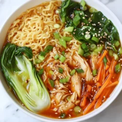 Für ein köstliches Gericht brauchst du folgende Hauptzutaten: - 2 Hähnchenoberschenkel, entbeint und ohne Haut - 2 Esslöffel Sesamöl - 1 Esslöffel Sojasauce - 1 Esslöffel Gochujang (koreanische Chilipaste) - 1 Teelöffel Honig - 4 Tassen Hühnerbrühe - 2 Portionen Ramen-Nudeln - 1 Tasse Bok Choy, gehackt - 1 Karotte, in dünne Streifen geschnitten - 2 Frühlingszwiebeln, gehackt - 2 Knoblauchzehen, gehackt - 1 Teelöffel Ingwer, gerieben - 1 Esslöffel Sesamsamen - Salz und Pfeffer nach Geschmack Die Gewürze und aromatischen Zutaten machen dein Gericht besonders. Gochujang gibt Schärfe und Tiefe. Knoblauch und Ingwer sorgen für einen tollen Geschmack. Sojasauce bringt Umami und die richtige Würze. Mit Honig fügst du eine süße Note hinzu. Diese Kombination macht das Gericht einzigartig und lecker. Um deine Ramen noch besser zu machen, kannst du folgende Beilagen und Garnierungen verwenden: - Geschnittene Frühlingszwiebeln für Frische - Geröstete Sesamsamen für Crunch - Ein paar Scheiben frischer Chili für mehr Schärfe - Ein weich gekochtes Ei für zusätzliche Cremigkeit Diese Extras machen deine würzigen Sesam-Hühnchen Ramen noch schmackhafter. Probiere es aus und genieße jede Schüssel! {{ingredient_image_2}} Zuerst müssen wir das Hähnchen marinieren. Nimm eine Schüssel und mische die Sojasauce, Gochujang, Honig, Salz und Pfeffer. Rühre gut, bis alles vermischt ist. Füge dann die Hähnchenoberschenkel hinzu. Stelle sicher, dass das Hühnchen gut mit der Marinade bedeckt ist. Decke die Schüssel ab und lege sie für mindestens 30 Minuten in den Kühlschrank. Diese Zeit hilft, die Aromen einzuziehen. Erhitze in einem großen Topf das Sesamöl bei mittlerer Hitze. Füge den gehackten Knoblauch und den geriebenen Ingwer hinzu. Brate sie für etwa eine Minute an, bis sie duften. Nimm das marinierte Hähnchen aus dem Kühlschrank und lege es in den Topf. Brate es auf beiden Seiten für 5 bis 7 Minuten, bis es goldbraun ist. Danach nimm das Hühnchen heraus und stelle es beiseite. Gieße jetzt die Hühnerbrühe in den Topf. Lass sie zum Köcheln bringen. Füge den gehackten Bok Choy und die Karottenstreifen hinzu. Koche das Gemüse für 5 bis 7 Minuten, bis es zart ist. Während das Gemüse kocht, koche die Ramen-Nudeln nach Packungsanweisung. Gieße sie ab und stelle sie beiseite. Zerkleinere die gekochten Hähnchenoberschenkel mit zwei Gabeln. Gib sie zurück in den Topf und rühre gut um. Jetzt ist es Zeit, die Ramen anzurichten. Nimm eine Schale und lege die gekochten Nudeln hinein. Schöpfe die heiße Brühe mit dem Gemüse darüber. Garniere das Gericht mit gehackten Frühlingszwiebeln und einem Sprinkler Sesamsamen. Fertig ist dein würziges Sesam-Hühnchen Ramen! Um die Brühe perfekt zu machen, verwenden Sie frische Hühnerbrühe. Sie bringt den besten Geschmack. Kochen Sie die Brühe sanft, damit sie klar bleibt. Vermeiden Sie starkes Kochen, da dies die Brühe trüben kann. Fügen Sie das Gemüse erst später hinzu, damit es knackig bleibt. So bleibt die Textur angenehm. Ein häufiger Fehler ist, das Hühnchen zu lange zu braten. Es sollte goldbraun, aber nicht trocken sein. Achten Sie darauf, die Brühe nicht zu salzig zu machen. Beginnen Sie mit weniger Salz und fügen Sie bei Bedarf mehr hinzu. Überkochen Sie die Ramen-Nudeln nicht. Sie sollten al dente sein. Das sorgt für den besten Biss. Die Schärfe können Sie leicht anpassen. Verwenden Sie mehr oder weniger Gochujang, je nach Vorliebe. Für eine milde Variante können Sie die Chilipaste ganz weglassen. Fügen Sie frische Chilis für mehr Hitze hinzu. Sie können auch Chili-Flocken verwenden, um den Schärfegrad zu verändern. Experimentieren Sie, bis es perfekt für Ihren Geschmack ist! Pro Tipps Marinade gut einziehen lassen: Lassen Sie das Hühnchen mindestens 30 Minuten in der Marinade, damit die Aromen richtig eindringen können. Hühnchen richtig anbraten: Braten Sie das Hühnchen bei mittlerer Hitze an, bis es goldbraun ist, um eine schöne Kruste zu erzielen. Brühe nach Geschmack anpassen: Probieren Sie die Hühnerbrühe und passen Sie die Gewürze nach Ihrem Geschmack an, bevor Sie das Gemüse hinzufügen. Frisches Gemüse verwenden: Verwenden Sie frisches Gemüse für die beste Textur und Geschmack in Ihrem Ramen. {{image_4}} Wenn du eine vegetarische Variante der würzigen Sesam-Hühnchen Ramen probieren möchtest, ersetze einfach das Hühnchen durch Tofu. Wähle festen Tofu und schneide ihn in Würfel. Mariniere den Tofu genau wie das Hühnchen, damit er die Aromen aufnimmt. Brate ihn dann in Sesamöl an, bis er goldbraun ist. Diese Option bietet einen köstlichen Geschmack und eine tolle Textur. Eine weitere Möglichkeit, deine Ramen zu variieren, ist die Zugabe von mehr Gemüse. Versuche, zusätzlich Zucchini, Paprika oder Pilze hinzuzufügen. Diese Gemüsesorten bringen Farbe und Nährstoffe. Schneide sie in dünne Stücke und füge sie zusammen mit dem Bok Choy und den Karotten in die Brühe. So wird deine Ramen noch gesünder und schmackhafter. Für eine interessante Geschmackskombination kannst du süße und herzhafte Zutaten mischen. Füge zum Beispiel etwas Ananas oder Mangostückchen hinzu. Diese Früchte bringen eine süße Note, die gut mit der Schärfe der Brühe harmoniert. Du kannst auch einen Spritzer Limettensaft hinzufügen, um den Geschmack aufzufrischen. Experimentiere mit verschiedenen Kombinationen, um deine perfekte Mischung zu finden. Um deine würzige Sesam-Hühnchen Ramen richtig aufzubewahren, lass sie zuerst abkühlen. Fülle die Ramen in einen luftdichten Behälter. Achte darauf, die Nudeln von der Brühe zu trennen. So bleiben sie nicht matschig. Du kannst die Brühe in einem separaten Behälter aufbewahren. Stelle den Behälter in den Kühlschrank. So bleibt alles frisch für bis zu drei Tage. Wenn du deine Ramen aufwärmst, nutze einen Topf. Gieße die Brühe in den Topf und erhitze sie langsam. Füge die Nudeln und das Gemüse hinzu. Rühre alles gut um, damit es gleichmäßig warm wird. Du kannst auch etwas Wasser hinzufügen, wenn die Brühe zu dick wird. So bleibt der Geschmack frisch und lecker. Die Zutaten haben unterschiedliche Haltbarkeiten. Frisches Gemüse wie Bok Choy und Karotten hält sich etwa eine Woche im Kühlschrank. Hähnchenfleisch sollte innerhalb von zwei Tagen verwendet werden. Gochujang und Sesamöl haben eine längere Haltbarkeit. Sie können Monate im Kühlschrank bleiben. Achte darauf, die Verpackungen gut zu verschließen, um die Frische zu sichern. Ja, du kannst Gochujang durch Sriracha oder Chili-Paste ersetzen. Diese Alternativen bieten eine ähnliche Schärfe. Gochujang hat jedoch einen besonderen, süßlichen Geschmack. Wenn du Sriracha verwendest, füge einen kleinen Löffel Honig hinzu. So erreichst du eine ähnliche Süße. Die Zubereitung dauert insgesamt etwa eine Stunde. Du benötigst 30 Minuten für die Marinade und das Hähnchen. Das Kochen der Brühe und des Gemüses dauert etwa 20 Minuten. Schließlich kochst du die Ramen-Nudeln in 5-7 Minuten. Zu dieser Ramen-Suppe passen viele Beilagen. Einige gute Optionen sind: - Gedämpfte Edamame - Knusprige Frühlingsrollen - Ein einfacher grüner Salat - Gebratene Tofu-Würfel Diese Beilagen ergänzen die würzige Suppe und bringen mehr Textur ins Essen. In diesem Blogpost haben wir die wichtigen Zutaten für würzige Sesam-Hühnchen Ramen behandelt. Wir schauten uns die Schritte zur Zubereitung an und gaben Tipps zur perfekten Brühe. Variationen wie vegetarische Alternativen und Aufbewahrungshinweise rundeten das Thema ab. Denke daran, dass Ramen einfach ist, aber viel Spaß macht. Du kannst es an deinen Geschmack anpassen. Probiere verschiedene Beilagen und genieße jede Schüssel!