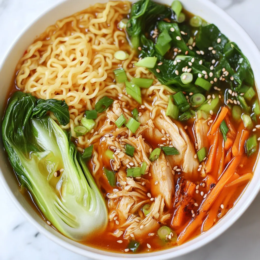 Für ein köstliches Gericht brauchst du folgende Hauptzutaten: - 2 Hähnchenoberschenkel, entbeint und ohne Haut - 2 Esslöffel Sesamöl - 1 Esslöffel Sojasauce - 1 Esslöffel Gochujang (koreanische Chilipaste) - 1 Teelöffel Honig - 4 Tassen Hühnerbrühe - 2 Portionen Ramen-Nudeln - 1 Tasse Bok Choy, gehackt - 1 Karotte, in dünne Streifen geschnitten - 2 Frühlingszwiebeln, gehackt - 2 Knoblauchzehen, gehackt - 1 Teelöffel Ingwer, gerieben - 1 Esslöffel Sesamsamen - Salz und Pfeffer nach Geschmack Die Gewürze und aromatischen Zutaten machen dein Gericht besonders. Gochujang gibt Schärfe und Tiefe. Knoblauch und Ingwer sorgen für einen tollen Geschmack. Sojasauce bringt Umami und die richtige Würze. Mit Honig fügst du eine süße Note hinzu. Diese Kombination macht das Gericht einzigartig und lecker. Um deine Ramen noch besser zu machen, kannst du folgende Beilagen und Garnierungen verwenden: - Geschnittene Frühlingszwiebeln für Frische - Geröstete Sesamsamen für Crunch - Ein paar Scheiben frischer Chili für mehr Schärfe - Ein weich gekochtes Ei für zusätzliche Cremigkeit Diese Extras machen deine würzigen Sesam-Hühnchen Ramen noch schmackhafter. Probiere es aus und genieße jede Schüssel! {{ingredient_image_2}} Zuerst müssen wir das Hähnchen marinieren. Nimm eine Schüssel und mische die Sojasauce, Gochujang, Honig, Salz und Pfeffer. Rühre gut, bis alles vermischt ist. Füge dann die Hähnchenoberschenkel hinzu. Stelle sicher, dass das Hühnchen gut mit der Marinade bedeckt ist. Decke die Schüssel ab und lege sie für mindestens 30 Minuten in den Kühlschrank. Diese Zeit hilft, die Aromen einzuziehen. Erhitze in einem großen Topf das Sesamöl bei mittlerer Hitze. Füge den gehackten Knoblauch und den geriebenen Ingwer hinzu. Brate sie für etwa eine Minute an, bis sie duften. Nimm das marinierte Hähnchen aus dem Kühlschrank und lege es in den Topf. Brate es auf beiden Seiten für 5 bis 7 Minuten, bis es goldbraun ist. Danach nimm das Hühnchen heraus und stelle es beiseite. Gieße jetzt die Hühnerbrühe in den Topf. Lass sie zum Köcheln bringen. Füge den gehackten Bok Choy und die Karottenstreifen hinzu. Koche das Gemüse für 5 bis 7 Minuten, bis es zart ist. Während das Gemüse kocht, koche die Ramen-Nudeln nach Packungsanweisung. Gieße sie ab und stelle sie beiseite. Zerkleinere die gekochten Hähnchenoberschenkel mit zwei Gabeln. Gib sie zurück in den Topf und rühre gut um. Jetzt ist es Zeit, die Ramen anzurichten. Nimm eine Schale und lege die gekochten Nudeln hinein. Schöpfe die heiße Brühe mit dem Gemüse darüber. Garniere das Gericht mit gehackten Frühlingszwiebeln und einem Sprinkler Sesamsamen. Fertig ist dein würziges Sesam-Hühnchen Ramen! Um die Brühe perfekt zu machen, verwenden Sie frische Hühnerbrühe. Sie bringt den besten Geschmack. Kochen Sie die Brühe sanft, damit sie klar bleibt. Vermeiden Sie starkes Kochen, da dies die Brühe trüben kann. Fügen Sie das Gemüse erst später hinzu, damit es knackig bleibt. So bleibt die Textur angenehm. Ein häufiger Fehler ist, das Hühnchen zu lange zu braten. Es sollte goldbraun, aber nicht trocken sein. Achten Sie darauf, die Brühe nicht zu salzig zu machen. Beginnen Sie mit weniger Salz und fügen Sie bei Bedarf mehr hinzu. Überkochen Sie die Ramen-Nudeln nicht. Sie sollten al dente sein. Das sorgt für den besten Biss. Die Schärfe können Sie leicht anpassen. Verwenden Sie mehr oder weniger Gochujang, je nach Vorliebe. Für eine milde Variante können Sie die Chilipaste ganz weglassen. Fügen Sie frische Chilis für mehr Hitze hinzu. Sie können auch Chili-Flocken verwenden, um den Schärfegrad zu verändern. Experimentieren Sie, bis es perfekt für Ihren Geschmack ist! Pro Tipps Marinade gut einziehen lassen: Lassen Sie das Hühnchen mindestens 30 Minuten in der Marinade, damit die Aromen richtig eindringen können. Hühnchen richtig anbraten: Braten Sie das Hühnchen bei mittlerer Hitze an, bis es goldbraun ist, um eine schöne Kruste zu erzielen. Brühe nach Geschmack anpassen: Probieren Sie die Hühnerbrühe und passen Sie die Gewürze nach Ihrem Geschmack an, bevor Sie das Gemüse hinzufügen. Frisches Gemüse verwenden: Verwenden Sie frisches Gemüse für die beste Textur und Geschmack in Ihrem Ramen. {{image_4}} Wenn du eine vegetarische Variante der würzigen Sesam-Hühnchen Ramen probieren möchtest, ersetze einfach das Hühnchen durch Tofu. Wähle festen Tofu und schneide ihn in Würfel. Mariniere den Tofu genau wie das Hühnchen, damit er die Aromen aufnimmt. Brate ihn dann in Sesamöl an, bis er goldbraun ist. Diese Option bietet einen köstlichen Geschmack und eine tolle Textur. Eine weitere Möglichkeit, deine Ramen zu variieren, ist die Zugabe von mehr Gemüse. Versuche, zusätzlich Zucchini, Paprika oder Pilze hinzuzufügen. Diese Gemüsesorten bringen Farbe und Nährstoffe. Schneide sie in dünne Stücke und füge sie zusammen mit dem Bok Choy und den Karotten in die Brühe. So wird deine Ramen noch gesünder und schmackhafter. Für eine interessante Geschmackskombination kannst du süße und herzhafte Zutaten mischen. Füge zum Beispiel etwas Ananas oder Mangostückchen hinzu. Diese Früchte bringen eine süße Note, die gut mit der Schärfe der Brühe harmoniert. Du kannst auch einen Spritzer Limettensaft hinzufügen, um den Geschmack aufzufrischen. Experimentiere mit verschiedenen Kombinationen, um deine perfekte Mischung zu finden. Um deine würzige Sesam-Hühnchen Ramen richtig aufzubewahren, lass sie zuerst abkühlen. Fülle die Ramen in einen luftdichten Behälter. Achte darauf, die Nudeln von der Brühe zu trennen. So bleiben sie nicht matschig. Du kannst die Brühe in einem separaten Behälter aufbewahren. Stelle den Behälter in den Kühlschrank. So bleibt alles frisch für bis zu drei Tage. Wenn du deine Ramen aufwärmst, nutze einen Topf. Gieße die Brühe in den Topf und erhitze sie langsam. Füge die Nudeln und das Gemüse hinzu. Rühre alles gut um, damit es gleichmäßig warm wird. Du kannst auch etwas Wasser hinzufügen, wenn die Brühe zu dick wird. So bleibt der Geschmack frisch und lecker. Die Zutaten haben unterschiedliche Haltbarkeiten. Frisches Gemüse wie Bok Choy und Karotten hält sich etwa eine Woche im Kühlschrank. Hähnchenfleisch sollte innerhalb von zwei Tagen verwendet werden. Gochujang und Sesamöl haben eine längere Haltbarkeit. Sie können Monate im Kühlschrank bleiben. Achte darauf, die Verpackungen gut zu verschließen, um die Frische zu sichern. Ja, du kannst Gochujang durch Sriracha oder Chili-Paste ersetzen. Diese Alternativen bieten eine ähnliche Schärfe. Gochujang hat jedoch einen besonderen, süßlichen Geschmack. Wenn du Sriracha verwendest, füge einen kleinen Löffel Honig hinzu. So erreichst du eine ähnliche Süße. Die Zubereitung dauert insgesamt etwa eine Stunde. Du benötigst 30 Minuten für die Marinade und das Hähnchen. Das Kochen der Brühe und des Gemüses dauert etwa 20 Minuten. Schließlich kochst du die Ramen-Nudeln in 5-7 Minuten. Zu dieser Ramen-Suppe passen viele Beilagen. Einige gute Optionen sind: - Gedämpfte Edamame - Knusprige Frühlingsrollen - Ein einfacher grüner Salat - Gebratene Tofu-Würfel Diese Beilagen ergänzen die würzige Suppe und bringen mehr Textur ins Essen. In diesem Blogpost haben wir die wichtigen Zutaten für würzige Sesam-Hühnchen Ramen behandelt. Wir schauten uns die Schritte zur Zubereitung an und gaben Tipps zur perfekten Brühe. Variationen wie vegetarische Alternativen und Aufbewahrungshinweise rundeten das Thema ab. Denke daran, dass Ramen einfach ist, aber viel Spaß macht. Du kannst es an deinen Geschmack anpassen. Probiere verschiedene Beilagen und genieße jede Schüssel!