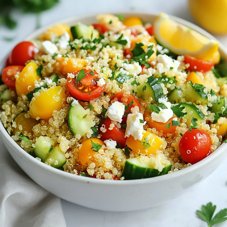 Für diesen Salat brauchst du folgende Hauptzutaten: - 1 Tasse Quinoa, gründlich gewaschen - 2 Tassen Wasser oder Gemüsebrühe - 1 Tasse Kirschtomaten, halbiert - 1 Gurke, gewürfelt - 1 Paprika (nach Wahl), gewürfelt - 1/4 Tasse rote Zwiebel, fein gehackt - 1/4 Tasse frische Petersilie, gehackt Quinoa ist ein tolles Getreide. Es ist reich an Eiweiß und hat viele Nährstoffe. Die Kirschtomaten bringen Süße. Gurken und Paprika geben Frische und Crunch. Feta-Käse ist eine leckere Ergänzung für diesen Salat, aber nicht nötig. Du kannst ihn auch weglassen, wenn du vegan bleiben möchtest. Wenn du ihn verwendest, hier sind einige Tipps: - Wähle einen guten, frischen Feta. - Bröckele ihn klein, damit er sich gut verteilt. - Du kannst ihn auch durch einen veganen Käse ersetzen. Feta gibt dem Salat einen salzigen Geschmack. Es ergänzt die Zitrone und den Knoblauch sehr gut. Das Dressing ist einfach und schnell gemacht. Du brauchst: - 3 Esslöffel Olivenöl - Saft von 1 Zitrone - 2 Knoblauchzehen, fein gehackt - Salz und Pfeffer nach Geschmack Das Olivenöl sorgt für eine glatte Textur. Der Zitronensaft bringt Frische und Säure. Der Knoblauch gibt einen starken, würzigen Geschmack. Salz und Pfeffer helfen, die Aromen zu verstärken. Zusammen machen diese Zutaten den Zitronen-Knoblauch-Quinoa-Salat zu einem nahrhaften und leckeren Gericht. {{ingredient_image_2}} Um Quinoa perfekt zu kochen, waschen Sie zuerst eine Tasse Quinoa gründlich. Nehmen Sie dann einen mittelgroßen Topf. Geben Sie die gewaschene Quinoa mit zwei Tassen Wasser oder Gemüsebrühe hinein. Erhitzen Sie den Topf bei mittlerer bis hoher Hitze, bis die Mischung kocht. Wenn das Wasser kocht, reduzieren Sie die Hitze und decken den Topf ab. Lassen Sie die Quinoa etwa 15 Minuten köcheln. Die Quinoa ist fertig, wenn sie locker und die Flüssigkeit vollständig aufgenommen ist. Nehmen Sie den Topf dann vom Herd und lassen Sie die Quinoa abkühlen. Während die Quinoa kocht, können Sie das Gemüse vorbereiten. Nehmen Sie eine große Schüssel. Schneiden Sie eine Tasse Kirschtomaten in zwei Hälften. Würfeln Sie eine Gurke und eine Paprika. Hacken Sie eine Viertel Tasse rote Zwiebel fein. Fügen Sie auch eine Viertel Tasse frische Petersilie hinzu. Mischen Sie dann alles vorsichtig in der Schüssel. Diese frischen Zutaten geben dem Salat Farbe und Geschmack. Jetzt bereiten Sie das Dressing vor. Nehmen Sie eine kleine Schüssel. Mischen Sie drei Esslöffel Olivenöl, den Saft von einer Zitrone, zwei fein gehackte Knoblauchzehen sowie Salz und Pfeffer nach Geschmack. Rühren Sie alles gut um. Wenn die Quinoa abgekühlt ist, lockern Sie sie mit einer Gabel auf. Geben Sie die Quinoa in die große Schüssel mit dem Gemüse. Gießen Sie das Dressing über die Mischung. Vermengen Sie alles vorsichtig. Wenn Sie Feta-Käse verwenden, streuen Sie ihn zuletzt über den Salat. Rühren Sie sanft um und schmecken Sie ab. Fügen Sie bei Bedarf mehr Salz, Pfeffer oder Zitronensaft hinzu. Um Quinoa perfekt zuzubereiten, waschen Sie die Körner gründlich. Das entfernt Bitterstoffe. Nehmen Sie dann zwei Tassen Wasser oder Gemüsebrühe für jede Tasse Quinoa. Bringen Sie die Mischung zum Kochen. Reduzieren Sie die Hitze und decken Sie den Topf ab. Lassen Sie die Quinoa 15 Minuten köcheln. Sie ist fertig, wenn das Wasser aufgesogen ist und die Körner locker sind. Fühlen Sie sich frei, Ihr Gemüse zu variieren! Probieren Sie Karotten, Zucchini oder sogar Spinat. Diese geben dem Salat zusätzliche Farbe und Textur. Auch Avocado kann eine cremige Note hinzufügen. Seien Sie kreativ und nutzen Sie, was Sie mögen oder zur Hand haben. Servieren Sie den Salat in einer großen Schüssel oder auf individuellen Tellern. Garnieren Sie ihn mit frischer Petersilie. Ein paar Zitronenscheiben neben dem Salat machen das Gericht einladend. Achten Sie darauf, den Salat gut zu vermischen, bevor Sie ihn servieren. So sieht er frisch und lecker aus! Pro Tipps Quinoa richtig kochen: Stellen Sie sicher, dass die Quinoa gut gewaschen ist, um Bitterstoffe zu entfernen, die den Geschmack beeinträchtigen können. Frische Zutaten verwenden: Je frischer die Gemüse sind, desto besser wird der Geschmack des Salats. Saisonale und lokale Produkte sind die besten Optionen. Dressing anpassen: Passen Sie die Menge an Zitronensaft und Olivenöl an Ihren persönlichen Geschmack an. Fügen Sie mehr Zitronensaft hinzu, wenn Sie es frischer mögen. Vorsicht beim Feta: Wenn Sie Feta verwenden, fügen Sie ihn zum Schluss hinzu, damit er nicht zerfällt und der Salat eine schöne Textur behält. {{image_4}} Dieser Salat ist von Natur aus vegetarisch. Um ihn vegan zu machen, lasse den Feta-Käse weg oder verwende einen pflanzlichen Käse. Du kannst auch geröstete Nüsse oder Samen hinzufügen. Diese geben einen tollen Crunch und mehr Nährstoffe. Wenn du mehr Protein willst, füge Kichererbsen oder schwarze Bohnen hinzu. Diese Hülsenfrüchte sind nährstoffreich und passen gut zu diesem Salat. Du kannst auch Tofu oder Tempeh verwenden, um eine herzhaftere Option zu schaffen. Achte darauf, sie vorher gut zu würzen. Nutze die frischen Zutaten der Saison! Im Frühling sind Spargel und Radieschen lecker. Im Sommer kannst du Zucchini oder frische Erbsen verwenden. Herbst und Winter bieten Kürbis oder geröstete Rüben. Diese Variationen bringen verschiedene Geschmäcker und Farben in deinen Salat. Wenn Sie den Zitronen-Knoblauch-Quinoa-Salat zubereiten, ist die Lagerung wichtig. Dieser Salat bleibt frisch, wenn Sie ihn in den Kühlschrank stellen. Stellen Sie sicher, dass der Salat in einem luftdichten Behälter ist. So bleibt der Geschmack besser erhalten. Im Kühlschrank hält er sich bis zu drei Tage. Achten Sie darauf, den Salat nicht zu lange stehen zu lassen. Je frischer er ist, desto besser schmeckt er. Wenn Sie ihn länger aufbewahren, wird das Gemüse weich. Fügen Sie das Dressing erst kurz vor dem Servieren hinzu. So bleibt alles knackig und frisch. Verwenden Sie Glasbehälter oder Plastikbehälter mit einem guten Verschluss. Glasbehälter sind ideal, da sie keine Gerüche aufnehmen. Achten Sie darauf, dass der Behälter groß genug ist, damit der Salat nicht quetscht. So bleibt die Textur perfekt. Du kannst den Zitronen-Knoblauch-Quinoa-Salat im Kühlschrank für bis zu drei Tage aufbewahren. Stelle sicher, dass du ihn in einem luftdichten Behälter lagerst. So bleibt er frisch und lecker. Wenn du ihn länger aufbewahren möchtest, friere ihn in Portionen ein. Dann kannst du ihn nach Bedarf auftauen. Ja, du kannst andere Kräuter verwenden. Minze, Basilikum oder Koriander passen gut zu diesem Salat. Jedes dieser Kräuter bringt seinen eigenen Geschmack mit. Experimentiere mit verschiedenen Kräutern, um deinen Salat zu verändern. So bleibst du kreativ und findest deine Lieblingskombination. Quinoa ist ein super Lebensmittel. Es ist reich an Proteinen und enthält alle neun essentiellen Aminosäuren. Das macht es zu einer tollen Wahl für Vegetarier und Veganer. Quinoa ist auch eine gute Quelle für Ballaststoffe, die die Verdauung unterstützen. Zudem enthält es viele Vitamine und Mineralien, wie Eisen und Magnesium. Es hat einen niedrigen glykämischen Index, was gut für den Blutzucker ist. Indem du Quinoa in deine Mahlzeiten einbaust, tust du deinem Körper etwas Gutes. Dieser Artikel hat Ihnen gezeigt, wie man einen Zitronen-Knoblauch-Quinoa-Salat macht. Wir haben die Zutaten, die Zubereitung und Tipps geteilt. Sie können Variationen ausprobieren und den Salat frisch lagern. Denken Sie daran, dass Quinoa gesund ist und viele Möglichkeiten bietet. Probieren Sie verschiedene Gemüsesorten und Gewürze aus. So wird Ihr Salat immer spannend und lecker. Viel Spaß beim Kochen und Genießen!