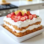 Um einen leckeren Erdbeer-Shortcake-Eisboxkuchen zu machen, brauchen Sie: - 2 Tassen frische Erdbeeren, entkelcht und in Scheiben geschnitten - 1 Tasse Schlagsahne - 1/2 Tasse Puderzucker - 1 Teelöffel Vanilleextrakt - 1 Packung (14 oz) Honig-Graham-Cracker - 1 Tasse griechischer Joghurt (natur oder vanille) - Schale von 1 Zitrone - Eine Prise Salz Frische Erdbeeren sind der Schlüssel zu diesem Dessert. Sie geben dem Kuchen einen tollen Geschmack. Wählen Sie Erdbeeren, die fest und rot sind. Meiden Sie solche mit grünen oder braunen Flecken. Saisonale Erdbeeren sind oft süßer. Wenn Sie die Möglichkeit haben, kaufen Sie Erdbeeren vom lokalen Bauernmarkt. Dort sind sie meist frischer. Wählen Sie griechischen Joghurt mit wenig Zucker. Naturjoghurt hat oft weniger Zusatzstoffe. Wenn Sie Vanille mögen, wählen Sie vanillierten Joghurt. Achten Sie auf eine cremige Konsistenz. Das macht den Kuchen reichhaltiger. Lesen Sie die Zutatenliste. Vermeiden Sie Joghurt mit künstlichen Aromen oder Farbstoffen. So bleiben die Aromen rein und frisch. {{ingredient_image_2}} Beginnen Sie mit zwei Tassen frischen Erdbeeren. Entfernen Sie die grünen Blätter und schneiden Sie sie in Scheiben. Geben Sie die Erdbeeren in eine mittelgroße Schüssel. Fügen Sie 1/4 Tasse Puderzucker hinzu. Rühren Sie vorsichtig, damit die Erdbeeren nicht zerdrückt werden. Lassen Sie die Mischung 30 Minuten ruhen. So geben die Erdbeeren ihren Saft ab und werden süßer. Nehmen Sie eine separate Rührschüssel. Geben Sie 1 Tasse Schlagsahne hinein. Fügen Sie die restlichen 1/4 Tasse Puderzucker, 1 Teelöffel Vanilleextrakt und eine Prise Salz hinzu. Schlagen Sie die Mischung, bis sich weiche Spitzen bilden. Achten Sie darauf, die Sahne nicht zu überschlagen. Sie sollte leicht und luftig sein. Jetzt fügen Sie 1 Tasse griechischen Joghurt und die Schale von 1 Zitrone hinzu. Heben Sie alles vorsichtig unter, bis es gut vermischt ist. Nehmen Sie eine quadratische Backform. Legen Sie eine Schicht Graham-Cracker am Boden aus. Brechen Sie sie, falls nötig, damit sie passen. Verteilen Sie ein Drittel der Joghurt- und Sahnemischung gleichmäßig über die Cracker. Glätten Sie die Oberfläche. Löffeln Sie die Hälfte der marinierten Erdbeeren darüber. Verteilen Sie sie gleichmäßig. Wiederholen Sie den Prozess mit einer weiteren Schicht Graham-Cracker und einem weiteren Drittel der Mischung. Fügen Sie die restlichen Erdbeeren hinzu. Decken Sie die letzte Schicht mit Graham-Crackern ab. Geben Sie die verbleibende Sahne-Mischung darauf. Glätten Sie die Oberfläche und kühlen Sie den Kuchen mindestens 4 Stunden, besser über Nacht. So verbinden sich die Aromen und die Cracker werden weich. Die Kühlzeit ist sehr wichtig für den Geschmack. Ich empfehle, den Erdbeer-Shortcake-Eisboxkuchen mindestens vier Stunden zu kühlen. So können die Aromen gut einziehen. Noch besser ist es, ihn über Nacht zu kühlen. Dadurch werden die Graham-Cracker schön weich und nehmen den Geschmack der Erdbeeren auf. Ein häufiger Fehler ist das Überprühen der Sahne. Wenn die Sahne zu steif wird, wird der Kuchen schwer. Es ist wichtig, die Sahne nur bis zu weichen Spitzen zu schlagen. Ein weiterer Fehler ist, die Erdbeeren nicht lange genug ruhen zu lassen. Diese Zeit hilft, den Saft freizusetzen, was den Geschmack verstärkt. Für eine schöne Präsentation solltest du frische Erdbeeren oben auf dem Kuchen anrichten. Du kannst auch etwas Zitronenschale darüber streuen. Verwende eine schöne quadratische Form, um die Schichten zu zeigen. Ein schöner Teller und ein paar Minzblätter runden das Bild ab. Wenn du den Kuchen in Stücke schneidest, achte darauf, die Schichten nicht zu zerdrücken. Pro Tipps Frische Erdbeeren wählen: Verwenden Sie nur reife und saftige Erdbeeren für den besten Geschmack und die beste Textur. Joghurt variieren: Experimentieren Sie mit verschiedenen Geschmacksrichtungen von griechischem Joghurt, um dem Dessert eine interessante Note zu verleihen. Graham-Cracker optimal lagern: Lagern Sie die Graham-Cracker in einem luftdichten Behälter, um ihre Frische und Knusprigkeit zu bewahren. Über Nacht kühlen: Für die besten Ergebnisse lassen Sie den Kuchen über Nacht im Kühlschrank ruhen, damit sich die Aromen gut vermischen können. {{image_4}} Wenn du eine glutenfreie Variante machen möchtest, kannst du Mandel- oder Kokos-Cracker verwenden. Diese Cracker sind knusprig und passend für die Schichten. Du kannst auch glutenfreie Kekse wählen, die schon fertig sind. Achte darauf, dass sie den gleichen Geschmack haben. So bleibt das Dessert lecker. Für eine vegane Version verwende Kokoscreme anstelle von Schlagsahne. Die Kokoscreme macht das Dessert cremig und reichhaltig. Du kannst auch pflanzlichen Joghurt nehmen. Dieser Joghurt gibt dem Kuchen einen guten Geschmack und bleibt samtig. Süße die Mischung mit Agavensirup oder einem anderen pflanzlichen Süßstoff. Du kannst das Rezept leicht anpassen. Probiere verschiedene Früchte wie Himbeeren oder Blaubeeren aus. Diese Früchte bringen frische Farben und neue Aromen. Zitrusfrüchte wie Orangen oder Limetten geben dem Kuchen einen spritzigen Kick. Auch Schokoladenstückchen oder Nüsse sind gute Ergänzungen für mehr Textur. Um deinen Erdbeer-Shortcake-Eisboxkuchen frisch zu halten, decke ihn gut ab. Benutze Frischhaltefolie oder einen luftdichten Behälter. So bleibt er kühl und die Aromen bleiben erhalten. Lagere ihn im Kühlschrank. Er kann dort bis zu drei Tage frisch bleiben. Die Haltbarkeit der Zutaten ist wichtig. Frische Erdbeeren sollten innerhalb von zwei bis drei Tagen nach dem Kauf verwendet werden. Schlagsahne bleibt etwa fünf Tage im Kühlschrank. Achte darauf, die Sahne nach dem Öffnen gut zu verschließen. Puderzucker und Graham-Cracker sind länger haltbar. Sie können Monate im Schrank bleiben, wenn sie trocken gelagert werden. Wenn du den Kuchen länger aufbewahren möchtest, friere ihn ein. Wickle ihn gut in Frischhaltefolie und Folie ein. So schützt du ihn vor Frostbrand. Er kann bis zu zwei Monate gefroren bleiben. Wenn du bereit bist zu genießen, lasse ihn im Kühlschrank auftauen. Dies dauert einige Stunden oder über Nacht. So bleibt die Textur gut und der Geschmack frisch. Um eine glutenfreie Version zu machen, verwende glutenfreie Graham-Cracker. Diese sind in vielen Geschäften erhältlich. Achte auf die Zutatenliste, um sicherzugehen, dass sie wirklich glutenfrei sind. Du kannst auch zerdrückte Mandeln oder Kokosnuss als Basis verwenden. So bleibt der Geschmack lecker und der Kuchen bleibt glutenfrei. Ja, du kannst viele verschiedene Früchte verwenden. Himbeeren, Blaubeeren oder Pfirsiche sind großartig. Du kannst die Früchte nach deinem Geschmack anpassen. Achte darauf, die Früchte gut vorzubereiten, damit sie den Saft abgeben. So bleibt die Konsistenz des Kuchens gleich. Kühle den Kuchen mindestens 4 Stunden, besser über Nacht. So können die Aromen gut verschmelzen. Die Graham-Cracker werden weich und die Schichten halten gut zusammen. Dies sorgt für den besten Geschmack und die beste Textur, wenn du ihn servierst. Dieser Artikel bietet dir alle Zutaten und Tipps, um einen köstlichen Erdbeer-Shortcake-Eisboxkuchen zuzubereiten. Wir haben die wichtigsten Punkte zu frischen Erdbeeren, dem besten Joghurt und der Zubereitung besprochen. Zudem findest du wertvolle Tricks zur Kühlzeit und Fehler, die du vermeiden solltest. Experimentiere mit Variationen und Lagerungshinweisen, um dein Dessert zu perfektionieren. Folge diesen Schritten, um das beste Geschmackserlebnis zu garantieren. Dein perfekter Eisboxkuchen ist nur einen Versuch entfernt!