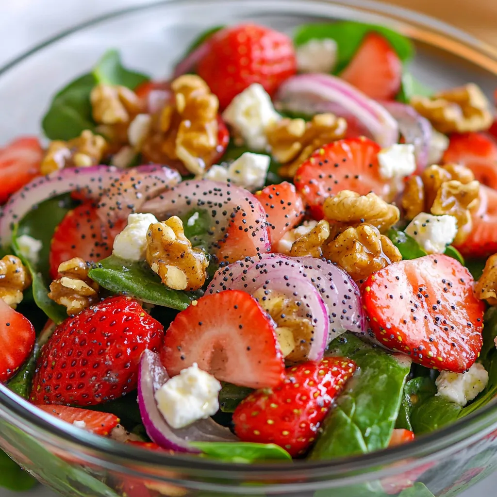 Für diesen frischen Salat brauchen Sie einige einfache, aber köstliche Zutaten. Hier ist die Liste: - 4 Tassen frischer Babyspinat, gewaschen und gründlich getrocknet - 2 Tassen Erdbeeren, entkelcht und in Scheiben geschnitten - 1/2 Tasse rote Zwiebel, dünn geschnitten - 1/2 Tasse Feta-Käse, zerbröselt - 1/4 Tasse geröstete Pekannüsse oder Walnüsse, grob gehackt - 1/4 Tasse Mohnsamen Diese Zutaten geben dem Salat viel Geschmack und Textur. Der Spinat ist gesund und nahrhaft. Erdbeeren bringen Süße und Frische. Die Zwiebel fügt einen tollen Biss hinzu, während der Feta-Käse für Cremigkeit sorgt. Nüsse bringen einen knackigen Crunch. Das Dressing ist der Schlüssel zu einem guten Salat. Hier sind die Zutaten für das Dressing: - 1/2 Tasse Olivenöl - 1/4 Tasse Apfelessig - 2 Esslöffel Honig - Salz und Pfeffer nach Geschmack Das Olivenöl ist reichhaltig und gesund. Apfelessig gibt dem Dressing eine saure Note. Honig bringt Süße und hilft, die Aromen zu verbinden. Salz und Pfeffer runden den Geschmack ab. Sie können den Salat nach Belieben anpassen. Hier sind einige Ideen: - Fügen Sie frische Kräuter wie Minze oder Petersilie hinzu. - Verwenden Sie andere Nüsse wie Mandeln oder Haselnüsse. - Ersetzen Sie den Feta durch Ziegenkäse für einen anderen Geschmack. Diese Optionen machen den Salat vielseitig. Sie können ihn jedes Mal neu gestalten. So bleibt er spannend und lecker! {{ingredient_image_2}} Zuerst waschen Sie den Babyspinat gründlich. Trocknen Sie ihn gut ab. Schneiden Sie die Erdbeeren in dünne Scheiben. Entfernen Sie die grünen Stiele. Dann schneiden Sie die rote Zwiebel in feine Ringe. Zerbröseln Sie den Feta-Käse in kleine Stücke. Hacken Sie die gerösteten Pekannüsse oder Walnüsse grob. Nehmen Sie eine große Salatschüssel. Geben Sie den frisch gewaschenen Spinat hinein. Fügen Sie die Erdbeerscheiben hinzu. Jetzt kommen die Zwiebelringe, der Feta-Käse und die Nüsse dazu. Mischen Sie alles vorsichtig. Achten Sie darauf, dass die Zutaten schön verteilt sind. Für das Dressing nehmen Sie eine kleine Schüssel. Geben Sie das Olivenöl, den Apfelessig und den Honig hinein. Streuen Sie die Mohnsamen dazu. Verquirlen Sie alles gut. Fügen Sie Salz und Pfeffer nach Geschmack hinzu. Gießen Sie das Dressing über den Salat. Mischen Sie alles vorsichtig, damit der Salat gleichmäßig bedeckt ist. Servieren Sie den Salat direkt oder lassen Sie ihn für 30 Minuten im Kühlschrank. So verbindet sich der Geschmack gut. Um den Erdbeer-Spinat-Poppi-Salat perfekt zuzubereiten, beginne mit frischen Zutaten. Frischer Babyspinat sollte knackig und grün sein. Die Erdbeeren sollten süß und saftig sein. Schneide die Erdbeeren in gleichmäßige Scheiben. Das sorgt für eine schöne Textur. Verwende eine scharfe Klinge für die rote Zwiebel. So bleibt der Geschmack frisch und die Scheiben gleichmäßig. Mische alle Zutaten sanft, um ein Zerdrücken zu vermeiden. Dies hält den Salat leicht und luftig. Präsentation ist wichtig! Verwende eine große, klare Glasschüssel. So kommen die Farben gut zur Geltung. Garniere den Salat mit ganzen Erdbeeren obenauf. Das sieht schön aus und macht Lust auf mehr. Streue ein paar Mohnsamen über den Salat. Dies gibt ihm einen zusätzlichen Crunch und eine schöne Optik. Du kannst auch die Schüssel mit frischen Kräutern dekorieren. Das macht den Salat noch einladender. Der Erdbeer-Spinat-Poppi-Salat ist sehr anpassungsfähig. Du kannst den Feta-Käse durch Ziegenkäse ersetzen. Wenn du eine vegane Option möchtest, lasse den Käse weg. Ersetze die Nüsse durch Sonnenblumenkerne, wenn Allergien ein Problem sind. Du kannst auch andere Früchte wie Blaubeeren oder Kiwi hinzufügen. Das bringt neue Geschmäcker. Experimentiere mit verschiedenen Dressings, wie Balsamico oder Joghurt. So bleibt der Salat spannend und abwechslungsreich. Pro Tipps Frische Zutaten wählen: Verwenden Sie unbedingt frischen Babyspinat und reife Erdbeeren für den besten Geschmack und die beste Textur. Dressing anpassen: Passen Sie das Dressing nach Ihrem Geschmack an, indem Sie mehr oder weniger Honig oder Essig hinzufügen, um den perfekten Süß-Sauer-Balance zu erreichen. Vorsichtig vermengen: Beim Mischen des Salats vorsichtig zu Werke gehen, um die Erdbeeren und den Feta-Käse nicht zu zerdrücken. Vorbereitungszeit optimieren: Bereiten Sie das Dressing im Voraus vor und bewahren Sie es im Kühlschrank auf, um die Zubereitungszeit beim Servieren zu verkürzen. {{image_4}} Um den Erdbeer-Spinat-Poppi-Salat vegan zu machen, ersetzen Sie den Feta-Käse. Nutzen Sie zerdrückte Avocado oder einen veganen Käse. Diese Optionen geben der Mischung einen tollen Geschmack. Auch der Honig kann durch einen anderen Süßstoff ersetzt werden. Agavendicksaft oder Ahornsirup sind gute Alternativen. So bleibt der Salat frisch und nahrhaft, ganz ohne tierische Produkte. Der Erdbeer-Spinat-Poppi-Salat lässt sich leicht anpassen. Fügen Sie zum Beispiel gegrillte Hühnchenbrust oder gebratene Garnelen hinzu. Diese Zutaten machen den Salat noch sättigender. Auch andere Früchte wie Heidelbeeren oder Mandarinen passen gut. Probieren Sie zusätzlich Quinoa für mehr Proteine oder Avocado für gesunde Fette. Die Möglichkeiten sind endlos! Im Frühling sind Erdbeeren frisch und lecker. Aber auch im Sommer können Sie den Salat anpassen. Nutzen Sie Pfirsiche oder Kirschen, um einen anderen Geschmack zu erzielen. Im Herbst sind Äpfel oder Birnen eine tolle Wahl. Winterlich wird der Salat mit Granatäpfeln oder Zitrusfrüchten. So bleibt der Salat das ganze Jahr über spannend und frisch. Um den Erdbeer-Spinat-Poppi-Salat frisch zu halten, lege ihn in einen luftdichten Behälter. Füge das Dressing jedoch erst kurz vor dem Servieren hinzu. So bleibt der Salat knackig. Lagere den Salat im Kühlschrank, um die Frische zu erhalten. Er bleibt so bis zu zwei Tage gut. Das Dressing aus Olivenöl, Apfelessig, Honig und Mohnsamen hält sich gut. Du kannst es bis zu einer Woche im Kühlschrank aufbewahren. Stelle sicher, dass du das Dressing in einem verschlossenen Behälter lagerst. Vor dem Gebrauch gut schütteln, da sich die Zutaten trennen können. Um die Zutaten frisch zu halten, achte auf die Auswahl. Wähle nur frische Erdbeeren und lebhaften Babyspinat. Lagere sie getrennt, damit sie nicht matschig werden. Wasche das Gemüse erst kurz vor der Zubereitung. So bleibt es länger knackig. Verwende auch frische Nüsse, um den besten Geschmack zu erzielen. Sie können den Erdbeer-Spinat-Poppi-Salat leicht anpassen. Fügen Sie andere Früchte wie Mango oder Pfirsiche hinzu. Magst du Nüsse nicht? Verwenden Sie Sonnenblumenkerne oder Mandeln. Sie können auch verschiedene Käsesorten probieren, wie Ziegenkäse oder Parmesan. Für mehr Protein fügen Sie gegrilltes Hähnchen oder Kichererbsen hinzu. Die Möglichkeiten sind endlos! Ja, das Dressing können Sie im Voraus zubereiten. Mischen Sie einfach das Olivenöl, den Apfelessig, den Honig und die Mohnsamen in einem Glas. Lagern Sie es im Kühlschrank bis zur Verwendung. Schütteln Sie es gut, bevor Sie es über den Salat gießen. So sparen Sie Zeit an einem geschäftigen Tag. Der Erdbeer-Spinat-Poppi-Salat bietet viele gesundheitliche Vorteile. Spinat ist reich an Vitaminen und Mineralstoffen. Erdbeeren enthalten Antioxidantien, die gut für das Herz sind. Feta-Käse liefert Calcium und Eiweiß. Die Nüsse stecken voller gesunder Fette. Insgesamt ist dieser Salat nahrhaft und unterstützt eine gesunde Ernährung. Erdbeer-Spinat-Poppi-Salat ist einfach und lecker. Du hast die Hauptzutaten sowie das perfekte Dressing gelernt. Tipps helfen dir, den Salat gut zuzubereiten und ansprechend zu präsentieren. Variationen zeigen dir, wie vielseitig dieser Salat ist. Du kannst ihn leicht anpassen und lagern. Denke immer an die frischen Zutaten für den besten Geschmack. Probiere den Salat aus und genieße seine Vorteile. Deine Freunde werden begeistert sein!