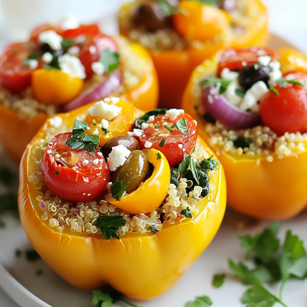 Für dieses Rezept benötigst du einige frische Zutaten. Hier sind die Hauptbestandteile: - 4 große Paprika (jede Farbe) - 1 Tasse gekochter Quinoa - 1 Tasse Kirschtomaten, halbiert - 1 kleine rote Zwiebel, fein gehackt - 1 Tasse Spinat, grob gehackt - 1/2 Tasse Feta-Käse, zerbröckelt - 1/4 Tasse Kalamata-Oliven, entsteint und in Scheiben geschnitten Diese Zutaten bilden die Basis für den herzhaften und frischen Geschmack der gefüllten Paprika. Quinoa gibt dir eine gute Textur und Füllung. Die Kombination von Kirschtomaten und Spinat sorgt für eine tolle Farbvielfalt und Vitamine. Die richtigen Gewürze machen das Gericht besonders. Du brauchst: - 1 Teelöffel getrockneter Oregano - 1 Teelöffel Knoblauchpulver - 1/2 Teelöffel Salz - 1/2 Teelöffel schwarzer Pfeffer - 2 Esslöffel Olivenöl - Schale von 1 Zitrone Diese Gewürze verleihen den gefüllten Paprika einen mediterranen Geschmack. Oregano und Knoblauchpulver bringen Tiefe. Das Olivenöl sorgt für eine feine Note und hilft beim Backen. Frische Zutaten sind der Schlüssel. Wähle knackige Paprika in hellen Farben. Achte auf reife Kirschtomaten. Sie sollten fest und saftig sein. Der Spinat sollte frisch und grün sein, ohne braune Stellen. Feta-Käse sollte cremig sein, damit er gut schmilzt und Geschmack abgibt. Verwende Kalamata-Oliven, da sie einen kräftigen Geschmack haben. Frische Zutaten machen dein Gericht nicht nur lecker, sondern auch gesund. {{ingredient_image_2}} Zuerst heize deinen Ofen auf 190 °C vor. Diese Temperatur hilft den Paprika, gleichmäßig zu garen. Während der Ofen aufheizt, kannst du die Paprika vorbereiten. Nimm die großen Paprika und schneide die Oberseiten ab. Entferne die Samen und Membranen vorsichtig. Beträufle die Außenseite der Paprika mit 1 Esslöffel Olivenöl. Stelle sie aufrecht in eine Auflaufform. Jetzt bereitest du die Füllung vor. In einer großen Rührschüssel mischst du den gekochten Quinoa, die halbierten Kirschtomaten, die gehackte rote Zwiebel, den Spinat, den zerbröckelten Feta-Käse und die Kalamata-Oliven. Füge den getrockneten Oregano, das Knoblauchpulver, das Salz, den schwarzen Pfeffer, das restliche Olivenöl und die Zitronenschale hinzu. Mische alles gut, bis die Zutaten gleichmäßig verteilt sind. Fülle jede Paprika großzügig mit der Mischung. Drücke die Füllung leicht nach unten. So bleibt sie gut in der Paprika. Decke die Auflaufform mit Aluminiumfolie ab, damit die Paprika nicht ankleben. Stelle die Form in den vorgeheizten Ofen. Backe die gefüllten Paprika 30 Minuten lang. Nach 30 Minuten nimm die Folie ab und backe die Paprika weitere 10-15 Minuten. Sie sollten zart und leicht angebrannt sein. Wenn sie fertig sind, nimm die Auflaufform aus dem Ofen. Lass die Paprika einige Minuten abkühlen. Garniere sie dann mit frischer Petersilie. Quinoa ist einfach zuzubereiten. Achte darauf, die Körner gut abzuspülen. Dies entfernt Bitterstoffe. Verwende das Verhältnis von 1 Tasse Quinoa zu 2 Tassen Wasser. Koche es in einem Topf bei mittlerer Hitze. Lass es 15 Minuten lang köcheln. Danach lasse es 5 Minuten ruhen. Dies macht die Körner fluffig und lecker. Um die Paprika gleichmäßig zu backen, heize deinen Ofen gut vor. Lasse die gefüllten Paprika nicht zu nah beieinander stehen. Dies sorgt dafür, dass die Hitze zirkulieren kann. Decke die Auflaufform während der ersten Backzeit mit Folie ab. So bleibt die Feuchtigkeit erhalten. Entferne die Folie in der letzten Backzeit. Die Paprika werden schön goldbraun. Das Anrichten macht viel aus. Serviere die gefüllten Paprika auf einem großen Teller. Garniere sie mit frischer Petersilie. Ein Spritzer Zitrone bringt Farbe und Geschmack. Du kannst auch einige Kirschtomaten danebenlegen. Dies sieht schön aus und gibt einen frischen Geschmack. Ein paar Oliven auf dem Teller sind ein toller Zusatz. Pro Tipps Verwendung von frischem Gemüse: Frisches Gemüse verstärkt den Geschmack der Füllung. Versuchen Sie, saisonales Gemüse hinzuzufügen, um die Aromen zu variieren. Quinoa kochen: Stellen Sie sicher, dass die Quinoa gut gewaschen ist, bevor Sie sie kochen, um Bitterstoffe zu entfernen und einen besseren Geschmack zu erzielen. Paprika vorbacken: Backen Sie die Paprika für 10 Minuten vor, bevor Sie sie füllen. Dies sorgt dafür, dass sie gleichmäßiger garen und eine schönere Textur erhalten. Variationen der Füllung: Experimentieren Sie mit verschiedenen Käsesorten oder fügen Sie Nüsse oder Samen hinzu, um zusätzlichen Crunch und Geschmack zu erzielen. {{image_4}} Wenn Sie Vegetarier sind, können Sie die Füllung leicht anpassen. Ersetzen Sie den Feta-Käse durch einen anderen Käse wie Ricotta oder Mozzarella. Sie können auch mehr Gemüse hinzufügen. Zucchini, Auberginen oder Pilze geben viel Geschmack. Diese Optionen machen das Gericht noch gesünder und bunter. Für eine vegane Version lassen Sie den Feta einfach weg. Stattdessen nutzen Sie eine Mischung aus zerdrücktem Tofu und Nüssen. Diese Kombination gibt Ihnen eine schöne Textur und Protein. Fügen Sie etwas Zitronensaft hinzu, um den Geschmack zu verstärken. Verwenden Sie auch Hefeflocken für einen käsigen Geschmack. Wenn Sie keine Paprika mögen, probieren Sie andere Gemüsesorten. Zucchini oder Tomaten sind großartige Alternativen. Diese Gemüse sind auch leicht zu füllen. Achten Sie darauf, die Garzeit anzupassen. Jedes Gemüse hat seine eigene Zeit, um zart zu werden. Experimentieren Sie mit verschiedenen Sorten, um neue Geschmäcker zu entdecken. Um gefüllte Paprika frisch zu halten, lagern Sie sie an einem kühlen, trockenen Ort. Der Kühlschrank ist der beste Platz. Stellen Sie sicher, dass die Paprika in einem luftdichten Behälter sind. So bleibt die Füllung saftig und der Geschmack erhalten. Wenn Sie gefüllte Paprika im Kühlschrank aufbewahren, sollten Sie Folgendes beachten: - Lagern Sie sie in einem luftdichten Behälter. - Halten Sie die Temperatur bei 4 °C oder kälter. - Verbrauchen Sie die Paprika innerhalb von 3-5 Tagen für den besten Geschmack. Wenn Sie die Paprika abgedeckt lassen, bleibt die Füllung frisch. Diese einfache Methode bewahrt auch die Aromen. Das Einfrieren ist eine gute Möglichkeit, gefüllte Paprika länger haltbar zu machen. Hier sind die Schritte: - Lassen Sie die gefüllten Paprika zuerst abkühlen. - Wickeln Sie jede Paprika in Frischhaltefolie oder Aluminiumfolie. - Legen Sie die eingewickelten Paprika in einen gefrierfesten Behälter. Zum Wiederaufwärmen: 1. Lassen Sie die gefrorenen Paprika im Kühlschrank auftauen. 2. Heizen Sie den Ofen auf 190 °C vor. 3. Backen Sie die Paprika 20-25 Minuten, bis sie heiß sind. Durch das Einfrieren bleibt der Geschmack erhalten. So können Sie die Paprika jederzeit genießen. Gefüllte Paprika halten sich gut im Kühlschrank. Sie bleiben etwa 3 bis 4 Tage frisch. Lagern Sie sie in einem luftdichten Behälter. So bleiben sie saftig und lecker. Achten Sie darauf, die Paprika gut abzukühlen, bevor Sie sie in den Kühlschrank stellen. Wenn Sie sie länger aufbewahren möchten, können Sie sie auch einfrieren. Ja, das ist eine großartige Idee! Sie können die gefüllten Paprika bis zu 24 Stunden im Voraus zubereiten. Füllen Sie sie und decken Sie sie ab. Stellen Sie sie dann in den Kühlschrank. Vor dem Backen lassen Sie sie einfach etwas Raumtemperatur annehmen. So sparen Sie Zeit, wenn Gäste kommen oder Sie eine schnelle Mahlzeit wünschen. Es gibt viele Beilagen, die gut zu gefüllten Paprika passen. Hier sind einige Ideen: - Griechischer Salat: Frische Tomaten, Gurken und Feta-Käse ergänzen die Aromen. - Joghurt-Dip: Ein cremiger Joghurt mit Knoblauch und Minze ist perfekt. - Reis oder Quinoa: Diese Beilagen sind sättigend und harmonieren gut. - Brot: Ein Stück frisches Brot rundet das Gericht ab. Mit diesen Beilagen wird Ihre Mahlzeit noch besser! Griechische gefüllte Paprika sind einfach zuzubereiten und lecker. Sie bestehen aus frischen Zutaten und gesunden Gewürzen. Die Schritt-für-Schritt-Anleitung hilft dir, die perfekten gefüllten Paprika zu backen. Vergiss nicht, deine Portionen interessant zu variieren, um neue Geschmäcker zu entdecken. Mit den richtigen Aufbewahrungsmethoden bleibst du flexibel mit deinen Mahlzeiten. Diese Tipps und Tricks machen das Kochen noch einfacher. Jetzt kannst du deine Freunde beeindrucken und gesunde Rezepte genießen. Lass das Kochen beginnen!