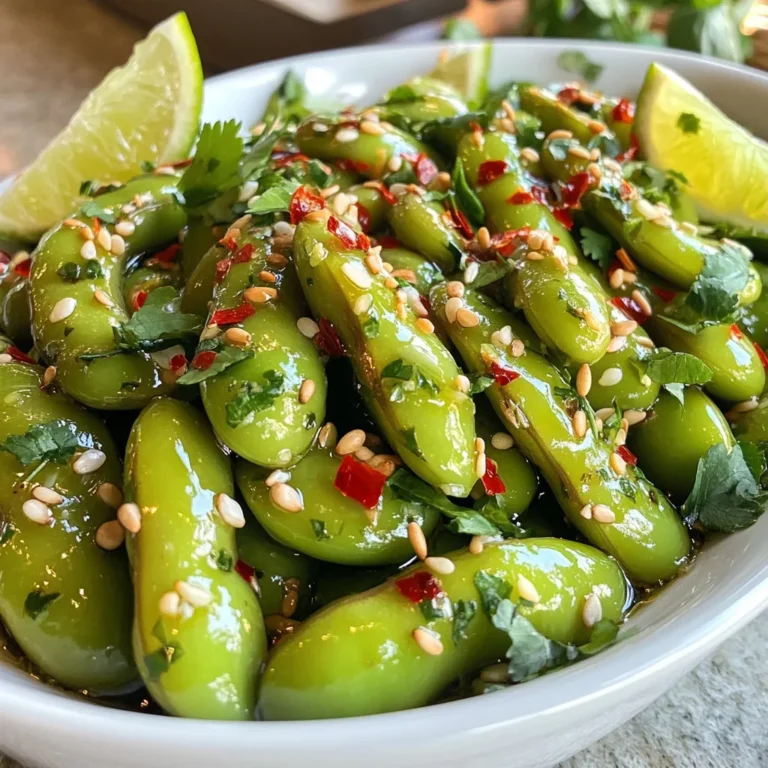 Für ein leckeres Spicy Garlic Edamame brauchst du folgende Zutaten: - 2 Tassen Edamame-Schoten, gefroren oder frisch - 3 Esslöffel Olivenöl - 4 Knoblauchzehen, fein gehackt - 1 Teelöffel rote Pfefferflocken - 2 Esslöffel Sojasauce - 1 Esslöffel Sesamöl - 1 Teelöffel Sesamkörner (optional) - Salz nach Geschmack - Frische Korianderblätter zur Garnierung (optional) Diese Zutaten machen das Gericht würzig und gesund. Edamame sind junge Sojabohnen. Sie sind voller Protein und Ballaststoffe. Falls du etwas Abwechslung möchtest, probiere diese Alternativen: - Verwende Erdnussöl statt Olivenöl für einen nussigen Geschmack. - Füge Ingwer für mehr Frische hinzu. - Nutze Tamari, wenn du glutenfrei kochen möchtest. - Du kannst auch andere Gewürze wie Chili-Pulver verwenden, um die Schärfe anzupassen. Diese Optionen helfen, das Gericht an deinen Geschmack anzupassen. Die Zutaten bieten viele Gesundheitsvorteile: - Edamame: Sie enthalten viel Protein. Gut für die Muskeln und die Sättigung. - Knoblauch: Hat antioxidative Eigenschaften und kann das Immunsystem stärken. - Olivenöl: Ist reich an gesunden Fetten und gut für das Herz. - Sesam: Liefert Calcium und andere Mineralstoffe. Diese Zutaten machen dein Gericht nicht nur lecker, sondern auch gesund. {{ingredient_image_2}} Wenn Sie gefrorene Edamame verwenden, bringen Sie einen großen Topf mit Wasser zum Kochen. Geben Sie die Edamame-Schoten hinein. Kochen Sie sie 3-5 Minuten, bis sie zart sind. Verwenden Sie frische Edamame, dampfen Sie diese etwa 5 Minuten. Sie sollten leuchtend grün und weich sein. Gießen Sie die Edamame in ein Sieb ab und stellen Sie sie beiseite. Erhitzen Sie in einer großen Pfanne 3 Esslöffel Olivenöl bei mittlerer Hitze. Fügen Sie 4 fein gehackte Knoblauchzehen hinzu. Braten Sie den Knoblauch etwa 1 Minute an, bis er aromatisch ist. Achten Sie darauf, dass er nicht braun wird. Rühren Sie 1 Teelöffel rote Pfefferflocken ein. Lassen Sie sie 30 Sekunden anrösten, um den Geschmack zu entfalten. Geben Sie die abgetropften Edamame-Schoten in die Pfanne. Wenden Sie sie gut mit der Knoblauch- und Pfeffermischung. Träufeln Sie 2 Esslöffel Sojasauce und 1 Esslöffel Sesamöl darüber und rühren Sie gründlich um. Lassen Sie die Mischung 2-3 Minuten weiterbraten, bis die Edamame heiß sind. Nehmen Sie die Pfanne vom Herd. Bestreuen Sie die Edamame mit Sesamkörnern und Salz nach Geschmack. Garnieren Sie mit frischem Koriander, wenn gewünscht. Servieren Sie die warmen Edamame in einer flachen Schale, um sie schön zu präsentieren. Um das beste Aroma aus Ihren Edamame zu holen, nutzen Sie frische Zutaten. Frischer Knoblauch bringt mehr Geschmack als getrockneter. Achten Sie darauf, den Knoblauch nur kurz anzubraten. So bleibt er aromatisch und wird nicht bitter. Rote Pfefferflocken verleihen das perfekte Maß an Schärfe. Fügen Sie sie hinzu, nachdem der Knoblauch duftet. - Verwenden Sie hochwertiges Olivenöl für einen reichen Geschmack. - Lassen Sie die Edamame nach dem Kochen gut abtropfen. So bleibt das Gericht nicht wässrig. - Garnieren Sie die Edamame mit frischem Koriander für eine frische Note. Ein häufiger Fehler ist es, den Knoblauch zu lange zu braten. Er sollte goldbraun, aber nicht verbrannt sein. Ein weiterer Fehler ist, zu viel Sojasauce zu verwenden. Dies kann das Gericht zu salzig machen. Messen Sie die Sojasauce genau ab. Achten Sie darauf, die Edamame nicht zu lange zu braten. Sie sollen warm, aber nicht matschig sein. - Überprüfen Sie die Temperatur Ihrer Pfanne, bevor Sie den Knoblauch hinzufügen. - Lassen Sie die Edamame nicht zu lange in der Pfanne. 2-3 Minuten reichen aus. Servieren Sie die Edamame in einer flachen Schale für eine ansprechende Präsentation. Bestreuen Sie sie mit extra Sesamkörnern für einen schönen Effekt. Fügen Sie Limettenstücke hinzu, um dem Gericht Frische zu verleihen. Ein Spritzer Limettensaft direkt vor dem Essen hebt den Geschmack. - Nutzen Sie bunte Teller, um das Gericht lebendiger zu gestalten. - Servieren Sie die Edamame warm, um das Aroma am besten zur Geltung zu bringen. Pro Tipps Edamame richtig kochen: Wenn Sie gefrorene Edamame verwenden, stellen Sie sicher, dass Sie das Wasser gut salzen, um den Geschmack zu intensivieren. Knoblauch nicht verbrennen: Achten Sie darauf, den Knoblauch nur kurz zu braten, da er schnell bitter wird, wenn er zu lange erhitzt wird. Variationen ausprobieren: Fügen Sie zusätzliches Gemüse wie Paprika oder Zucchini hinzu, um das Gericht noch bunter und nahrhafter zu machen. Serviervorschlag: Servieren Sie die Edamame mit frischen Limettenstücken, um einen erfrischenden Zitruskick zu erhalten. {{image_4}} Um den Geschmack zu ändern, probieren Sie verschiedene asiatische Gewürze. Fügen Sie Ingwer hinzu, um eine frische Note zu erhalten. Sie können auch Hoisin-Sauce verwenden. Das gibt dem Gericht eine süßere, tiefere Note. Eine andere Option ist, Chili-Paste für mehr Schärfe zu nehmen. Experimentieren Sie mit diesen Aromen für neue Geschmackserlebnisse. Edamame ist von Natur aus vegetarisch. Sie können auch andere Bohnen verwenden. Schwarze Bohnen oder Kichererbsen passen gut zu diesem Rezept. Diese Alternativen bringen zusätzliche Nährstoffe und Texturen. Fügen Sie auch Gemüse wie Paprika oder Zucchini hinzu. Das steigert den Nährwert und die Farben Ihres Gerichts. Die Schärfe ist anpassbar und macht Spaß. Wenn Sie es mild mögen, verwenden Sie weniger rote Pfefferflocken. Für eine stärkere Schärfe können Sie frische Chili oder mehr Pfefferflocken hinzufügen. Testen Sie die Mischung während des Kochens. So finden Sie die perfekte Schärfe für Ihren Geschmack. Edamame ist einfach zu lagern. Wenn Sie frische Schoten haben, bewahren Sie sie im Kühlschrank auf. Legen Sie sie in einen offenen Beutel. So bleibt die Feuchtigkeit und Frische erhalten. Gefrorene Edamame können Sie in der Gefriertruhe aufbewahren. Achten Sie darauf, die Verpackung gut zu verschließen, um Gefrierbrand zu vermeiden. Haben Sie Reste von Ihrem Spicy Garlic Edamame? Lagern Sie diese in einem luftdichten Behälter. So bleibt der Geschmack erhalten. Im Kühlschrank halten sie sich 2 bis 3 Tage. Wenn Sie länger aufbewahren möchten, frieren Sie die Reste ein. Packen Sie sie in einen gefrierfesten Beutel und drücken Sie die Luft heraus. So bleiben sie bis zu 3 Monate frisch. Um die Reste wieder zu erwärmen, gibt es einige einfache Schritte. Erwärmen Sie die Edamame in einer Pfanne bei mittlerer Hitze. Fügen Sie etwas Wasser hinzu, damit sie dampfen. Rühren Sie häufig um, damit sie gleichmäßig warm werden. Sie können die Edamame auch in der Mikrowelle aufwärmen. Legen Sie sie in eine mikrowellengeeignete Schüssel mit einem Deckel. Erwärmen Sie sie für 1-2 Minuten. Prüfen Sie zwischendurch, ob sie heiß sind. Das Kochen von Edamame dauert etwa 3 bis 5 Minuten. Wenn Sie gefrorene Edamame verwenden, bringen Sie einen großen Topf mit Wasser zum Kochen. Geben Sie die Schoten hinein und kochen Sie sie, bis sie zart sind. Bei frischen Edamame sollten Sie sie etwa 5 Minuten dämpfen, bis sie leuchtend grün sind. Es ist wichtig, die Schoten nicht zu lange zu kochen, damit sie ihren Biss behalten. Ja, Sie können Edamame auch ohne Schoten zubereiten. Die Bohnen können leicht aus den Schoten gedrückt werden. Diese Methode macht das Essen einfacher. Sie können die Bohnen in Salaten oder als Snack verwenden. Achten Sie darauf, die Bohnen gut zu würzen, um den Geschmack zu intensivieren. Frische Edamame finden Sie oft in Supermärkten oder auf Bauernmärkten. Suchen Sie nach den Schoten in der Gemüseabteilung. Sie können auch gefrorene Edamame kaufen, die in vielen Geschäften erhältlich sind. Achten Sie beim Kauf darauf, dass die Schoten frisch und grün sind. Spicy Garlic Edamame ist ein einfaches, schmackhaftes Gericht, das viele Vorteile bietet. Wir haben die wichtigsten Zutaten, eine Schritt-für-Schritt-Anleitung und hilfreiche Tipps und Tricks durchgenommen. Variationen und Aufbewahrungsinformationen helfen dir, das Gericht optimal zu nutzen. Berücksichtige diese Punkte, um das beste Aroma zu erreichen. Die richtige Zubereitung macht den Unterschied. Mit diesen Tipps bereitest du das perfekte Edamame zu. Experimentiere einfach mit den Zutaten und finde deinen eigenen Favoriten. Genieß dein kochen und essen!