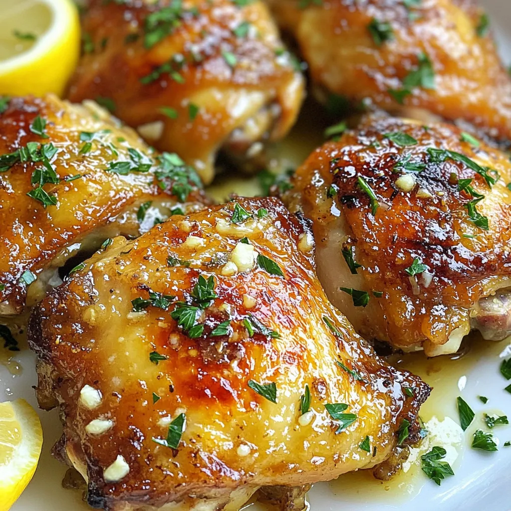 Um dieses Gericht zuzubereiten, benötigen Sie einige frische und köstliche Zutaten. Hier sind die Hauptzutaten, die Sie für Knoblauch-Butter-Hühnchenkeulen brauchen: - 4 Hähnchenkeulen mit Haut und Knochen - 4 Esslöffel ungesalzene Butter - 6 Knoblauchzehen, fein gehackt - Saft von 1 Zitrone Diese Zutaten bilden die Basis für ein saftiges und schmackhaftes Gericht. Die richtigen Gewürze machen den Unterschied. Hier sind die Gewürze, die Sie hinzufügen sollten: - 1 Teelöffel getrockneter Thymian - 1 Teelöffel geräuchertes Paprikapulver - Salz und Pfeffer nach Geschmack Diese Gewürze bringen die Aromen zur Geltung und geben den Hühnchenkeulen einen tollen Geschmack. Für die Garnitur nutzen wir frische Zutaten. Hier ist, was Sie brauchen: - 2 Esslöffel frische Petersilie, gehackt Die Petersilie fügt nicht nur Farbe hinzu, sondern auch einen frischen Geschmack. Servieren Sie die Hähnchenkeulen auf einem schönen Holzbrett. Garnieren Sie sie mit Zitronenscheiben und frischer Petersilie. So sieht das Gericht nicht nur gut aus, es schmeckt auch noch besser! {{ingredient_image_2}} Beginne mit der Vorbereitung der Hähnchenkeulen. Du brauchst vier Stück mit Haut und Knochen. Tupfe sie gut mit Papiertüchern trocken. Würze beide Seiten mit Salz, Pfeffer, geräuchertem Paprikapulver und getrocknetem Thymian. Die Würze ist wichtig für den Geschmack. Das Hähnchen sollte gut gewürzt sein. Erhitze eine ofenfeste Pfanne auf mittelhoher Hitze. Schmelze zwei Esslöffel Butter darin. Wenn die Butter sprudelt, lege die Hähnchenkeulen mit der Hautseite nach unten in die Pfanne. Brate sie etwa vier bis fünf Minuten, bis die Haut knusprig und goldbraun ist. Wende die Hähnchenkeulen vorsichtig um. Füge dann die fein gehackten Knoblauchzehen in die Pfanne. Die Butter und der Knoblauch sorgen für ein tolles Aroma. Gib die restliche Butter in die Pfanne. Drücke den Saft von einer Zitrone über die Hähnchenkeulen. Stelle die Pfanne in den vorgeheizten Ofen bei 200°C. Brate das Huhn für 20 bis 25 Minuten weiter. Die Innentemperatur sollte 75°C erreichen. Wenn es fertig ist, nimm die Pfanne aus dem Ofen. Lass das Huhn fünf Minuten ruhen. Bestreue es mit frischer, gehackter Petersilie, bevor du es servierst. Um die Haut der Hähnchenkeulen knusprig zu machen, gibt es einige Tricks. Erstens, tupfen Sie die Haut vor dem Kochen gut trocken. Feuchtigkeit macht die Haut weich. Zweitens, verwenden Sie bei hoher Hitze Butter oder Öl. Das hilft, eine schöne Bräunung zu erreichen. Drittens, braten Sie die Keulen zuerst mit der Hautseite nach unten. Dadurch wird die Haut goldbraun und knusprig. Achten Sie beim Kochen auf die Temperatur. Hähnchenkeulen sollten eine Innentemperatur von 75°C erreichen. So bleibt das Fleisch saftig. Lassen Sie die Keulen nach dem Kochen ruhen. Das hilft, die Säfte zu halten. Verwenden Sie eine ofenfeste Pfanne, um den Geschmack zu maximieren. So bleibt alles in einer Pfanne und vereinfacht das Kochen. Für mehr Geschmack können Sie verschiedene Kräuter verwenden. Rosmarin und Oregano passen gut zu Knoblauch und Butter. Fügen Sie etwas Zitronenschale hinzu, um Frische zu bringen. Wenn Sie es schärfer mögen, probieren Sie rote Pfefferflocken. Diese Tricks bringen mehr Tiefe in den Geschmack der Hähnchenkeulen. Pro Tipps Hähnchen marinieren: Lassen Sie die Hähnchenkeulen vor dem Braten mindestens 30 Minuten marinieren, um den Geschmack zu intensivieren. Knoblauch nicht verbrennen: Fügen Sie den gehackten Knoblauch erst hinzu, nachdem die Hähnchenkeulen gewendet wurden, um zu verhindern, dass er verbrennt und bitter wird. Ofen auf die richtige Temperatur vorheizen: Stellen Sie sicher, dass der Ofen vollständig vorgeheizt ist, bevor Sie die Pfanne hineinstellen, um eine gleichmäßige Garung zu gewährleisten. Ruhen lassen: Lassen Sie das Huhn nach dem Braten 5 Minuten ruhen, damit sich die Säfte setzen können und das Fleisch saftig bleibt. {{image_4}} Um diese Hühnchenkeulen noch besser zu machen, füge frische Kräuter hinzu. Thymian und Rosmarin passen hervorragend zu Knoblauch und Butter. Hacke einige Blätter und streue sie über das Huhn. Dies verstärkt den Geschmack und bringt frische Aromen. Du kannst auch Basilikum oder Oregano ausprobieren. Die Kräuter geben dem Gericht eine neue Dimension. Wenn du es scharf magst, füge Chili hinzu. Du kannst frische, gehackte Chilis oder Chiliflocken verwenden. Streue sie einfach über die Hähnchenkeulen, bevor du sie brätst. Achte darauf, die Menge anzupassen. So bleibt der Knoblauchgeschmack stark und gut ausgeglichen. Diese Variante bringt einen tollen Kick in dein Gericht. Du kannst die Hühnchenkeulen auch grillen. Das gibt ihnen ein rauchiges Aroma. Marinier die Keulen wie im Rezept beschrieben. Dann lege sie auf den Grill bei mittlerer Hitze. Wende sie regelmäßig, bis sie gut durchgegart sind. Dies dauert etwa 25-30 Minuten. Die Grillmethode verleiht dem Huhn eine schöne Grillmarkierung und einen tollen Geschmack. Wenn Sie Hühnchenkeulen übrig haben, lassen Sie sie zuerst auf Raumtemperatur abkühlen. Wickeln Sie die Hähnchenkeulen in Frischhaltefolie oder legen Sie sie in einen luftdichten Behälter. So bleiben sie frisch. Bewahren Sie die Hühnchenkeulen im Kühlschrank auf. Sie sollten innerhalb von drei bis vier Tagen gegessen werden. Um die Hähnchenkeulen wieder aufzuwärmen, heizen Sie den Ofen auf 180°C vor. Legen Sie die Hühnchenkeulen auf ein Backblech. Decken Sie sie mit Alufolie ab, um ein Austrocknen zu verhindern. Erwärmen Sie sie etwa 15 bis 20 Minuten oder bis sie durchgehend heiß sind. Im Kühlschrank halten sich die Hühnchenkeulen drei bis vier Tage. Im Gefrierschrank können sie bis zu drei Monate aufbewahrt werden. Achten Sie darauf, die Hähnchenkeulen gut zu verpacken, damit sie keinen Frostgeschmack annehmen. Wenn Sie sie aufgetaut haben, essen Sie sie innerhalb von 24 Stunden. Die Zubereitung dauert etwa 40 Minuten. Davon sind 10 Minuten für die Vorbereitung nötig. Die Kochzeit im Ofen beträgt 20 bis 25 Minuten. Achten Sie darauf, dass das Huhn eine Innentemperatur von 75°C erreicht. So wissen Sie, dass es gut durch ist. Ja, Sie können die Hähnchenkeulen im Airfryer machen! Stellen Sie die Temperatur auf 180°C ein. Kochen Sie die Keulen für etwa 25 bis 30 Minuten. Überprüfen Sie die Innentemperatur wie zuvor. So erhalten Sie auch hier eine knusprige Haut. Zu Knoblauch-Butter-Hühnchenkeulen passen viele Beilagen. Hier sind einige Vorschläge: - Ofenkartoffeln: Knusprig und lecker. - Gedünstetes Gemüse: Brokkoli oder grüne Bohnen sind toll. - Reis: Ein einfacher und guter Begleiter. - Salat: Ein frischer Salat rundet das Gericht ab. Probieren Sie verschiedene Kombinationen aus, um neue Geschmäcker zu entdecken! Knoblauch-Butter-Hühnchenkeulen sind einfach zuzubereiten und sehr lecker. Wir haben die wichtigsten Zutaten und Gewürze durchgenommen. Die Schritt-für-Schritt-Anleitung hilft dir, tolle Ergebnisse zu erzielen. Mit meinen Tipps kriegst du knusprige Haut und mehr Geschmack. Du kannst Variationen ausprobieren, um neue Aromen zu entdecken. Denke daran, die Reste richtig zu lagern. Jetzt bist du bereit, diesen beliebten Klassiker zu kochen und zu genießen. Bon Appetit!