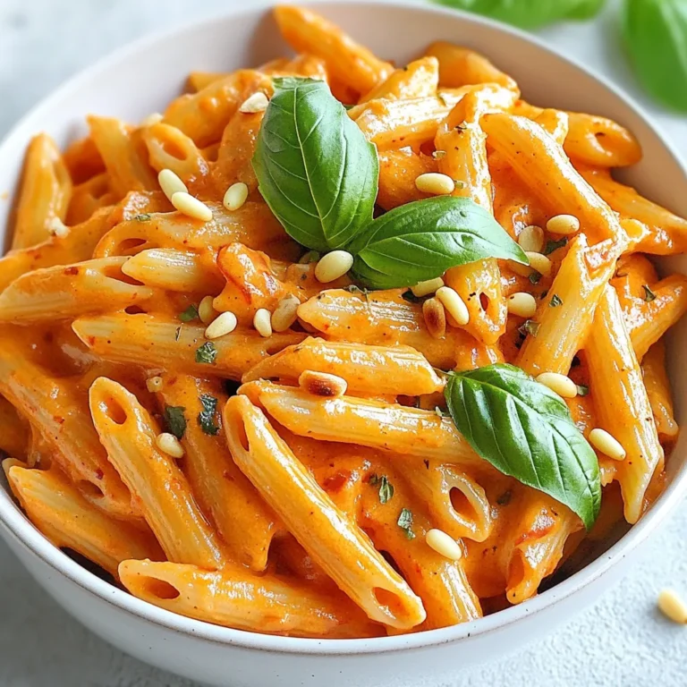 - 340 g Penne-Nudeln - 3 große rote Paprika - 240 ml Sahne (Schlagsahne) - 50 g geriebener Parmesan - 2 Esslöffel Olivenöl - 4 Knoblauchzehen, fein gehackt - 1/2 Teelöffel rote Pfefferflocken (nach Geschmack anpassen) - Salz und Pfeffer nach Geschmack - Frische Basilikumblätter zur Garnitur - Optional: Geröstete Pinienkerne für zusätzlichen Crunch Um dieses leckere Gericht zuzubereiten, brauchen wir einige frische Zutaten. Penne-Nudeln sind die Basis. Sie sind einfach zu kochen und nehmen die Sauce gut auf. Rote Paprika bringen Farbe und Geschmack. Wir rösten sie, um das Aroma zu intensivieren. Die Sahne sorgt für die cremige Konsistenz und der Parmesan fügt einen herzhaften Geschmack hinzu. Knoblauch bringt eine feine Würze in die Sauce. Olivenöl ist wichtig für das Rösten der Paprika und das Anbraten des Knoblauchs. Die roten Pfefferflocken geben der Sauce eine leichte Schärfe. Salz und Pfeffer runden das Ganze ab. Frische Basilikumblätter sind die perfekte Garnitur. Sie bringen Frische und Farbe auf den Teller. Wenn du magst, kannst du auch geröstete Pinienkerne hinzufügen. Sie bieten zusätzlichen Crunch und einen nussigen Geschmack. {{ingredient_image_2}} 1. Ofen vorheizen: Heize deinen Ofen auf 245°C vor. Dies ist wichtig, um die Paprika perfekt zu rösten. 2. Paprika vorbereiten und rösten: Nimm drei große rote Paprika. Lege sie auf ein Backblech und träufle einen Esslöffel Olivenöl darüber. Röste die Paprika 20 bis 25 Minuten, bis die Haut blasen wirft. 3. Dämpfen und abziehen der Paprika: Nach dem Rösten nimm die Paprika aus dem Ofen. Gib sie in eine Schüssel und decke sie mit Frischhaltefolie ab. Lass sie etwa 10 Minuten dämpfen. Nach dem Abkühlen ziehe die Haut ab und entferne die Samen. Jetzt sind die Paprika bereit für die Sauce. 1. Wasser vorbereiten und salzen: Fülle einen großen Topf mit Wasser und bringe es zum Kochen. Füge eine gute Prise Salz hinzu. 2. Penne nach Packungsanweisung kochen: Gib die Penne-Nudeln ins kochende Wasser. Koche sie nach Packungsanweisung, bis sie al dente sind. Denke daran, eine Tasse Nudelwasser aufzuheben. 1. Sauce im Mixer herstellen: Nimm die gerösteten Paprika und gib sie in einen Mixer. Füge 240 ml Sahne, vier gehackte Knoblauchzehen, rote Pfefferflocken sowie Salz und Pfeffer hinzu. Mixe alles, bis die Sauce glatt und cremig ist. 2. Sauce erhitzen und Nudeln unterheben: Erhitze in einer großen Pfanne 1 Esslöffel Olivenöl bei mittlerer Hitze. Gieße die Paprikasauce hinein und lasse sie etwa 2 bis 3 Minuten köcheln. Füge dann die gekochten Penne-Nudeln hinzu und wende sie, sodass sie gut mit der Sauce überzogen sind. Wenn die Sauce zu dick ist, füge nach Bedarf etwas vom reservierten Nudelwasser hinzu. 3. Parmesan hinzufügen: Nimm die Pfanne vom Herd und rühre 50 g geriebenen Parmesan unter die Sauce. Rühre, bis der Käse schmilzt und sich gut vermischt hat. Schmecke die Sauce mit Salz und Pfeffer ab. Um die Sauce perfekt cremig zu machen, ist Nudelwasser dein bester Freund. Das stärkehaltige Wasser hilft, die Sauce zu binden. Wenn die Sauce zu dick ist, füge einfach etwas Nudelwasser hinzu. Die Gewürze sind wichtig für den Geschmack. Du kannst die rote Pfefferflocken nach deinem Geschmack anpassen. Wenn du es scharf magst, füge mehr hinzu. Auch das Salz und der Pfeffer sind entscheidend. Probiere die Sauce und passe sie an. Optische Anreize machen das Essen schöner. Serviere die Pasta in einer flachen Schüssel, damit die Farben leuchten. Ein paar Tropfen Olivenöl oben drauf geben Glanz. Frische Kräuter sind immer ein Hit. Basilikumblätter bringen Frische. Geröstete Pinienkerne fügen Crunch hinzu. Du kannst auch andere Nüsse wie Mandeln verwenden. Sie sorgen für einen tollen Geschmack und Textur. Pro Tipps Paprika Rösten: Das Rösten der Paprika intensiviert den Geschmack. Achten Sie darauf, die Paprika gut zu dämpfen, damit sich die Haut leicht abziehen lässt. Nudelwasser Aufheben: Das Nudelwasser enthält Stärke, die hilft, die Sauce zu binden. Verwenden Sie es, um die Konsistenz Ihrer Sauce anzupassen. Parmesan Richtig Einrühren: Nehmen Sie die Pfanne vom Herd, bevor Sie den Parmesan hinzufügen, um ein Klumpenbildung zu verhindern und eine schöne, cremige Textur zu erhalten. Frische Kräuter: Frische Basilikumblätter sorgen für einen aromatischen Kontrast und eine ansprechende Präsentation. Fügen Sie sie kurz vor dem Servieren hinzu, um ihren Geschmack zu erhalten. {{image_4}} Sie möchten Ihre Pasta aufpeppen? Fügen Sie einfach mehr Gemüse hinzu! Spinat und Zucchini sind tolle Optionen. Spinat bringt eine frische Note, während Zucchini eine zarte Textur bietet. Beide passen gut zur cremigen Sauce. Wenn Sie etwas mehr Protein möchten, sind Hähnchen oder Garnelen perfekt. Braten Sie das Hähnchen in Stücke oder die Garnelen in der Pfanne an. Fügen Sie sie einfach zur Sauce hinzu, bevor Sie die Nudeln einmischen. So wird das Gericht sättigender und voller Geschmack. Für eine glutenfreie Version nutzen Sie glutenfreie Penne-Nudeln. Diese sind in vielen Supermärkten zu finden. Kochen Sie sie nach Packungsanweisung, und genießen Sie die gleiche cremige Textur ohne Gluten. Um die Reste deiner cremigen gerösteten Paprika Penne zu lagern, solltest du sie schnell kühl stellen. Bewahre die Pasta in einem luftdichten Behälter auf. So bleibt der Geschmack frisch. Am besten lässt du die Penne abkühlen, bevor du sie in den Kühlschrank stellst. Wenn du die Reste wieder aufwärmen möchtest, kannst du das einfach in der Mikrowelle oder in einer Pfanne machen. Füge dabei ein wenig Wasser oder Brühe hinzu. So wird die Sauce wieder cremig. Rühre gut um, damit die Wärme gleichmäßig verteilt wird. Die Haltbarkeit der cremigen gerösteten Paprika Penne beträgt etwa drei Tage im Kühlschrank. Achte darauf, die Reste gut verpackt aufzubewahren. Wenn du die Pasta länger aufbewahren möchtest, kannst du sie auch einfrieren. In einem gefriergeeigneten Behälter hält sie bis zu drei Monate. Beim Auftauen lege die gefrorenen Reste einfach über Nacht in den Kühlschrank. Danach kannst du sie wie gewohnt aufwärmen. So genießt du deine köstliche Pasta auch nach ein paar Tagen noch! Es gibt einige einfache Alternativen, um Paprika schneller zu rösten. Eine Möglichkeit ist die Verwendung eines Grillgeräts. Legen Sie die Paprika direkt auf den Grill und wenden Sie sie regelmäßig, bis die Haut schön verkohlt ist. Eine andere Methode ist die Verwendung einer Pfanne. Erhitzen Sie etwas Olivenöl in einer großen Pfanne und fügen Sie die Paprika hinzu. Braten Sie sie bei mittlerer Hitze, bis sie weich und leicht gebräunt sind. Diese Methoden sind schnell. Sie bringen den gleichen tollen Geschmack wie das Rösten im Ofen. Ja, es gibt viele gesunde Alternativen zur Sahne. Eine beliebte Option ist griechischer Joghurt. Er hat eine cremige Textur und einen milden Geschmack. Eine andere Möglichkeit ist Kokosmilch. Sie verleiht der Sauce einen süßen, exotischen Geschmack. Auch pflanzliche Sahne auf Basis von Nüssen kann eine gute Wahl sein. Diese Optionen machen das Gericht leichter, ohne den tollen Geschmack zu verlieren. Zu dieser köstlichen Penne empfehle ich frisches Brot oder einen einfachen Salat. Ein grüner Salat mit leichtem Dressing passt gut dazu. Auch knusprige Bruschetta mit Tomaten und Basilikum sind eine tolle Ergänzung. Für Getränke sind ein leichter Weißwein oder ein spritziger Limettenlimonade ideal. Diese Beilagen runden das Essen perfekt ab. In diesem Blogbeitrag haben wir die besten Zutaten und Schritte für cremige geröstete Paprika Penne besprochen. Wir haben uns mit einfachen Tipps für eine perfekte Sauce und ansprechende Präsentation beschäftigt. Variationen, wie vegetarische Optionen oder glutenfreie Alternativen, bieten viele Wahlmöglichkeiten. Das Aufbewahren von Resten war ebenfalls wichtig. Diese einfache und schmackhafte Pasta wird jeden begeistern. Experimentiere gerne mit den Zutaten und finde deinen eigenen Geschmack!
