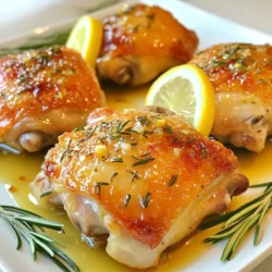 Für dieses Rezept benötigst du folgende Hauptzutaten: - 4 Hähnchenschenkel mit Knochen und Haut - 3 Esslöffel Olivenöl - 2 Knoblauchzehen, fein gehackt Diese Zutaten geben dem Hähnchen den tollen Geschmack, den du lieben wirst. Die Marinade ist der Schlüssel zu einem saftigen Hähnchen. Hier sind die Zutaten: - 1 Esslöffel frischer Rosmarin, gehackt (oder 1 Teelöffel getrocknet) - Schale von 1 Zitrone - Saft von 1 Zitrone - 1 Teelöffel Honig - Salz und frisch gemahlener schwarzer Pfeffer nach Geschmack Die Mischung aus Zitrone und Rosmarin bringt Frische ins Gericht. Um dein Hähnchen schön zu präsentieren, kannst du folgende Garnituren verwenden: - Zitronenscheiben zum Garnieren - Frische Rosmarinzweige zum Garnieren Diese kleinen Details machen dein Gericht nicht nur lecker, sondern auch optisch ansprechend. {{ingredient_image_2}} Heize deinen Ofen auf 200°C vor. Dies ist wichtig, um die Hähnchenschenkel gleichmäßig zu garen. Ein gut vorgeheizter Ofen sorgt für knusprige Haut. In einer kleinen Schüssel mischst du das Olivenöl, den gehackten Knoblauch und den frischen Rosmarin. Füge dann die Zitronenschale, den Zitronensaft und den Honig hinzu. Rühre alles gut um, bis die Zutaten gut vermischt sind. Vergiss nicht, Salz und Pfeffer nach Geschmack hinzuzufügen. Legen die Hähnchenschenkel in einen großen Gefrierbeutel oder in eine Schüssel. Gieße die Marinade über die Hähnchenschenkel. Achte darauf, dass sie gut bedeckt sind. Verschließe den Beutel oder decke die Schüssel ab. Lass das Hähnchen mindestens 30 Minuten im Kühlschrank marinieren. Je länger, desto besser der Geschmack. Erhitze in einer großen, ofenfesten Pfanne einen Schuss Olivenöl bei mittelhoher Hitze. Nimm die Hähnchenschenkel aus der Marinade, aber bewahre die Marinade auf. Lege die Hähnchenschenkel mit der Hautseite nach unten in die Pfanne. Brate sie für etwa 5-7 Minuten, bis die Haut goldbraun ist. Wende die Hähnchenschenkel vorsichtig und gieße die aufbewahrte Marinade darüber. Stelle die Pfanne in den vorgeheizten Ofen. Backe die Hähnchenschenkel für 25-30 Minuten. Sie sind fertig, wenn der Saft klar austritt und die Innentemperatur 75°C erreicht. Nimm die Pfanne aus dem Ofen und lass das Hähnchen 5 Minuten ruhen. Garnier die Hähnchenschenkel mit Zitronenscheiben und frischen Rosmarinzweigen. So sieht dein Gericht nicht nur gut aus, es schmeckt auch frisch und lecker. Um die Marinade zu verbessern, können Sie verschiedene Zutaten hinzufügen. Ein Spritzer Sojasauce bringt Umami. Ein Teelöffel Dijon-Senf gibt eine schöne Schärfe. Wenn Sie es süßer mögen, fügen Sie mehr Honig hinzu. Frische Kräuter wie Thymian oder Oregano können auch einen tollen Geschmack bringen. Experimentieren Sie mit den Aromen, um Ihre perfekte Marinade zu finden. Die Garzeit für Hähnchenschenkel ist wichtig. Bei 200°C sollten sie etwa 25 bis 30 Minuten backen. Verwenden Sie ein Fleischthermometer, um sicherzustellen, dass die Innentemperatur 75°C erreicht. Wenn Sie die Haut knusprig mögen, braten Sie die Hähnchenschenkel zuerst an. Das gibt einen tollen Geschmack und eine schöne Textur. Lassen Sie das Hähnchen nach dem Backen kurz ruhen. So verteilen sich die Säfte gleichmäßig. Zu den Rosenmarin Zitronen Hähnchenschenkeln passen viele Beilagen gut. Probieren Sie einen frischen Salat oder gedämpftes Gemüse. Auch Reis oder Quinoa sind tolle Optionen. Sie können die Hähnchenschenkel mit Zitronenscheiben und Rosmarinzweigen garnieren. Das sieht schön aus und schmeckt frisch. Servieren Sie dazu ein Glas Weißwein oder Limonade für einen perfekten Abend. Pro Tipps Marinieren für mehr Geschmack: Lassen Sie das Hähnchen mindestens 30 Minuten, besser jedoch 2 Stunden, in der Marinade ziehen. So kann das Fleisch die Aromen besser aufnehmen. Haut knusprig braten: Braten Sie die Hähnchenschenkel bei mittelhoher Hitze, bis die Haut goldbraun und knusprig ist. Das sorgt für eine leckere Textur. Richtige Temperatur prüfen: Verwenden Sie ein Fleischthermometer, um sicherzustellen, dass das Hähnchen eine Innentemperatur von 75°C (165°F) erreicht hat, bevor Sie es servieren. Frische Garnitur verwenden: Dekorieren Sie das Hähnchen mit frischen Zitronenscheiben und Rosmarinzweigen, um das Gericht optisch ansprechend und aromatisch zu gestalten. {{image_4}} Grillen bringt einen tollen Geschmack. Um Hähnchenschenkel auf dem Grill zuzubereiten, marinieren Sie sie wie gewohnt. Heizen Sie den Grill vor. Legen Sie die Hähnchenschenkel mit der Hautseite nach unten auf den Grill. Grillen Sie sie etwa 6-8 Minuten, bis die Haut goldbraun ist. Wenden Sie sie und grillen Sie die andere Seite für weitere 6-8 Minuten. Achten Sie darauf, dass das Hähnchen 75°C erreicht, um sicher zu sein, dass es gar ist. Wenn Sie Abwechslung mögen, probieren Sie andere Kräuter. Thymian passt gut zu Hähnchen. Auch Oregano ist eine gute Wahl. Für eine scharfe Note können Sie Chili-Flocken hinzufügen. Diese Kräuter und Gewürze geben Ihrem Gericht neuen Schwung. Sie können auch Zitronenmelisse oder Estragon verwenden, um andere Geschmacksrichtungen zu entdecken. Für eine vegane Variante nutzen Sie Tofu oder Tempeh. Marinieren Sie diese genau wie das Hähnchen. Grillen oder braten Sie sie dann in der Pfanne. Eine andere Option sind Gemüse-Spieße mit Zucchini, Paprika und Pilzen. Diese bringen die gleichen Aromen, aber ohne Fleisch. Sie sind gesund und lecker! Bewahre die Hähnchenschenkel in einem luftdichten Behälter auf. So bleibt das Fleisch frisch. Du kannst die Schenkel im Kühlschrank bis zu drei Tage lagern. Lass sie gut abkühlen, bevor du sie verpackst. Das hilft, die Frische zu bewahren. Falls du mehr Hähnchen hast, friere die Schenkel ein. Verwende einen Gefrierbeutel oder einen luftdichten Behälter. Achte darauf, die Luft herauszudrücken. So bleibt das Fleisch bis zu drei Monate gut. Zum Auftauen lege sie einfach über Nacht in den Kühlschrank. Um die Reste aufzuwärmen, nutze den Ofen oder die Pfanne. Stelle den Ofen auf 180°C ein und erwärme die Schenkel für etwa 15-20 Minuten. Wenn du die Pfanne nutzt, erhitze sie bei mittlerer Hitze. Füge etwas Wasser oder Brühe hinzu, um das Hähnchen saftig zu halten. Verwende die Reste in Salaten oder Wraps für eine schnelle Mahlzeit. Ich empfehle, das Hähnchen mindestens 30 Minuten zu marinieren. Dies gibt dem Fleisch Zeit, die Aromen aufzunehmen. Für einen intensiveren Geschmack lassen Sie es bis zu 2 Stunden im Kühlschrank. Je länger die Marinade, desto besser der Geschmack. Ja, Sie können die Haut entfernen, wenn Sie es gesünder mögen. Aber die Haut sorgt für mehr Geschmack und Saftigkeit. Wenn Sie sich entscheiden, die Haut zu lassen, wird das Hähnchen knusprig und lecker. Zu Hähnchenschenkeln passen viele Beilagen. Einige gute Optionen sind: - Gebratene Kartoffeln - Reis mit Zitronen-Aromen - Gedünstetes Gemüse - Ein frischer Salat Diese Beilagen ergänzen die Aromen des Hähnchens gut. Um das Hähnchen saftig zu halten, marinieren Sie es gut. Braten Sie es zuerst an, um eine schöne Kruste zu bilden. Backen Sie das Hähnchen dann bei der richtigen Temperatur. Achten Sie darauf, dass die Innentemperatur 75°C erreicht. Lassen Sie es nach dem Backen ruhen, damit die Säfte sich setzen können. In diesem Artikel haben wir die wichtigsten Zutaten für Hähnchenschenkel und ihre Marinade behandelt. Ich habe eine einfache Schritt-für-Schritt-Anleitung gegeben, um das Gericht zuzubereiten. Zudem gab es viele Tipps für bessere Ergebnisse und verschiedene Zubereitungsarten. Denke daran, dass du auch Reste gut lagern kannst. Wenn du diese Tipps befolgst, wirst du köstliche Hähnchenschenkel kreieren, die jedem schmecken. Viel Spaß beim Kochen und Genießen!