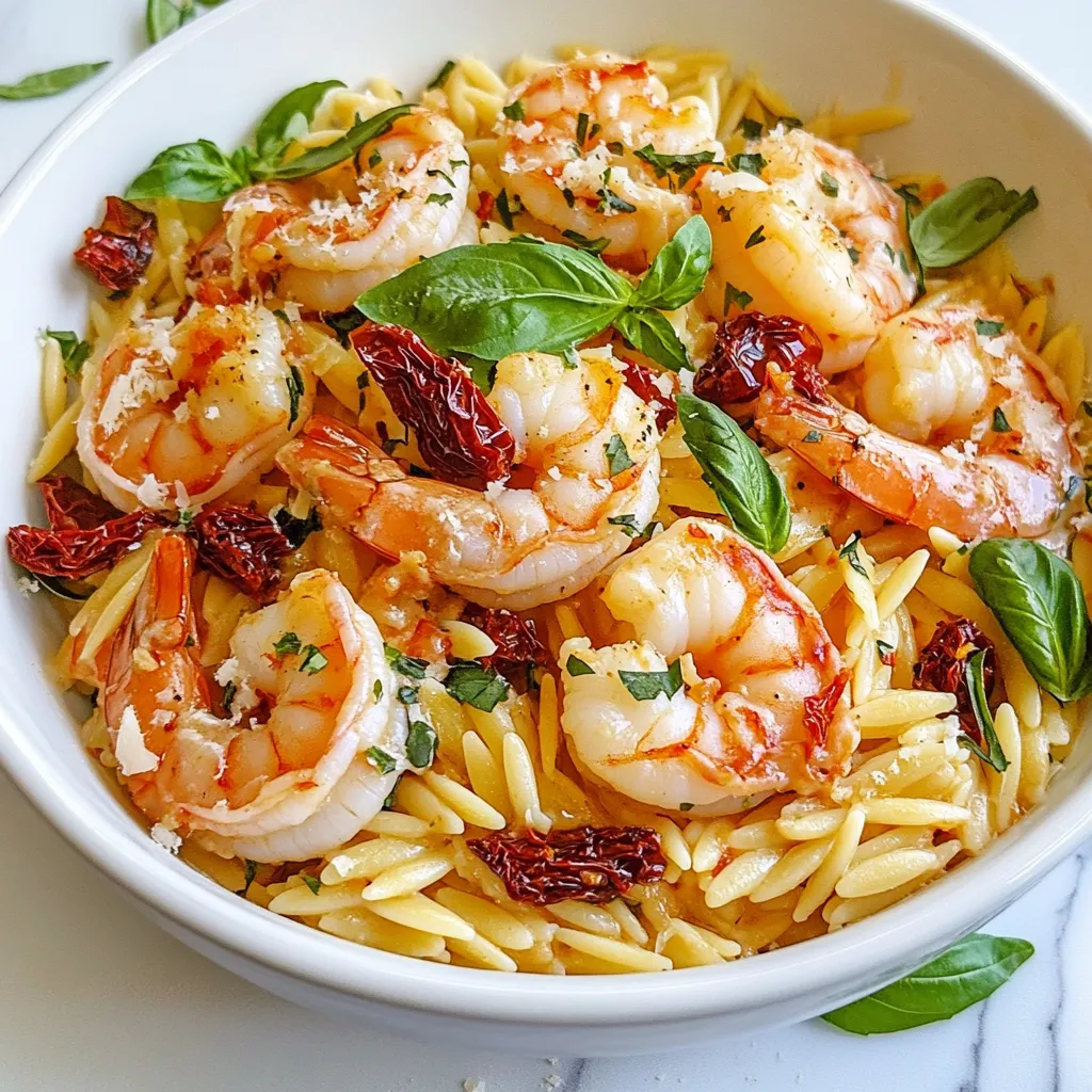 - 1 Tasse Orzo-Nudeln - 450 g Garnelen, geschält und entdarmt - 1 Tasse getrocknete Tomaten, gehackt (in Öl) Die Hauptzutaten sind einfach und lecker. Orzo-Nudeln sind kleine, reisförmige Nudeln. Sie nehmen die Sauce gut auf. Garnelen bringen einen zarten Geschmack. Sie sind voller Proteine und einfach zuzubereiten. Getrocknete Tomaten fügen eine süße, herzhafte Note hinzu. Sie machen das Gericht besonders und aromatisch. - 1 Tasse Hühnerbrühe - 1 Tasse Schlagsahne - 1 kleine Zwiebel, fein gehackt - 2 Knoblauchzehen, gehackt Hühnerbrühe sorgt für Tiefe im Geschmack. Sie verbindet alle Zutaten gut. Schlagsahne macht die Sauce cremig und reichhaltig. Zwiebel und Knoblauch bringen Frische und Aroma. Sie sind die Basis für viele köstliche Gerichte. - 1 Teelöffel Paprika - 1/2 Teelöffel rote Paprikaflocken (optional) - 1 Teelöffel getrocknetes Basilikum - 1/2 Tasse geriebener Parmesan Paprika gibt dem Gericht Farbe und Süße. Rote Paprikaflocken bringen etwas Schärfe, wenn du es magst. Getrocknetes Basilikum fügt einen italienischen Touch hinzu. Parmesan rundet den Geschmack ab. Er schmilzt in der Sauce und macht sie noch besser. Diese Gewürze und der Käse sind der Schlüssel zu einem tollen Geschmack. {{ingredient_image_2}} - Zubereitung des gesalzenen Wassers: Füllen Sie einen großen Topf mit Wasser und fügen Sie ausreichend Salz hinzu. Das Wasser sollte gut gesalzen sein, um den Orzo Geschmack zu geben. Stellen Sie den Topf auf hohe Hitze. - Al Dente kochen: Sobald das Wasser kocht, geben Sie 1 Tasse Orzo-Nudeln hinein. Kochen Sie die Nudeln laut Packungsanweisung, bis sie al dente sind. Das bedeutet, dass sie weich, aber noch einen kleinen Biss haben sollten. Gießen Sie die Nudeln ab und stellen Sie sie beiseite. - Zwiebel und Knoblauch anbraten: In einer großen Pfanne erhitzen Sie 2 Esslöffel Olivenöl bei mittlerer Hitze. Fügen Sie 1 kleine gehackte Zwiebel hinzu und braten Sie sie für 3-4 Minuten. Sie sollte durchsichtig werden. Dann geben Sie 2 gehackte Knoblauchzehen dazu. Garen Sie den Knoblauch für 1-2 Minuten, bis er duftet. - Garnelen würzen und kochen: Geben Sie 450 g geschälte und entdarmte Garnelen in die Pfanne. Würzen Sie sie mit Salz, Pfeffer, 1 Teelöffel Paprika und optional 1/2 Teelöffel rote Paprikaflocken. Kochen Sie die Garnelen für etwa 3-4 Minuten, bis sie rosa und durchgegart sind. Nehmen Sie die Garnelen aus der Pfanne und stellen Sie sie beiseite. - Getrocknete Tomaten und Hühnerbrühe hinzufügen: In der gleichen Pfanne fügen Sie 1 Tasse gehackte getrocknete Tomaten und 1 Tasse Hühnerbrühe hinzu. Bringen Sie die Mischung zum Simmern. - Schlagsahne einrühren und eindicken lassen: Gießen Sie 1 Tasse Schlagsahne in die Pfanne. Rühren Sie gut um und lassen Sie die Mischung für 3-5 Minuten köcheln. Die Sauce sollte leicht eindicken. Fügen Sie die gekochten Orzo-Nudeln und 1/2 Tasse geriebenen Parmesan hinzu. Mischen Sie alles gründlich, bis der Käse schmilzt und die Nudeln gleichmäßig von der Sauce umhüllt sind. Geben Sie die Garnelen zurück in die Pfanne und mischen Sie vorsichtig alles zusammen. Garzeit optimieren Garnelen sind schnell gar. Kochen Sie sie nur 3 bis 4 Minuten. Sie sind fertig, wenn sie rosa werden. Überkochen Sie sie nicht, sonst werden sie zäh. Würzen für zusätzlichen Geschmack Verwenden Sie Salz, Pfeffer und Paprika. Fügen Sie auch rote Paprikaflocken hinzu, wenn Sie es scharf mögen. Diese Gewürze heben den Geschmack der Garnelen hervor. Schlagsahne vs. andere Sahnesorten Schlagsahne gibt die beste Cremigkeit. Sie macht die Sauce reichhaltig und lecker. Sie können auch Crème fraîche verwenden, aber die Konsistenz wird anders sein. Konsistenz anpassen Wenn die Sauce zu dick ist, fügen Sie etwas Hühnerbrühe hinzu. Wenn sie zu dünn ist, lassen Sie sie länger köcheln. So erzielen Sie die perfekte Cremigkeit. Serviertipps Servieren Sie das Gericht in flachen Schalen. Das sieht elegant aus und hebt die Farben hervor. Eine Prise Parmesan oben drauf macht es noch besser. Verwendung von frischem Basilikum Frische Basilikumblätter sind ein toller Hingucker. Sie fügen auch einen frischen Geschmack hinzu. Legen Sie die Blätter kurz vor dem Servieren auf das Gericht. Pro Tipps Frische Garnelen wählen: Achten Sie darauf, frische oder gut gefrorene Garnelen zu verwenden, um den besten Geschmack und die beste Textur zu erzielen. Tomaten einweichen: Wenn Sie getrocknete Tomaten verwenden, können Sie diese vorher in warmem Wasser einweichen, um die Konsistenz zu verbessern. Variationen der Kräuter: Experimentieren Sie mit frischen Kräutern wie Petersilie oder Oregano, um den Geschmack zu variieren und zusätzliche Frische zu bringen. Eine Prise Zitrone: Ein Spritzer frischer Zitronensaft vor dem Servieren verleiht dem Gericht einen zusätzlichen Frischekick und hebt die Aromen hervor. {{image_4}} Pflanzliche Garnelenalternativen Wenn Sie eine vegetarische Variante suchen, gibt es tolle Alternativen. Sie können pflanzliche Garnelen verwenden, die aus Soja oder Erbsenprotein hergestellt werden. Diese Produkte bieten einen ähnlichen Geschmack und eine ähnliche Textur wie echte Garnelen. Sie sind auch einfach zu finden. Gemüse statt Garnelen Eine andere Option ist, die Garnelen ganz wegzulassen. Stattdessen können Sie mehr Gemüse verwenden. Zucchini, Paprika oder Spinat passen gut in dieses Gericht. Diese Zutaten bringen Farbe und Nährstoffe. Sie machen das Gericht leicht und frisch. Zitronensaft für Frische Ein Spritzer Zitronensaft kann viel bewirken. Er bringt Frische und hebt die Aromen hervor. Fügen Sie ihn am Ende des Kochens hinzu. So bleibt der Geschmack intensiv. Käsevariationen Variieren Sie den Käse, um neue Geschmäcker zu entdecken. Feta oder Ricotta sind tolle Optionen. Diese Käsesorten geben eine cremige Note und eine salzige Tiefe. Experimentieren Sie mit verschiedenen Käsesorten, um Ihr perfektes Gericht zu finden. Weitere Gemüsesorten Fügen Sie zusätzliche Gemüsesorten hinzu, um mehr Textur und Geschmack zu erhalten. Brokkoli, Erbsen oder Karotten können gut passen. Sie bringen nicht nur Farbe, sondern auch gesunde Nährstoffe. Oliven oder Artischocken Oliven oder Artischocken machen das Gericht noch interessanter. Diese Zutaten geben ein wenig Salzigkeit und eine besondere Note. Sie können sie einfach in das fertige Gericht mischen oder anrichten. - Kühlschrank: Das cremige Garnelen-Orzo hält sich gut bis zu 3 Tage im Kühlschrank. Lagern Sie es in einem luftdichten Behälter, um die Frische zu bewahren. - Tiefkühloptionen: Sie können das Orzo auch einfrieren. Teilen Sie es in Portionen und legen Sie es in gefriergeeignete Behälter. Es bleibt bis zu 2 Monate haltbar, verliert aber etwas an Textur. - Mikrowelle oder Herd: Zum Erwärmen nutzen Sie die Mikrowelle oder den Herd. Für die Mikrowelle geben Sie eine Portion in eine Schüssel und erhitzen Sie sie in Intervallen von 30 Sekunden. Beim Herd fügen Sie etwas Brühe oder Sahne hinzu und erwärmen die Mischung bei mittlerer Hitze. - Tipps zur Konsistenzbewahrung: Um die cremige Konsistenz zu halten, fügen Sie beim Erwärmen etwas Flüssigkeit hinzu. So bleibt das Orzo nicht trocken und der Geschmack bleibt frisch. - Vermeidung von Lebensmittelverschwendung: Achten Sie darauf, Reste rechtzeitig zu verbrauchen. Planen Sie Gerichte ein, die die Reste nutzen, um Abfall zu vermeiden. - Anzeichen von Verderb: Überprüfen Sie das Orzo auf Geruch, Farbe und Textur. Wenn es unangenehm riecht oder eine schleimige Konsistenz hat, entsorgen Sie es sofort. Um Orzo-Nudeln perfekt zu kochen, bringe einen großen Topf mit gesalzenem Wasser zum Kochen. Die Kochzeit ist meist auf der Verpackung angegeben, aber es dauert etwa 8-10 Minuten. Du solltest die Nudeln al dente kochen. Das bedeutet, sie sind weich, aber haben noch einen leichten Biss. Nach dem Kochen gießt du sie ab und stellst sie beiseite. So bleiben sie frisch und bereit für das nächste Schritt. Ja, du kannst frische Tomaten verwenden, aber es gibt Vor- und Nachteile. Frische Tomaten geben einen anderen Geschmack. Sie sind saftiger und weniger intensiv als getrocknete. Das kann die Textur des Gerichts ändern. Verwende etwa zwei Tassen gewürfelte frische Tomaten. Koche sie länger, damit sie weich werden und ihre Aromen freisetzen. Getrocknete Tomaten haben einen kräftigen Geschmack, der gut mit den Garnelen harmoniert. Ja, dieses Rezept ist toll für Meal Prep. Du kannst die Portionen im Voraus zubereiten und im Kühlschrank lagern. Lass das Orzo nach dem Kochen abkühlen, bevor du es in luftdichten Behältern aufbewahrst. Es hält sich bis zu 3 Tage im Kühlschrank. Wenn du es länger aufbewahren möchtest, kannst du es auch einfrieren. Zum Wiedererwärmen einfach in der Mikrowelle oder auf dem Herd erhitzen. Füge bei Bedarf etwas Brühe oder Sahne hinzu, um die Cremigkeit zu erhalten. In diesem Beitrag haben wir ein einfaches und leckeres Rezept für Orzo mit Garnelen besprochen. Die Hauptzutaten bieten eine tolle Mischung aus Geschmack und Textur. Ich habe Schritt-für-Schritt-Anleitungen gegeben, damit du das Gericht leicht nachkochen kannst. Außerdem hast du Tipps für die perfekte Garnitur und Variationen für alle Geschmäcker entdeckt. Probiere es aus und genieße die Vielfalt! Es ist einfach und wird dir sicher schmecken.