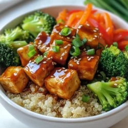 - 1 Block (400 g) fester Tofu, gepresst und gewürfelt - 1 Tasse gekochte Quinoa - 1 Tasse Brokkoli-Röschen - 1 rote Paprika, in Scheiben geschnitten - 1 Karotte, in feine Streifen geschnitten (Julienne) - 3 Frühlingszwiebeln, gehackt Die Hauptzutaten sind einfach und gesund. Tofu bietet eine tolle Proteinquelle. Quinoa ist nahrhaft und glutenfrei. Ihr Gemüse bringt Farbe und Knusprigkeit in das Gericht. Brokkoli, Paprika und Karotte machen die Schüssel bunt und lecker. - 60 ml Sojasauce (oder Tamari für glutenfrei) - 2 Esslöffel Ahornsirup - 1 Esslöffel Reisessig Die Teriyaki-Sauce ist das Herzstück dieses Gerichts. Sojasauce gibt umami und Tiefe. Ahornsirup sorgt für eine süße Note. Reisessig bringt einen leicht säuerlichen Geschmack und balanciert die Aromen aus. - 1 Teelöffel Knoblauchpulver - 1 Teelöffel Ingwerpulver - 2 Esslöffel Sesamöl - 1 Esslöffel Maisstärke (optional für das Andicken) Gewürze machen das Gericht besonders. Knoblauch- und Ingwerpulver verleihen Geschmack. Sesamöl bringt einen nussigen Geschmack. Maisstärke hilft, die Sauce dick zu machen, wenn gewünscht. So wird alles schön cremig. {{ingredient_image_2}} Zuerst drücke den Tofu gut aus. So entfernst du die Feuchtigkeit. Danach schneide den Tofu in kleine Würfel. Diese sollten gleichmäßig sein, damit sie gleichmäßig garen. Du brauchst etwa einen Block Tofu, das sind 400 g. Für die Sauce vermische die Sojasauce, den Ahornsirup, den Reisessig, das Knoblauchpulver und das Ingwerpulver in einer Schüssel. Wenn du eine dickere Sauce wünschst, vermenge einen Esslöffel Maisstärke mit Wasser. Füge das zur Sauce hinzu. Rühre alles gut um, bis es gleichmäßig ist. Erhitze ein Esslöffel Sesamöl in einer großen Pfanne bei mittlerer Hitze. Füge die gewürfelten Tofu-Stücke hinzu. Brate sie rundherum goldbraun an, das dauert etwa 10 Minuten. Wende den Tofu zwischendurch. Jetzt ist es Zeit, das Gemüse hinzuzufügen. Gib Brokkoli, Paprika und Karotte in die Pfanne. Brate alles weitere 5-7 Minuten. Das Gemüse soll leicht zart, aber noch knackig bleiben. Gieße die Teriyaki-Sauce über den Tofu und das Gemüse. Mische alles gut, damit die Sauce gleichmäßig verteilt ist. Koche das Gericht weitere 2-3 Minuten. So wird es gut heiß und die Sauce dickt leicht ein. Verteile die gekochte Quinoa auf Schalen. Richte dann den Teriyaki-Tofu und das Gemüse darauf an. Garniere mit gehackten Frühlingszwiebeln und Sesamsamen. Um Tofu perfekt zu braten, ist die Vorbereitung wichtig. Zuerst musst du den Tofu gut pressen. Das hilft, die Feuchtigkeit zu entfernen. Weniger Feuchtigkeit sorgt für mehr Knusprigkeit. Schneide den Tofu in gleichmäßige Würfel. So braten sie gleichmäßig. Erhitze das Sesamöl in einer großen Pfanne. Brate die Tofu-Würfel bei mittlerer Hitze. Wende sie oft, damit sie schön goldbraun werden. Nach etwa 10 Minuten sind sie perfekt. Die Teriyaki-Sauce ist der Schlüssel zu diesem Gericht. Du kannst den Geschmack leicht anpassen. Füge mehr Ahornsirup für Süße hinzu. Wenn du mehr Salz möchtest, nutze mehr Sojasauce. Für eine dickere Sauce, vermische die Maisstärke mit Wasser. Gib diese Mischung zur Sauce und rühre gut um. Lasse sie etwas kochen, bis sie dick wird. So kannst du die Sauce ganz nach deinem Geschmack gestalten. Das Gemüse macht den Tofu-Bowl bunt und gesund. Du kannst viele verschiedene Gemüsesorten verwenden. Brokkoli und Paprika sind tolle Optionen. Probiere auch Karotten, Zucchini oder Zuckerschoten. Du kannst sogar Pilze oder Spinat hinzufügen. Diese Variationen sorgen für mehr Geschmack und Nährstoffe. Sei kreativ und nutze, was du magst oder zur Hand hast. So wird jedes Gericht einzigartig. Pro Tipps Tofu gut pressen: Um überschüssige Feuchtigkeit zu entfernen, den Tofu mindestens 30 Minuten pressen. Dies verbessert die Textur und ermöglicht eine bessere Aufnahme der Aromen. Sauce anpassen: Experimentieren Sie mit der Teriyaki-Sauce, indem Sie zusätzliche Gewürze wie Chili-Flocken oder frischen Ingwer hinzufügen, um das Gericht nach Ihrem Geschmack zu verfeinern. Gemüse variieren: Fügen Sie saisonales Gemüse wie Zucchini oder Spinat hinzu, um mehr Farbe und Nährstoffe zu integrieren und das Rezept anzupassen. Quinoa aromatisieren: Kochen Sie die Quinoa in Gemüsebrühe anstelle von Wasser, um ihr mehr Geschmack zu verleihen. Fügen Sie auch frische Kräuter hinzu, um das Aroma zu verstärken. {{image_4}} Wenn du glutenfrei essen möchtest, verwende glutenfreie Sojasauce. Tamari ist eine gute Wahl. Diese Sauce hat einen ähnlichen Geschmack. Du kannst die gleiche Menge verwenden. So bleibt das Gericht lecker und gesund. Du kannst auch andere Proteinquellen hinzufügen. Hülsenfrüchte wie Kichererbsen passen gut dazu. Tempeh ist ebenfalls eine tolle Option. Diese Zutaten sorgen für mehr Nährstoffe und machen das Gericht sättigender. Probiere verschiedene Kombinationen aus, um deinen Favoriten zu finden. Füge asiatische Gewürze hinzu, um den Geschmack zu variieren. Chili-Flocken bringen Schärfe. Frischer Ingwer gibt mehr Aroma. Auch etwas Limettensaft kann den Geschmack aufpeppen. Experimentiere mit verschiedenen Saucen wie Erdnuss- oder Sweet-Chili-Sauce. So wird jedes Mal ein neues Geschmackserlebnis. Um die Teriyaki Glazed Tofu Bowls frisch zu halten, sollten Sie die Reste richtig lagern. Wenn Sie die Schalen im Kühlschrank aufbewahren, decken Sie sie gut ab. So bleibt die Frische erhalten. Diese Methode hält die Reste 3 bis 4 Tage haltbar. Wenn Sie die Reste länger lagern möchten, nutzen Sie den Gefrierschrank. Legen Sie die Bowls in luftdichte Behälter. So können Sie bis zu 3 Monate halten. Achten Sie darauf, die Bowls vor dem Einfrieren abzukühlen. Die Haltbarkeit der Zutaten spielt eine wichtige Rolle. Tofu bleibt im Kühlschrank bis zu einer Woche frisch. Achten Sie darauf, es in Wasser zu lagern. Wechseln Sie das Wasser täglich, um die Frische zu erhalten. Gemüse wie Brokkoli und Paprika sollten Sie innerhalb von 3 bis 5 Tagen verwenden. Um die Frische zu verlängern, kaufen Sie das Gemüse frisch und lagern Sie es im Gemüsefach. So bleibt es knackig und lecker. Das Aufwärmen der Teriyaki Glazed Tofu Bowls ist einfach. Nutzen Sie eine Pfanne, um das Gericht gleichmäßig zu erhitzen. Fügen Sie etwas Wasser hinzu, um das Gemüse saftig zu halten. Wärmen Sie die Mischung bei mittlerer Hitze für etwa 5 bis 7 Minuten auf. Alternativ können Sie die Bowls in der Mikrowelle erwärmen. Verwenden Sie ein mikrowellengeeignetes Gefäß. Decken Sie es ab, um die Feuchtigkeit zu speichern. Erhitzen Sie es in 1-Minuten-Intervallen, bis es heiß ist. So bleibt der Geschmack erhalten. Um Teriyaki Glazed Tofu Bowls vegan zu machen, achte auf die Zutaten. Alle Zutaten in diesem Rezept sind schon vegan. Tofu ist eine großartige Proteinquelle. Stelle sicher, dass du Sojasauce oder Tamari verwendest. Tamari ist glutenfrei. Du kannst auch frisches Gemüse verwenden. Brokkoli, Paprika und Karotten sind ideal. Wenn du mehr Abwechslung magst, füge Erbsen oder Zucchini hinzu. Wenn du keinen Quinoa magst, gibt es viele Alternativen. Reis ist eine gute Wahl. Brauner Reis hat mehr Nährstoffe. Du kannst auch Hirse oder Buchweizen verwenden. Diese Optionen sind gesund und lecker. Ein weiterer Vorschlag ist Couscous. Couscous ist schnell zuzubereiten. Du kannst auch Blumenkohlreis probieren. Blumenkohlreis ist kalorienarm und nährstoffreich. Ja, du kannst die Teriyaki-Sauce im Voraus zubereiten. Mische einfach die Sojasauce, den Ahornsirup, den Reisessig, das Knoblauchpulver und das Ingwerpulver. Bewahre die Sauce in einem luftdichten Behälter auf. Im Kühlschrank hält sie sich einige Tage. Vor dem Kochen, rühre die Sauce gut durch. Du kannst auch die Maisstärke hinzufügen, bevor du sie erhitzt. So wird die Sauce schön dick. Diese Anleitung hat Ihnen gezeigt, wie Sie köstliche Teriyaki-Glasierte Tofu-Bowls zubereiten. Wir haben die Hauptzutaten, die Zubereitung der Teriyaki-Sauce und Tipps für die perfekte Zubereitung behandelt. Experimentieren Sie mit verschiedenen Gemüsesorten und Anpassungen für Ihren Geschmack. Denken Sie daran, dass Frische der Zutaten wichtig ist. Die Zubereitung dieser Gerichte ist einfach und macht Spaß. Ihre Variationen sind endlos, also lassen Sie Ihrer Kreativität freien Lauf! Probieren Sie es aus und genießen Sie die gesunde Mahlzeit!