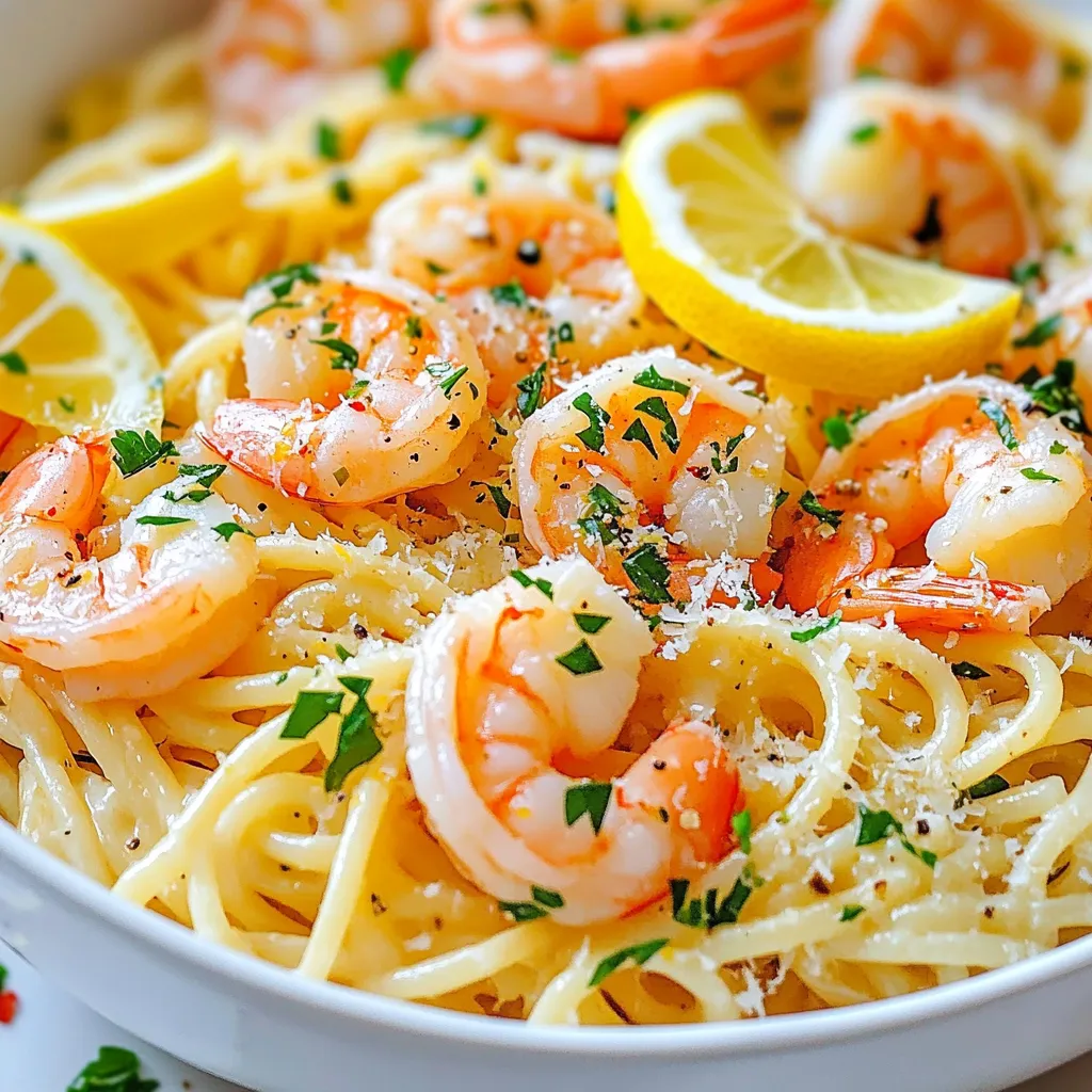 - 225 g Linguine oder Spaghetti - 450 g große Garnelen, geschält und entdarmt - 4 Knoblauchzehen, fein gehackt - 60 ml Olivenöl - 60 ml frischer Zitronensaft (ca. 2 Zitronen) - Schale von 1 Zitrone - 1 Teelöffel rote Paprikaflocken (optional) - Salz und Pfeffer nach Geschmack - 60 g frische Petersilie, gehackt - Geriebener Parmesan-Käse, zum Servieren Für vier Portionen brauchen Sie 225 g Pasta und 450 g Garnelen. Die Knoblauchzehen geben Sie in feinen Stücken dazu. 60 ml Olivenöl sorgen für den guten Geschmack. Der Saft und die Schale von einer Zitrone bringen Frische. Wenn Sie mögen, fügen Sie 1 Teelöffel rote Paprikaflocken für etwas Schärfe hinzu. Schmecken Sie die Mischung mit Salz und Pfeffer ab. 60 g gehackte Petersilie sorgen für eine schöne Farbe. Vergessen Sie nicht den geriebenen Parmesan-Käse zum Servieren. Wählen Sie frische Garnelen aus dem Kühlregal. Sie sollten fest und glänzend sein. Achten Sie auf den Geruch; frische Garnelen riechen nicht fischig. Bei der Pasta ist es am besten, hochwertige Marken zu wählen. Für Zitronen wählen Sie solche mit glänzender Haut. Sie sollten schwer für ihre Größe sein. Frische Petersilie sollte grün und knackig sein. Kaufen Sie auch frisches Olivenöl, um den besten Geschmack zu erzielen. Diese Tipps helfen Ihnen, ein köstliches Gericht zu zaubern! {{ingredient_image_2}} Bringe einen großen Topf mit gesalzenem Wasser zum Kochen. Füge 225 g Linguine oder Spaghetti hinzu. Koche die Pasta nach den Anweisungen auf der Packung, bis sie al dente sind. Bevor du die Pasta abgießt, hebe 120 ml Nudelwasser auf. Gieße dann die Pasta ab und stelle sie beiseite. Erhitze 60 ml Olivenöl in einer großen Pfanne bei mittlerer Hitze. Sobald das Öl heiß ist, füge 4 fein gehackte Knoblauchzehen hinzu. Wenn du magst, kannst du auch 1 Teelöffel rote Paprikaflocken hinzufügen. Brate den Knoblauch 1-2 Minuten an, bis er aromatisch riecht, aber nicht bräunt. Gib 450 g große, geschälte Garnelen in die Pfanne. Würze sie mit Salz und Pfeffer nach Geschmack. Gare die Garnelen für etwa 2-3 Minuten auf jeder Seite, bis sie rosa und undurchsichtig sind. Sobald die Garnelen fertig sind, gieße 60 ml frischen Zitronensaft und die Schale von 1 Zitrone in die Pfanne. Rühre alles gut um, um die Aromen zu vermischen. Lass es für eine weitere Minute kochen. Füge die gekochte Pasta zur Garnelenmischung in die Pfanne hinzu. Schwenke alles gut durch, damit die Pasta die Sauce aufnehmen kann. Falls nötig, füge nach und nach das aufbewahrte Nudelwasser hinzu, um die Sauce zu lockern. Nimm die Pfanne vom Herd und rühre 60 g gehackte Petersilie unter. Serviere die Pasta sofort, garniert mit geriebenem Parmesan-Käse. Für perfekte Garnelen achte auf die Frische. Kaufe große, geschälte und entdarmte Garnelen. Achte auf die Farbe. Sie sollten rosa sein und einen frischen Geruch haben. Marinieren ist nicht nötig, aber eine kurze Zeit in Zitronensaft macht sie zart. Überkoche die Garnelen nicht. Sie brauchen nur 2-3 Minuten pro Seite, bis sie rosa sind. Um den Geschmack zu vertiefen, füge mehr Knoblauch hinzu. Frischer Knoblauch hat einen starken Geschmack. Du kannst auch Zwiebeln anbraten, um die Aromen zu verstärken. Verwende frische Zitronen für den besten Saft. Die Schale bringt auch mehr Zitrusgeschmack. Ein Spritzer Weißwein kann die Sauce aufpeppen. Er gibt der Pasta eine neue Dimension. Serviere die Pasta in großen Schalen. Garniere sie mit frischer Petersilie und Zitronenscheiben. Das sieht schön aus und bringt mehr Geschmack. Du kannst auch geriebenen Parmesan darüber streuen. Das macht die Pasta reichhaltiger. Ein guter Tipp: Stelle die Schalen für einen Moment in den Ofen, damit sie warm bleiben. So bleibt das Gericht länger heiß und lecker. Pro Tipps Pasta richtig kochen: Achten Sie darauf, die Pasta in reichlich gesalzenem Wasser zu kochen. Dies sorgt dafür, dass die Pasta von Anfang an gut gewürzt ist. Garnelen nicht überkochen: Garnelen sind schnell gar, etwa 2-3 Minuten auf jeder Seite. Überkochen führt zu zähen Garnelen, also achten Sie darauf, sie rechtzeitig vom Herd zu nehmen. Zitronensaft frisch verwenden: Verwenden Sie frischen Zitronensaft anstelle von Flaschen-Zitronensaft, um den besten Geschmack zu erzielen. Die Frische hebt das gesamte Gericht hervor. Nudelwasser aufbewahren: Das aufbewahrte Nudelwasser ist ein hervorragendes Mittel, um die Sauce zu lockern und die Aromen zu intensivieren. Fügen Sie es nach Bedarf hinzu. {{image_4}} Wenn Sie keine Garnelen mögen, können Sie den Fisch leicht ersetzen. Probieren Sie gebratene Pilze oder Zucchini. Diese geben einen tollen Geschmack. Sie können auch Kichererbsen für mehr Protein nutzen. Diese Zutaten passen gut zu der Zitronen-Knoblauch-Sauce. Achten Sie darauf, die Kochzeit anzupassen. So bleibt alles schön zart. Für mehr Würze können Sie die Paprikaflocken erhöhen. Fügen Sie auch frischen, gehackten Chili hinzu. Diese Zutaten geben der Pasta eine scharfe Note. Sie können auch etwas geräuchertes Paprikapulver verwenden. Es fügt einen tiefen, rauchigen Geschmack hinzu. Experimentieren Sie mit Ihren Lieblingsgewürzen, um die perfekte Schärfe zu finden. Wenn Sie glutenfrei essen, wählen Sie glutenfreie Pasta. Es gibt viele gute Optionen in Supermärkten. Achten Sie darauf, die Kochzeit im Auge zu behalten. Glutenfreie Pasta kann schneller kochen als normale. Die restlichen Zutaten sind oft schon glutenfrei. So bleibt das Rezept einfach und lecker. Um deine Zitronen-Knoblauch-Garnelen-Pasta frisch zu halten, lagere sie in einem luftdichten Behälter. Stelle sicher, dass der Behälter gut verschlossen ist, um Luft und Feuchtigkeit abzuhalten. Kühle die Pasta schnell ab, bevor du sie in den Kühlschrank stellst. So bleibt ihr Geschmack erhalten. Die Pasta kann im Kühlschrank bis zu drei Tage gelagert werden. Achte darauf, sie innerhalb dieser Zeit zu essen, um die beste Qualität zu genießen. Nach drei Tagen kann der Geschmack nachlassen. Überprüfe immer den Geruch und das Aussehen, bevor du sie verzehrst. Beim Aufwärmen ist es wichtig, die Pasta nicht zu überkochen. Erhitze sie sanft in einer Pfanne bei niedriger Hitze. Füge etwas Olivenöl oder Nudelwasser hinzu, um die Sauce wieder geschmeidig zu machen. Rühre regelmäßig um, damit sie gleichmäßig warm wird. So bleibt die Textur der Garnelen und der Pasta erhalten. Um die Pasta al dente zu kochen, bringe viel Wasser zum Kochen. Füge Salz hinzu, bevor du die Pasta reingibst. Koche die Linguine oder Spaghetti nach den Anweisungen auf der Verpackung. Probiere die Pasta ein bis zwei Minuten vor der angegebenen Zeit. Sie sollte weich, aber noch fest sein. Wenn du fertig bist, behalte etwas Nudelwasser. Es hilft, die Sauce später zu lockern. Ja, gefrorene Garnelen sind eine gute Wahl. Du kannst sie direkt in die Pfanne geben, ohne sie vorher aufzutauen. Gekochte Garnelen brauchen nur 3-4 Minuten. Achte darauf, sie gut zu würzen. So schmecken sie frisch und lecker. Zu Zitronen-Knoblauch-Garnelen-Pasta passen viele Beilagen. Ein einfacher grüner Salat ist frisch und leicht. Geröstetes Gemüse bringt Farbe und Geschmack. Auch Knoblauchbrot ist eine tolle Ergänzung. Es passt gut zur Sauce und macht das Essen noch besser. Probier auch Zitronenscheiben als Dekoration. Sie bringen einen zusätzlichen Frischekick! Du hast jetzt die Zutaten und Schritte für die Zitronen-Knoblauch-Garnelen-Pasta. Die Tipps helfen dir, das Gericht zu perfektionieren. Variationen zeigen dir kreative Wege, um das Rezept anzupassen. Achte beim Lagern auf die optimalen Bedingungen für Frische. Mit all diesen Informationen bist du bereit, ein leckeres Gericht zu zaubern. Lass deine Gäste staunen und genieße das Kochen!