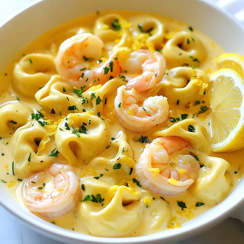 - 340 g Käse-Tortellini (frisch oder gefroren) - 450 g Garnelen, geschält und entdarmt - 2 Esslöffel Olivenöl - 3 Knoblauchzehen, fein gehackt - 240 ml Schlagsahne - 100 g frisch geriebener Parmesan - 1 Esslöffel Zitronenschale - 2 Esslöffel frischer Zitronensaft - Salz und Pfeffer nach Geschmack - 2 Esslöffel gehackte frische Petersilie (zur Garnitur) Ich bevorzuge frische Tortellini, wenn ich kann. Sie haben einen tollen Biss und besseren Geschmack. Frische Tortellini kochen schnell und sind oft in Kühlschränken zu finden. Gefrorene Tortellini sind praktisch. Sie sind lange haltbar und einfach zuzubereiten. Beide Optionen sind in dieser Rezeptur gut geeignet. Achten Sie darauf, die Kochzeiten auf der Packung zu beachten. Wählen Sie große, frische Garnelen, wenn möglich. Achten Sie darauf, dass sie fest und glänzend sind. Vermeiden Sie Garnelen mit einem fischigen Geruch. Wenn Sie gefrorene Garnelen verwenden, tauen Sie sie über Nacht im Kühlschrank auf. Das sorgt für bessere Textur. Beim Kochen sollten die Garnelen rosa und fest sein. Sie brauchen nur wenige Minuten in der Pfanne. So bleiben sie saftig und zart. {{ingredient_image_2}} Zuerst kochen wir die Käse-Tortellini. Nehmen Sie einen großen Topf und fügen Sie Wasser hinzu. Bringen Sie das Wasser zum Kochen. Geben Sie dann die Tortellini hinein. Kochen Sie sie gemäß den Anweisungen auf der Verpackung. Nach dem Kochen gießen Sie das Wasser ab und stellen die Tortellini beiseite. Sie sollten weich und bereit für die Sauce sein. Erhitzen Sie in einer großen Pfanne zwei Esslöffel Olivenöl bei mittlerer Hitze. Fügen Sie die fein gehackten Knoblauchzehen hinzu. Braten Sie den Knoblauch etwa eine Minute lang an. Achten Sie darauf, dass er nicht verbrennt. Danach geben Sie die Garnelen in die Pfanne. Braten Sie sie für zwei bis drei Minuten auf jeder Seite. Sie sollten rosa und durchgegart sein. Würzen Sie die Garnelen mit etwas Salz und Pfeffer. Nehmen Sie sie aus der Pfanne und legen Sie sie beiseite. Gießen Sie jetzt die Schlagsahne in die Pfanne. Lassen Sie sie sanft köcheln. Rühren Sie den frisch geriebenen Parmesan, die Zitronenschale, und den Zitronensaft ein. Mischen Sie alles, bis der Käse geschmolzen ist. Die Sauce wird cremig und lecker. Jetzt kommen die gekochten Tortellini und die Garnelen zurück in die Pfanne. Vermengen Sie alles gut, damit die Tortellini und Garnelen gleichmäßig mit der cremigen Zitronensauce überzogen sind. Schmecken Sie die Mischung mit mehr Salz und Pfeffer ab. Lassen Sie das Gericht für zwei bis drei Minuten auf niedriger Hitze köcheln. So nehmen die Tortellini etwas von der Sauce auf. Nehmen Sie die Pfanne vom Herd. Garnieren Sie das Gericht mit frischer Petersilie, bevor Sie es servieren. Stellen Sie sicher, dass alles schön aussieht. Servieren Sie die Tortellini in einer großen, flachen Schale. Ein Spritzer Zitronenschale gibt den letzten Schliff. Um die perfekte Konsistenz der Sauce zu erreichen, starten Sie mit der Schlagsahne. Erhitzen Sie sie sanft, bis sie köchelt. Fügen Sie dann den frisch geriebenen Parmesan hinzu. Rühren Sie gut um, bis der Käse schmilzt. Achten Sie darauf, nicht zu hohe Hitze zu verwenden. So bleibt die Sauce cremig und glatt. Wenn die Sauce zu dick ist, fügen Sie einen Schuss Wasser oder Brühe hinzu. Für mehr Geschmack können Sie auch einen Spritzer Zitronensaft hinzufügen. Ein gutes Zeitmanagement hilft, Stress beim Kochen zu vermeiden. Bereiten Sie alle Zutaten vor, bevor Sie anfangen. Messen Sie die Schlagsahne, den Käse und die Gewürze ab. Während die Tortellini kochen, können Sie die Garnelen zubereiten. So sparen Sie Zeit und machen das Kochen einfacher. Halten Sie eine große Pfanne bereit, um alles zusammenzuführen. Wenn Sie alles rechtzeitig vorbereiten, können Sie das Gericht schnell fertigstellen. Knoblauch kann schnell bitter werden. Braten Sie ihn nur kurz an, etwa eine Minute. Achten Sie darauf, die Hitze nicht zu hoch einzustellen. Wenn der Knoblauch anfängt zu bräunen, nehmen Sie ihn sofort von der Hitze. Sie können auch die Pfanne vom Herd nehmen, um den Garprozess zu stoppen. Wenn Sie sicherstellen, dass der Knoblauch nicht überkocht, wird Ihre Sauce aromatisch und lecker. Pro Tipps Frische Garnelen: Verwenden Sie frische Garnelen, wenn möglich, um den besten Geschmack und die beste Textur zu erzielen. Parmesan richtig reiben: Reiben Sie den Parmesan frisch, um eine cremigere Sauce zu erhalten, die besser schmilzt. Zitronenfrische: Fügen Sie einen Spritzer frischen Zitronensaft kurz vor dem Servieren hinzu, um den Geschmack zu intensivieren. Pasta al dente: Kochen Sie die Tortellini nur al dente, damit sie beim Mischen mit der Sauce nicht zu weich werden. {{image_4}} Wenn Sie keine Garnelen mögen oder eine vegetarische Mahlzeit suchen, haben Sie viele Optionen. Sie können die Garnelen einfach weglassen. Stattdessen fügen Sie gebratene Pilze oder Zucchini hinzu. Diese Gemüsearten passen gut zur cremigen Sauce. Auch Kichererbsen sind eine gute Proteinquelle. Sie geben dem Gericht eine herzhafte Note und machen es lecker. Die Tortellini sind nicht die einzige Wahl. Sie können auch Gnocchi oder Ravioli verwenden. Diese bringen verschiedene Texturen und Aromen. Wenn Sie Lust auf etwas Neues haben, probieren Sie gefüllte Pasta mit Spinat und Ricotta. Diese Variationen geben dem Gericht eine neue Dimension. Achten Sie darauf, die Kochzeit anzupassen, je nach Art der Pasta. Die Aromen in diesem Gericht sind flexibel. Mögen Sie es scharf? Fügen Sie rote Pfefferflocken hinzu. Für ein frisches Aroma können Sie Basilikum oder Dill verwenden. Diese Kräuter bringen ein neues Geschmacksprofil. Auch ein Spritzer Weißwein kann die Sauce aufpeppen. Experimentieren Sie, bis Sie Ihre perfekte Mischung gefunden haben. Um die cremigen Zitronen-Garnelen-Tortellini frisch zu halten, sollten Sie sie in einem luftdichten Behälter aufbewahren. Lassen Sie das Gericht zuerst auf Raumtemperatur abkühlen. Danach decken Sie den Behälter gut ab. Dies schützt die Tortellini vor dem Austrocknen und hält die Aromen zusammen. Wenn Sie Reste aufwärmen möchten, nutzen Sie eine Pfanne oder die Mikrowelle. In der Pfanne können Sie etwas Olivenöl oder Wasser hinzufügen, um die Sauce wieder cremig zu machen. Erhitzen Sie die Tortellini langsam, bis sie warm sind. In der Mikrowelle sollten Sie das Gericht in kurzen Intervallen erhitzen und zwischendurch umrühren. So bleibt die Konsistenz gut. Im Kühlschrank halten sich die Tortellini etwa 2 bis 3 Tage. Achten Sie darauf, sie in einem luftdichten Behälter zu lagern. Für eine längere Aufbewahrung können Sie die Tortellini auch einfrieren. In einem gefrierfesten Behälter bleiben sie bis zu 3 Monate frisch. Denken Sie daran, die Tortellini vor dem Servieren vollständig aufzutauen und gut zu erhitzen. Die Zubereitung dauert insgesamt etwa 25 Minuten. Sie benötigen etwa 10 Minuten für die Vorbereitung und 15 Minuten zum Kochen. Diese schnelle Zeit macht das Gericht perfekt für ein einfaches Abendessen. Ja, Sie können Garnelen durch Hähnchen oder Tofu ersetzen. Beide Optionen passen gut zur cremigen Zitronensauce. Wenn Sie Hähnchen verwenden, kochen Sie es einfach bis es durch ist. Bei Tofu, wählen Sie festen Tofu und braten Sie ihn goldbraun an. Ja, cremige Zitronen-Garnelen-Tortellini sind ideal für Meal Prep. Sie können die Portionen im Voraus zubereiten und im Kühlschrank aufbewahren. Das Gericht hält sich 3-4 Tage. Einfach aufwärmen, wenn Sie bereit sind zu essen. Diese Anleitung hat dir gezeigt, wie du cremige Zitronen-Garnelen-Tortellini selbst zubereitest. Wir haben frische und gefrorene Tortellini behandelt und dir Tipps für die Garnelenauswahl gegeben. Du hast schrittweise die Kochanleitung, die perfekte Sauce und verschiedene Variationen entdeckt. Du kannst das Rezept anpassen und optimal lagern. Denke daran, es auch für Meal Prep zu nutzen. Mit diesen Infos wird dein Gericht nicht nur lecker, sondern auch einfach. Viel Spaß beim Kochen und Genießen!