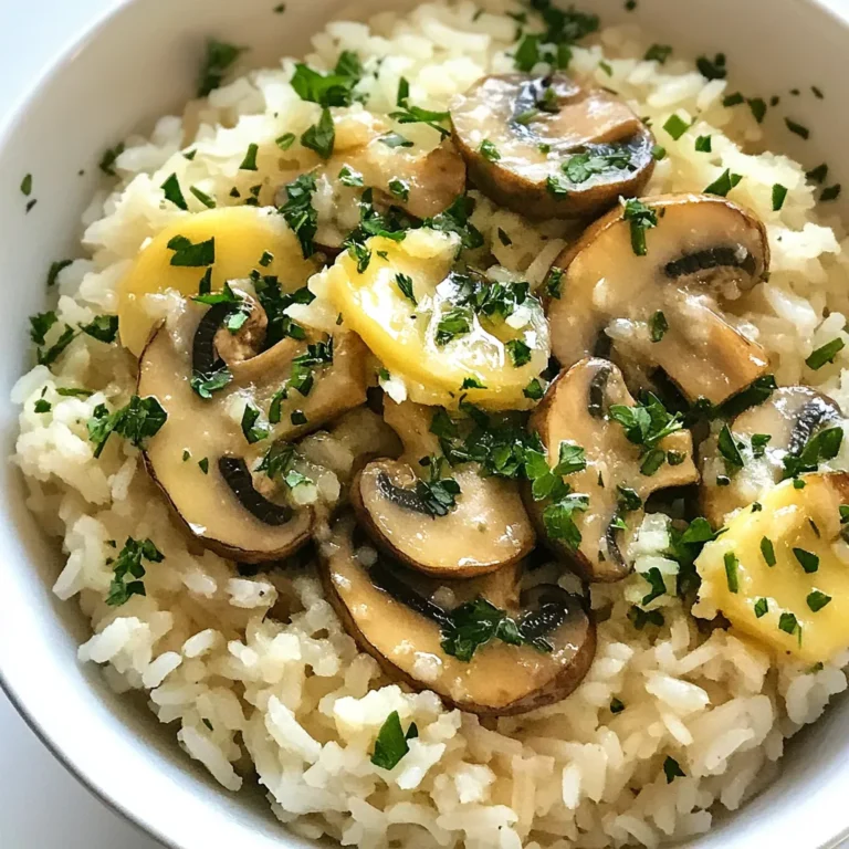 - 1 Tasse Jasminreis - 2 Tassen Gemüsebrühe - 1 Tasse Pilze (Cremini oder Champignon), in Scheiben geschnitten - 4 Esslöffel ungesalzene Butter - 4 Knoblauchzehen, fein gehackt - 1 kleine Zwiebel, fein gewürfelt - 1 Teelöffel getrockneter Thymian - 1 Teelöffel Sojasauce - Salz und Pfeffer nach Geschmack - Frische Petersilie, gehackt (zur Garnierung) Die Hauptzutaten sind einfach zu finden. Jasminreis gibt dem Gericht einen tollen Duft. Gemüsebrühe sorgt für mehr Geschmack. Pilze bringen die Umami-Note. Die ungesalzene Butter macht den Reis cremig. Knoblauch und Zwiebel fügen eine aromatische Basis hinzu. Die Gewürze sind wichtig für den letzten Schliff. Getrockneter Thymian bringt Frische. Sojasauce gibt eine salzige Tiefe. Salz und Pfeffer passen die Aromen an. Frische Petersilie macht das Gericht bunt und gibt einen frischen Geschmack. Mit diesen Zutaten kannst du ein einfaches, aber leckeres Gericht zaubern. Es ist perfekt für ein schnelles Abendessen oder als Beilage. {{ingredient_image_2}} - Abspülen des Jasminreises: Spüle den Jasminreis unter kaltem Wasser. Das Wasser sollte klar sein. Dies hilft, die Stärke zu entfernen. So wird der Reis fluffiger. - Kochen mit Gemüsebrühe: Koche die Gemüsebrühe in einem Topf. Füge den abgespülten Reis hinzu. Reduziere dann die Hitze. Decke den Topf ab und lasse den Reis 15 bis 20 Minuten köcheln. Der gesamte Flüssigkeit sollte absorbiert sein. Lockere den Reis danach vorsichtig mit einer Gabel auf. - Butter in der Pfanne schmelzen: Schmelze 2 Esslöffel Butter in einer großen Pfanne bei mittlerer Hitze. - Zwiebeln glasig braten: Füge die gewürfelten Zwiebeln zur Butter hinzu. Brate sie an, bis sie glasig sind. Das dauert etwa 2 bis 3 Minuten. Danach gib den gehackten Knoblauch dazu. Brate alles eine weitere Minute, bis es duftet. - Pilze hinzufügen und braten: Jetzt kommen die in Scheiben geschnittenen Pilze in die Pfanne. Erhöhe die Hitze auf mittelhoch und brate die Pilze an. Sie sollen goldbraun sein und ihre Feuchtigkeit verlieren. Das dauert etwa 5 bis 7 Minuten. - Reis, Thymian und Sojasauce einrühren: Reduziere die Hitze wieder. Rühre den gekochten Reis, den getrockneten Thymian und die Sojasauce ein. Gib die restliche Butter dazu. Mische alles gut. Schmecke mit Salz und Pfeffer ab. Passe die Gewürze nach deinem Geschmack an. - Wasser vor dem Kochen abspülen: Spüle den Jasminreis unter kaltem Wasser. Dies entfernt die Stärke. Ein klarer Wasserfluss zeigt, dass der Reis fertig ist. So wird der Reis fluffig. - Richtiges Verhältnis von Reis zu Brühe: Verwende zwei Tassen Brühe für eine Tasse Reis. Dieses Verhältnis sorgt für einen gut gewürzten und feuchten Reis. - Anpassungen der Gewürze nach Geschmack: Du kannst die Gewürze anpassen. Mehr Thymian? Kein Problem! Weniger Salz? Mach es einfach. Es geht um deinen Geschmack. - Bedeutung der frischen Petersilie: Frische Petersilie bringt Farbe und Geschmack. Sie hebt das Gericht hervor. Füge sie kurz vor dem Servieren hinzu, um das Beste herauszuholen. Pro Tipps Reis richtig abspülen: Das Abspülen des Jasminreises entfernt überschüssige Stärke, was zu einem fluffigeren Endprodukt führt. Pilze gut anbraten: Achte darauf, die Pilze bei mittelhoher Hitze zu braten, damit sie schön goldbraun werden und ihr Aroma entfalten können. Frische Kräuter verwenden: Frisch gehackte Petersilie am Ende hinzufügen, um dem Gericht einen frischen Geschmack und eine schöne Farbe zu verleihen. Variationen ausprobieren: Fühle dich frei, verschiedene Pilzarten oder andere Gewürze hinzuzufügen, um das Rezept nach deinem Geschmack zu variieren. {{image_4}} Du kannst viele Pilzsorten verwenden. Cremini und Champignon sind sehr beliebt. Diese Pilze geben dem Gericht einen tollen Geschmack. Andere Pilze wie Shiitake oder Austernpilze sind auch eine gute Wahl. Sie haben einen kräftigeren Geschmack und machen das Gericht besonders. Du kannst auch Gemüse oder Proteine hinzufügen. Zucchini, Spinat oder Erbsen passen gut dazu. Für eine proteinreiche Option kannst du Hähnchen oder Tofu verwenden. Wenn du vegan bist, lass einfach die Butter weg oder nutze pflanzliche Butter. Du kannst das Gericht auch glutenfrei machen, indem du Sojasauce durch Tamari ersetzt. So bleibt der Geschmack großartig, und alle können es genießen. - Wie lange kann der Pilzreis aufbewahrt werden? Der Knoblauchbutter-Pilzreis bleibt im Kühlschrank bis zu drei Tage frisch. - Behälter und Abdeckung Verwenden Sie einen luftdichten Behälter. Decken Sie den Reis gut ab, um Feuchtigkeit zu vermeiden. - Beste Methoden zum Erwärmen des Reises Erhitzen Sie den Reis in einer Pfanne bei mittlerer Hitze. Fügen Sie etwas Wasser oder Brühe hinzu. - Tipps, um die Konsistenz zu wahren Rühren Sie den Reis häufig um, damit er gleichmäßig warm wird. So bleibt der Reis locker und nicht trocken. Die Zubereitung von Knoblauchbutter-Pilzreis dauert etwa 35 Minuten. Die Vorbereitungszeit beträgt etwa 10 Minuten. Das Kochen des Reises und das Anbraten der Zutaten nehmen die restliche Zeit in Anspruch. So kannst du schnell ein leckeres Gericht zubereiten, das deine Gäste beeindrucken wird. Ja, du kannst den Reis im Voraus zubereiten. Koche den Reis und lasse ihn abkühlen. Du kannst ihn dann in einem luftdichten Behälter im Kühlschrank aufbewahren. So bleibt der Reis frisch für bis zu drei Tage. Vor dem Servieren kannst du ihn einfach wieder erwärmen und mit den Pilzen und der Knoblauchbutter kombinieren. Knoblauchbutter-Pilzreis passt gut zu vielen Gerichten. Hier sind einige Ideen: - Gegrilltes Hähnchen für eine herzhafte Kombination. - Gedünstetes Gemüse, wie Brokkoli oder grüne Bohnen. - Ein frischer Salat für mehr Textur und Geschmack. - Gegrillte Garnelen als leichte, leckere Ergänzung. Diese Beilagen bringen Abwechslung und machen das Essen noch köstlicher. Diese Anleitung hilft dir, einen schmackhaften Knoblauchbutter-Pilzreis zu kochen. Wir haben die Hauptzutaten wie Jasminreis und frische Pilze besprochen. Auch die Zubereitungsschritte waren klar und einfach. Die Tipps verbessern deinen Reis und die Variationen zeigen dir neue Möglichkeiten. Denke daran, dass frische Petersilie und verschiedene Pilze den Geschmack verändern können. Mit diesen Ideen wirst du dein Gericht anpassen und deine Gäste beeindrucken. Viel Spaß beim Kochen!