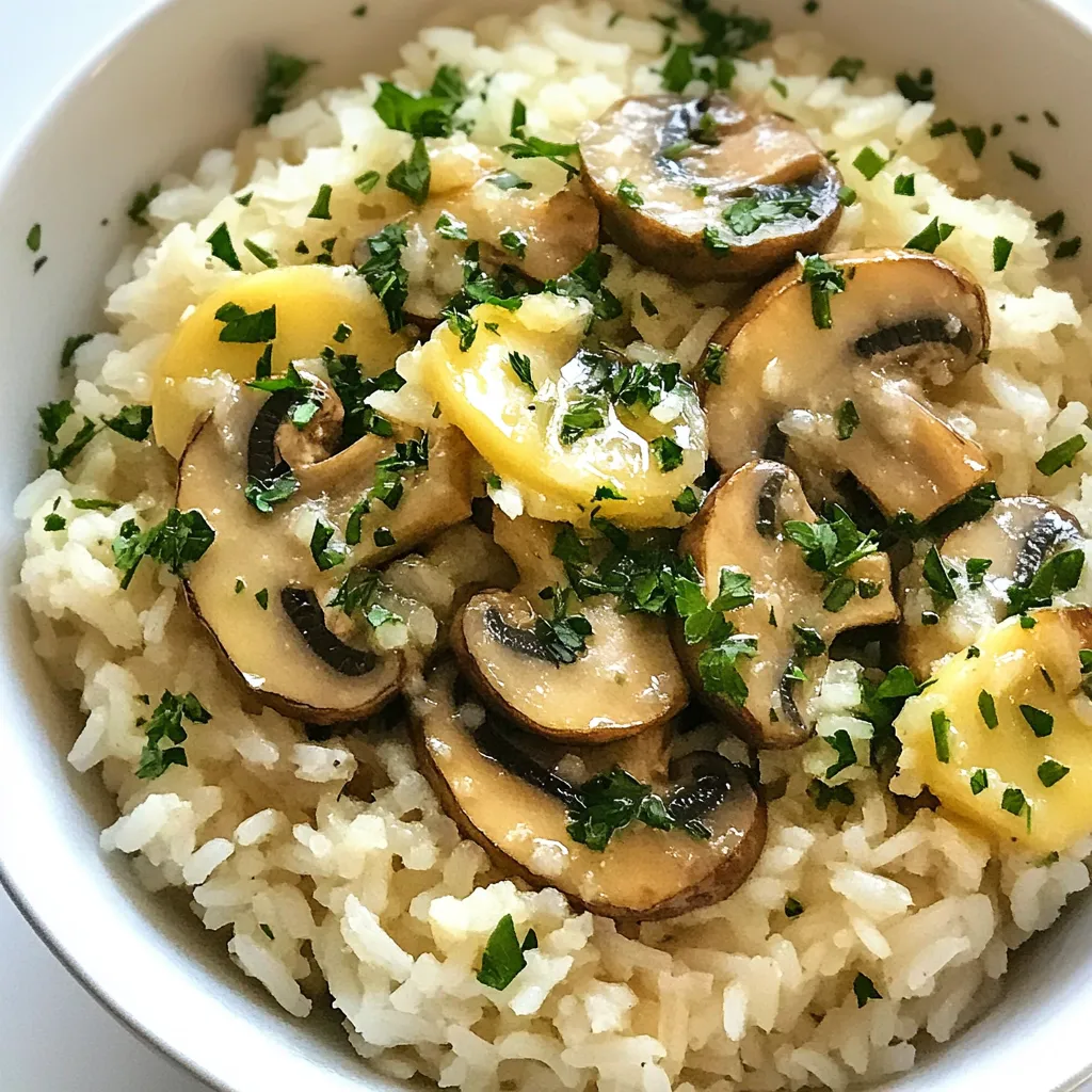 - 1 Tasse Jasminreis - 2 Tassen Gemüsebrühe - 1 Tasse Pilze (Cremini oder Champignon), in Scheiben geschnitten - 4 Esslöffel ungesalzene Butter - 4 Knoblauchzehen, fein gehackt - 1 kleine Zwiebel, fein gewürfelt - 1 Teelöffel getrockneter Thymian - 1 Teelöffel Sojasauce - Salz und Pfeffer nach Geschmack - Frische Petersilie, gehackt (zur Garnierung) Die Hauptzutaten sind einfach zu finden. Jasminreis gibt dem Gericht einen tollen Duft. Gemüsebrühe sorgt für mehr Geschmack. Pilze bringen die Umami-Note. Die ungesalzene Butter macht den Reis cremig. Knoblauch und Zwiebel fügen eine aromatische Basis hinzu. Die Gewürze sind wichtig für den letzten Schliff. Getrockneter Thymian bringt Frische. Sojasauce gibt eine salzige Tiefe. Salz und Pfeffer passen die Aromen an. Frische Petersilie macht das Gericht bunt und gibt einen frischen Geschmack. Mit diesen Zutaten kannst du ein einfaches, aber leckeres Gericht zaubern. Es ist perfekt für ein schnelles Abendessen oder als Beilage. {{ingredient_image_2}} - Abspülen des Jasminreises: Spüle den Jasminreis unter kaltem Wasser. Das Wasser sollte klar sein. Dies hilft, die Stärke zu entfernen. So wird der Reis fluffiger. - Kochen mit Gemüsebrühe: Koche die Gemüsebrühe in einem Topf. Füge den abgespülten Reis hinzu. Reduziere dann die Hitze. Decke den Topf ab und lasse den Reis 15 bis 20 Minuten köcheln. Der gesamte Flüssigkeit sollte absorbiert sein. Lockere den Reis danach vorsichtig mit einer Gabel auf. - Butter in der Pfanne schmelzen: Schmelze 2 Esslöffel Butter in einer großen Pfanne bei mittlerer Hitze. - Zwiebeln glasig braten: Füge die gewürfelten Zwiebeln zur Butter hinzu. Brate sie an, bis sie glasig sind. Das dauert etwa 2 bis 3 Minuten. Danach gib den gehackten Knoblauch dazu. Brate alles eine weitere Minute, bis es duftet. - Pilze hinzufügen und braten: Jetzt kommen die in Scheiben geschnittenen Pilze in die Pfanne. Erhöhe die Hitze auf mittelhoch und brate die Pilze an. Sie sollen goldbraun sein und ihre Feuchtigkeit verlieren. Das dauert etwa 5 bis 7 Minuten. - Reis, Thymian und Sojasauce einrühren: Reduziere die Hitze wieder. Rühre den gekochten Reis, den getrockneten Thymian und die Sojasauce ein. Gib die restliche Butter dazu. Mische alles gut. Schmecke mit Salz und Pfeffer ab. Passe die Gewürze nach deinem Geschmack an. - Wasser vor dem Kochen abspülen: Spüle den Jasminreis unter kaltem Wasser. Dies entfernt die Stärke. Ein klarer Wasserfluss zeigt, dass der Reis fertig ist. So wird der Reis fluffig. - Richtiges Verhältnis von Reis zu Brühe: Verwende zwei Tassen Brühe für eine Tasse Reis. Dieses Verhältnis sorgt für einen gut gewürzten und feuchten Reis. - Anpassungen der Gewürze nach Geschmack: Du kannst die Gewürze anpassen. Mehr Thymian? Kein Problem! Weniger Salz? Mach es einfach. Es geht um deinen Geschmack. - Bedeutung der frischen Petersilie: Frische Petersilie bringt Farbe und Geschmack. Sie hebt das Gericht hervor. Füge sie kurz vor dem Servieren hinzu, um das Beste herauszuholen. Pro Tipps Reis richtig abspülen: Das Abspülen des Jasminreises entfernt überschüssige Stärke, was zu einem fluffigeren Endprodukt führt. Pilze gut anbraten: Achte darauf, die Pilze bei mittelhoher Hitze zu braten, damit sie schön goldbraun werden und ihr Aroma entfalten können. Frische Kräuter verwenden: Frisch gehackte Petersilie am Ende hinzufügen, um dem Gericht einen frischen Geschmack und eine schöne Farbe zu verleihen. Variationen ausprobieren: Fühle dich frei, verschiedene Pilzarten oder andere Gewürze hinzuzufügen, um das Rezept nach deinem Geschmack zu variieren. {{image_4}} Du kannst viele Pilzsorten verwenden. Cremini und Champignon sind sehr beliebt. Diese Pilze geben dem Gericht einen tollen Geschmack. Andere Pilze wie Shiitake oder Austernpilze sind auch eine gute Wahl. Sie haben einen kräftigeren Geschmack und machen das Gericht besonders. Du kannst auch Gemüse oder Proteine hinzufügen. Zucchini, Spinat oder Erbsen passen gut dazu. Für eine proteinreiche Option kannst du Hähnchen oder Tofu verwenden. Wenn du vegan bist, lass einfach die Butter weg oder nutze pflanzliche Butter. Du kannst das Gericht auch glutenfrei machen, indem du Sojasauce durch Tamari ersetzt. So bleibt der Geschmack großartig, und alle können es genießen. - Wie lange kann der Pilzreis aufbewahrt werden? Der Knoblauchbutter-Pilzreis bleibt im Kühlschrank bis zu drei Tage frisch. - Behälter und Abdeckung Verwenden Sie einen luftdichten Behälter. Decken Sie den Reis gut ab, um Feuchtigkeit zu vermeiden. - Beste Methoden zum Erwärmen des Reises Erhitzen Sie den Reis in einer Pfanne bei mittlerer Hitze. Fügen Sie etwas Wasser oder Brühe hinzu. - Tipps, um die Konsistenz zu wahren Rühren Sie den Reis häufig um, damit er gleichmäßig warm wird. So bleibt der Reis locker und nicht trocken. Die Zubereitung von Knoblauchbutter-Pilzreis dauert etwa 35 Minuten. Die Vorbereitungszeit beträgt etwa 10 Minuten. Das Kochen des Reises und das Anbraten der Zutaten nehmen die restliche Zeit in Anspruch. So kannst du schnell ein leckeres Gericht zubereiten, das deine Gäste beeindrucken wird. Ja, du kannst den Reis im Voraus zubereiten. Koche den Reis und lasse ihn abkühlen. Du kannst ihn dann in einem luftdichten Behälter im Kühlschrank aufbewahren. So bleibt der Reis frisch für bis zu drei Tage. Vor dem Servieren kannst du ihn einfach wieder erwärmen und mit den Pilzen und der Knoblauchbutter kombinieren. Knoblauchbutter-Pilzreis passt gut zu vielen Gerichten. Hier sind einige Ideen: - Gegrilltes Hähnchen für eine herzhafte Kombination. - Gedünstetes Gemüse, wie Brokkoli oder grüne Bohnen. - Ein frischer Salat für mehr Textur und Geschmack. - Gegrillte Garnelen als leichte, leckere Ergänzung. Diese Beilagen bringen Abwechslung und machen das Essen noch köstlicher. Diese Anleitung hilft dir, einen schmackhaften Knoblauchbutter-Pilzreis zu kochen. Wir haben die Hauptzutaten wie Jasminreis und frische Pilze besprochen. Auch die Zubereitungsschritte waren klar und einfach. Die Tipps verbessern deinen Reis und die Variationen zeigen dir neue Möglichkeiten. Denke daran, dass frische Petersilie und verschiedene Pilze den Geschmack verändern können. Mit diesen Ideen wirst du dein Gericht anpassen und deine Gäste beeindrucken. Viel Spaß beim Kochen!