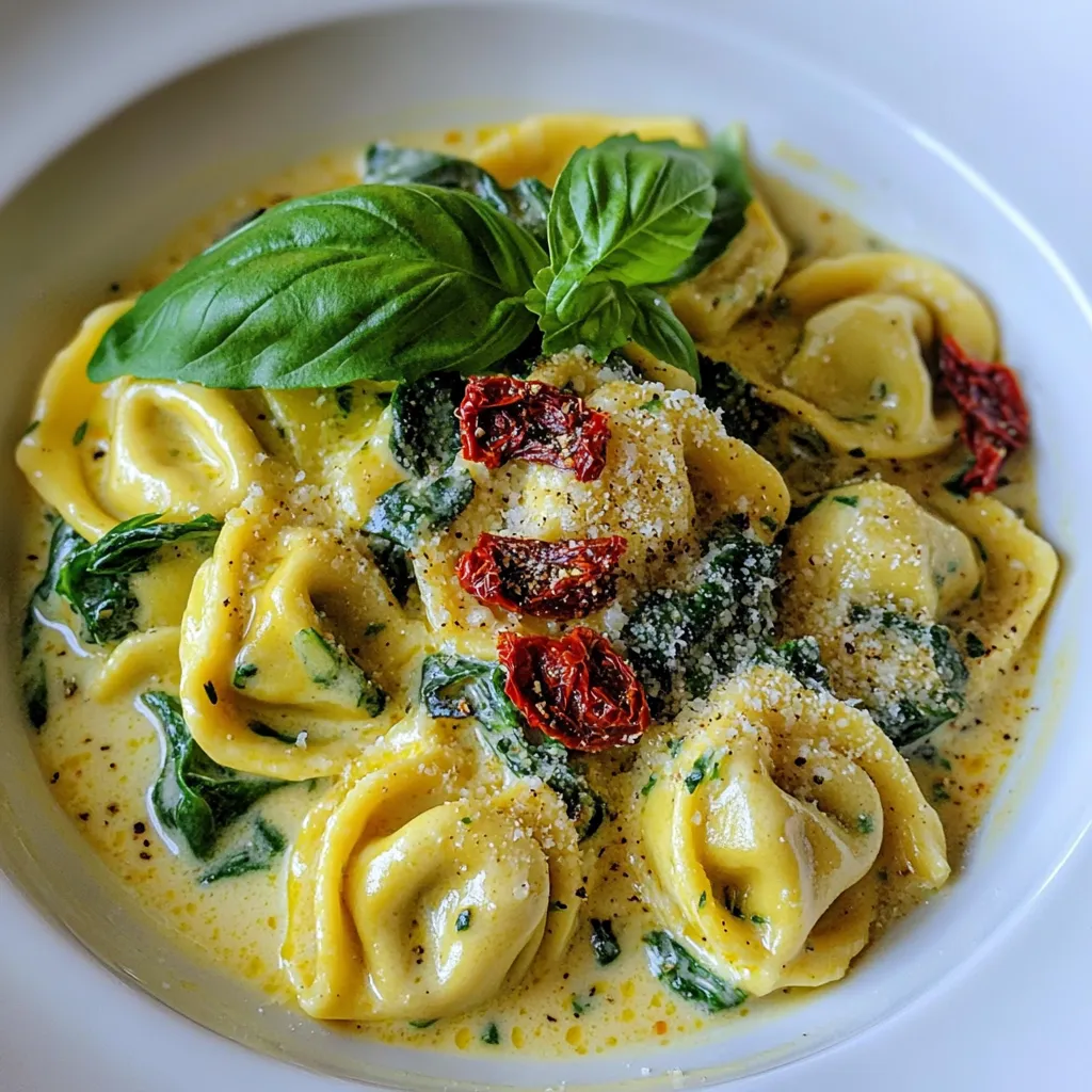 Um das Gericht zuzubereiten, brauchst du folgende Hauptzutaten: - 340 g frische Spinat-Tortellini - 150 g frischer Spinat, grob gehackt - 240 ml Sahne - 100 g geriebener Parmesan-Käse - 2 Esslöffel ungesalzene Butter - 2 Knoblauchzehen, fein gehackt - 1/2 Teelöffel Muskatnuss - Salz und Pfeffer nach Geschmack Diese Zutaten bilden die Basis für den cremigen Genuss der Tortellini. Die frischen Tortellini bringen einen tollen Geschmack und die Sahne sorgt für die cremige Konsistenz. Um dein Gericht noch interessanter zu machen, kannst du folgende optionale Zutaten hinzufügen: - 40 g getrocknete Tomaten, gehackt - Frische Basilikumblätter zur Garnierung Die getrockneten Tomaten geben einen süßlichen und herzhaften Geschmack. Die Basilikumblätter sind perfekt für die Garnitur und bringen Frische. Achte beim Einkaufen auf die Frische der Zutaten. Hier sind ein paar Tipps: - Wähle Tortellini, die frisch und nicht trocken sind. - Der Spinat sollte knackig und grün sein. Vermeide welke Blätter. - Achte darauf, dass die Sahne frisch ist und kein Verfallsdatum überschreitet. Frische Zutaten machen den Geschmack deines Gerichts viel besser. Immer auf Qualität achten! {{ingredient_image_2}} Um die Tortellini perfekt zuzubereiten, folgen Sie diesen Schritten: 1. Wasser kochen: Füllen Sie einen großen Topf mit Wasser und fügen Sie Salz hinzu. Bringen Sie das Wasser zum Kochen. 2. Tortellini hinzufügen: Geben Sie die frischen Spinat-Tortellini ins kochende Wasser. Kochen Sie sie 3-5 Minuten, bis sie al dente sind. 3. Abtropfen lassen: Gießen Sie die Tortellini in ein Sieb, um das Wasser abzulassen. Stellen Sie sie beiseite. Die Alfredo-Sauce macht das Gericht besonders. Hier ist, wie Sie sie zubereiten: 1. Butter schmelzen: Erhitzen Sie in einer großen Pfanne bei mittlerer Hitze die ungesalzene Butter. 2. Knoblauch braten: Fügen Sie den fein gehackten Knoblauch hinzu. Braten Sie ihn 1-2 Minuten, bis er duftet. 3. Sahne hinzufügen: Gießen Sie die Sahne in die Pfanne. Rühren Sie gelegentlich, während die Mischung langsam köchelt. 4. Käse einrühren: Fügen Sie nach und nach den geriebenen Parmesan-Käse hinzu. Rühren Sie, bis die Sauce glatt ist. 5. Würzen: Geben Sie die Muskatnuss dazu. Schmecken Sie die Sauce mit Salz und Pfeffer ab. Jetzt bringen wir alles zusammen: 1. Spinat einrühren: Fügen Sie den grob gehackten Spinat zur Sauce hinzu. Lassen Sie ihn 2-3 Minuten zusammenfallen. 2. Tortellini einmischen: Falten Sie vorsichtig die gekochten Tortellini in die Sauce. Achten Sie darauf, dass sie gut bedeckt sind. 3. Erhitzen: Lassen Sie das Gericht für 2 weitere Minuten warm werden. 4. Garnieren und servieren: Garnieren Sie das Gericht mit frischen Basilikumblättern. Servieren Sie es heiß für den besten Genuss. Um die Alfredo-Sauce perfekt zu machen, achte auf die Temperatur. Erhitze die Butter bei mittlerer Hitze, damit der Knoblauch nicht verbrennt. Wenn du die Sahne hinzufügst, lasse sie langsam köcheln. Das hilft, die Aromen zu verbinden. Füge den Parmesan in kleinen Mengen hinzu. So wird die Sauce glatt und cremig. Muskatnuss bringt Wärme in den Geschmack. Sei sparsam, denn weniger ist mehr! Ein häufiges Problem ist, dass die Sauce zu dick wird. Wenn das passiert, füge etwas mehr Sahne oder Wasser hinzu. Rühre gut um, bis die gewünschte Konsistenz erreicht ist. Eine andere Sorge ist, dass die Sauce klumpig wird. Das passiert oft, wenn der Käse zu schnell hinzugefügt wird. Achte darauf, dass die Hitze nicht zu hoch ist. Wenn sie klumpig wird, püriere sie kurz mit einem Stabmixer. Die Würze ist entscheidend für den Geschmack. Probiere die Sauce während des Kochens. Füge Salz und Pfeffer nach Geschmack hinzu. Wenn du mehr Tiefe möchtest, kannst du etwas Zitronensaft hinzufügen. Das bringt Frische. Für eine schärfere Note kannst du eine Prise Cayennepfeffer verwenden. Experimentiere mit verschiedenen Kräutern wie Oregano oder Thymian. So passt die Sauce besser zu deinem Geschmack. Pro Tipps Frische Zutaten verwenden: Verwenden Sie frischen Spinat und frische Tortellini für den besten Geschmack und die beste Textur. Muskatnuss richtig dosieren: Muskatnuss kann schnell überwältigend werden. Fügen Sie sie nach und nach hinzu und probieren Sie die Sauce, um die richtige Balance zu finden. Die Sauce nicht überhitzen: Achten Sie darauf, die Alfredo-Sauce nicht zu stark zu kochen, da sie sonst gerinnen kann. Halten Sie die Hitze niedrig und rühren Sie regelmäßig um. Garnierung für mehr Geschmack: Fügen Sie frische Basilikumblätter oder sogar geröstete Pinienkerne als Garnitur hinzu, um dem Gericht eine aromatische Note zu verleihen. {{image_4}} Wenn du eine vegetarische Option suchst, kannst du die Tortellini leicht anpassen. Verwende Tortellini mit Ricotta und Spinat. Diese Füllung bringt einen tollen Geschmack. Du kannst auch andere Gemüsefüllungen wählen. Zucchini oder Pilze passen gut dazu. Achte darauf, dass die Zutaten frisch sind. Das bringt mehr Geschmack in dein Gericht. Für mehr Protein kannst du Hühnchen oder Garnelen hinzufügen. Koche das Hühnchen vorher und schneide es in Stücke. Garnelen kannst du einfach in der Pfanne anbraten. Sie brauchen nur wenige Minuten. Du kannst auch Kichererbsen für eine vegane Option verwenden. Diese geben dir den nötigen Eiweißgehalt und sind gesund. Du kannst die Zutaten ganz leicht ändern, um neue Geschmäcker zu finden. Füge zum Beispiel frische Tomaten oder Paprika hinzu. Diese bringen Farbe und Süße. Wenn du es schärfer magst, gib etwas rote Paprika oder Chili hinzu. Auch verschiedene Käsesorten sind eine tolle Idee. Probiere Mozzarella oder Feta für einen anderen Geschmack. Sei kreativ und finde deine Lieblingskombination! Reste von cremigen Alfredo Spinat Tortellini lassen sich gut aufbewahren. Füllen Sie die Reste in einen luftdichten Behälter. Lassen Sie die Tortellini abkühlen, bevor Sie sie einpacken. So bleibt die Frische länger erhalten. Bewahren Sie die Reste im Kühlschrank auf. Verbrauchen Sie sie innerhalb von drei Tagen. Um die Tortellini wieder aufzuwärmen, geben Sie sie in eine Pfanne. Fügen Sie einen Schuss Sahne oder Wasser hinzu. Dies hilft, die Sauce cremig zu halten. Erwärmen Sie die Tortellini bei niedriger Hitze. Rühren Sie vorsichtig, bis sie heiß sind. Achten Sie darauf, die Tortellini nicht zu überkochen. Im Kühlschrank halten sich die Tortellini drei Tage. Wenn Sie sie länger aufbewahren möchten, können Sie sie einfrieren. Legen Sie die Tortellini in einen gefrierfesten Behälter. So bleiben sie bis zu drei Monate frisch. Zum Auftauen lassen Sie sie über Nacht im Kühlschrank. Anschließend können Sie sie wie gewohnt erwärmen. Die Zubereitung von cremigen Alfredo Spinat Tortellini dauert etwa 20 Minuten. Die Vorbereitungszeit ist schnell, in der Regel nur 10 Minuten. Kochen Sie die Tortellini für 3-5 Minuten, bis sie al dente sind. Während die Tortellini kochen, können Sie die Sauce zubereiten. So bleibt alles frisch und lecker. Ja, gefrorene Tortellini sind eine tolle Option! Sie sparen Zeit und sind leicht zu finden. Kochen Sie sie einfach nach den Anweisungen auf der Verpackung. Achten Sie darauf, die Kochzeit anzupassen. Gefrorene Tortellini brauchen oft etwas länger, um zart zu werden. Das Ergebnis bleibt genauso köstlich wie mit frischen Tortellini. Zu cremigen Alfredo Spinat Tortellini passen viele Beilagen gut. Ein frischer grüner Salat ist eine gute Wahl. Auch knuspriges Brot ist perfekt, um die Sauce aufzutunken. Gebratene Zucchini oder geröstetes Gemüse ergänzt das Gericht schön. Wenn Sie etwas mehr Protein möchten, servieren Sie Hähnchen oder Garnelen dazu. Cremige Alfredo Spinat Tortellini sind einfach zuzubereiten. Wir haben die besten Zutaten und Tipps besprochen. Du kannst die Sauce perfekt machen und nach deinem Geschmack anpassen. Denk auch an die Lagerinformationen, um Reste zu genießen. Nutze die FAQs, um Antworten auf deine Fragen zu finden. Probiere es aus und genieße dein Gericht!