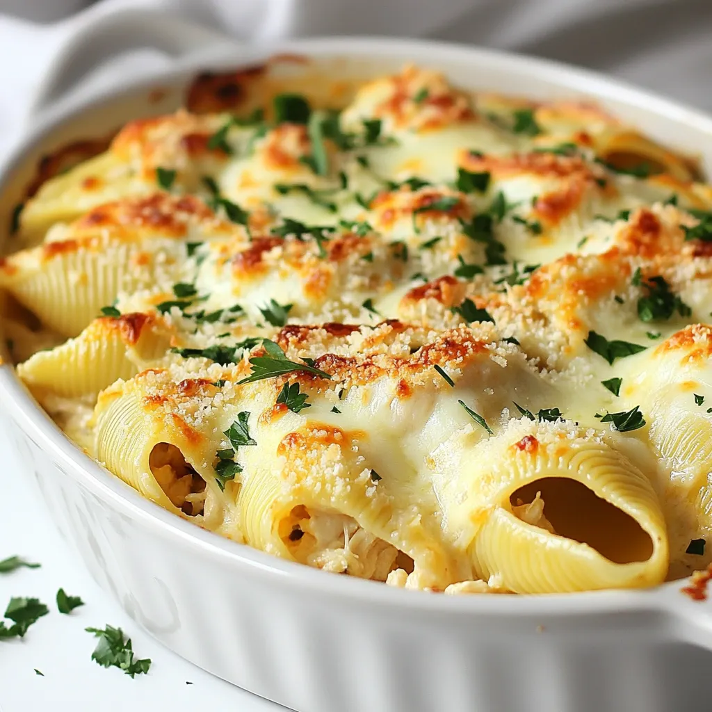 Für die Hähnchen-Alfredo gefüllten Muscheln brauchen Sie: - 20 Jumbo-Pasta-Muscheln - 2 Tassen gekochtes Hähnchen, zerrupft - 1 Tasse Ricotta-Käse - 1 Tasse geriebener Mozzarella-Käse (plus mehr zum Bestreuen) - 1/2 Tasse geriebener Parmesan-Käse - 2 Tassen Alfredo-Sauce (fertig oder selbstgemacht) - 2 Knoblauchzehen, fein gehackt - 1 Teelöffel italienische Gewürzmischung - Salz und Pfeffer nach Geschmack - Frische Petersilie, gehackt (zur Garnierung) Diese Zutaten bilden die Basis für ein leckeres Gericht. Die Kombination aus Hähnchen, Käse und Alfredo-Sauce sorgt für einen reichen Geschmack. Sie können die Gewürze anpassen, um Ihren Geschmack zu treffen. Zum Beispiel: - Fügen Sie mehr italienische Gewürzmischung hinzu für einen stärkeren Geschmack. - Probieren Sie Kräuter wie Oregano oder Basilikum für einen frischen Kick. Bei den Käsesorten können Sie experimentieren: - Verwenden Sie Gouda oder Fontina für einen anderen Käsegeschmack. - Fügen Sie etwas Blauschimmelkäse für eine besondere Note hinzu. Käse sorgt für Cremigkeit und einen tollen Geschmack in den gefüllten Muscheln. Wählen Sie frische Zutaten für das beste Ergebnis. Hier sind einige Tipps: - Achten Sie darauf, dass das Hähnchen frisch und gut gekocht ist. - Wählen Sie hochwertigen Käse aus dem Kühlregal. Reifer Käse hat oft besseren Geschmack. - Kaufen Sie frischen Knoblauch, der fest und frei von Schimmel ist. Frische Zutaten machen den Unterschied beim Kochen. So wird Ihr Gericht noch besser. {{ingredient_image_2}} Zuerst heize deinen Ofen auf 175°C vor. Koche dann die Jumbo-Pasta-Muscheln. Folge den Anweisungen auf der Verpackung. Koche sie bis sie al dente sind. Gieße sie ab und lasse sie leicht abkühlen. So kannst du sie später leichter füllen. In einer großen Schüssel mische das zerrupfte Hähnchen mit Ricotta-Käse. Füge 1 Tasse Mozzarella, Parmesan, gehackten Knoblauch und die italienische Gewürzmischung hinzu. Würze mit Salz und Pfeffer. Rühre alles gut um, bis die Mischung gleichmäßig ist. Diese Füllung macht deine Muscheln cremig und lecker. Verteile 1 Tasse Alfredo-Sauce auf dem Boden einer Auflaufform. Fülle jede Muschel großzügig mit der Hähnchenmischung. Lege die gefüllten Muscheln mit der Öffnung nach oben in die Form. Gieße die restliche Alfredo-Sauce gleichmäßig über die Muscheln. Bestreue alles mit zusätzlichem Mozzarella. Decke die Form mit Aluminiumfolie ab. Backe für 25 Minuten. Entferne die Folie und backe weitere 10-15 Minuten. Achte darauf, dass der Käse sprudelnd und goldbraun ist. Lass das Gericht nach dem Backen kurz ruhen. Garniere die Muscheln mit frischer Petersilie, bevor du sie servierst. Ein häufiger Fehler ist, die Muscheln zu lange zu kochen. Sie sollten al dente sein. So behalten sie ihre Form. Achte darauf, die Füllung gut zu mischen. Wenn du das nicht tust, schmeckt sie ungleichmäßig. Zu viel oder zu wenig Salz kann das Gericht verderben. Probiere die Mischung vorher aus. Ein weiterer Fehler ist, die Muscheln nicht genug mit Sauce zu bedecken. Die Sauce hält sie feucht und lecker. Bewahre die Reste in einem luftdichten Behälter auf. So bleiben sie frisch. Du kannst die gefüllten Muscheln auch in Portionen aufteilen. Das macht das Aufwärmen einfacher. Stelle sicher, dass die Muscheln vollständig abgekühlt sind, bevor du sie in den Kühlschrank stellst. Sie halten sich dort bis zu drei Tage. Zum Einfrieren lege die Muscheln in einen gefrierfesten Behälter. So bleiben sie bis zu drei Monate gut. Serviere die gefüllten Muscheln auf einem großen Teller. Garniere sie mit frischer Petersilie. Das sieht toll aus und schmeckt frisch. Du kannst auch ein wenig zusätzlicher Alfredo-Sauce darüber träufeln. Das macht das Gericht noch cremiger. Eine Beilage aus grünem Salat passt gut dazu. So hast du eine ausgewogene Mahlzeit. Pro Tipps Muscheln richtig kochen: Achte darauf, die Muscheln nur bis al dente zu kochen, damit sie beim Backen nicht zu weich werden. Variiere die Käseauswahl: Experimentiere mit verschiedenen Käsesorten wie Gouda oder Cheddar für einen anderen Geschmack. Alfredo-Sauce verfeinern: Füge frische Kräuter wie Basilikum oder Oregano zur Alfredo-Sauce hinzu, um zusätzlichen Geschmack zu erhalten. Ruhen lassen: Lass das Gericht nach dem Backen ein paar Minuten ruhen, damit sich die Aromen setzen können und die Muscheln beim Servieren nicht auseinanderfallen. {{image_4}} Für eine vegetarische Option kannst du das Hähnchen durch Spinat ersetzen. Spinat passt gut zu Ricotta. Du kannst auch Pilze oder Zucchini verwenden. Diese Gemüse sind lecker und machen die Füllung nahrhaft. Achte darauf, das Gemüse gut zu würzen. So bleibt der Geschmack frisch und bunt. Käse ist der Schlüssel zu einem cremigen Gericht. Du kannst verschiedene Käsesorten ausprobieren. Feta oder Gouda geben einen neuen Geschmack. Probiere auch veganen Käse, wenn du eine pflanzliche Option möchtest. Denke daran, den Käse gut zu mischen, damit er gleichmäßig verteilt ist. So schmeckt jede Biss perfekt. Die Alfredo-Sauce ist klassisch, aber du kannst kreativ werden. Probiere eine Tomatensauce für eine fruchtige Note. Eine Pesto-Sauce bringt frische Kräuter in dein Gericht. Du kannst auch eine würzige Sahnesauce verwenden, um etwas Hitze hinzuzufügen. Scheue dich nicht, mit Aromen zu spielen. So machst du das Gericht einzigartig und spannend. Wenn du nach dem Essen gefüllte Muscheln übrig hast, ist die richtige Lagerung wichtig. Lass die gefüllten Muscheln zuerst auf Zimmertemperatur abkühlen. Danach lege sie in einen luftdichten Behälter. Du kannst auch Frischhaltefolie verwenden, um sie gut abzudecken. So bleiben sie frisch und lecker. Um die gefüllten Muscheln wieder aufzuwärmen, heize deinen Ofen auf 175°C vor. Lege die Muscheln in eine Auflaufform und gieße etwas Alfredo-Sauce darüber. Decke die Form mit Aluminiumfolie ab. So trocknen sie nicht aus. Backe sie für etwa 20 Minuten. Überprüfe, ob sie heiß sind, bevor du sie servierst. Im Kühlschrank halten sich die gefüllten Muscheln etwa drei bis vier Tage. Wenn du sie länger aufbewahren willst, kannst du sie einfrieren. In einem luftdichten Behälter oder einem Gefrierbeutel bleiben sie bis zu drei Monate frisch. Achte darauf, das Datum auf dem Behälter zu notieren. So weißt du immer, wie lange sie schon drin sind. Um eine tolle Alfredo-Sauce zu machen, brauchst du nur ein paar einfache Zutaten. Du benötigst Butter, Sahne und Parmesan-Käse. Beginne mit dem Schmelzen der Butter in einem Topf. Füge dann die Sahne hinzu und lasse sie leicht köcheln. Rühre den Parmesan ein, bis er schmilzt. Du kannst auch etwas Knoblauch für mehr Geschmack hinzufügen. Denke daran, die Sauce gut zu würzen. So bekommst du eine samtige, reichhaltige Sauce für deine gefüllten Muscheln. Ja, du kannst andere Nudelsorten verwenden, wenn du möchtest. Manchmal sind Ricotta-Nudeln oder Farfalle eine gute Wahl. Achte darauf, dass sie genug Platz bieten, um die Füllung zu halten. Du kannst auch Lasagne-Platten verwenden, um eine andere Form zu erstellen. Sei kreativ und finde die Sorte, die dir am besten gefällt! Dieses Rezept ergibt etwa 4 bis 6 Portionen. Das hängt davon ab, wie hungrig deine Gäste sind. Wenn du eine große Gruppe hast, kannst du die Menge leicht verdoppeln. So hast du genug für alle und vielleicht sogar Reste für den nächsten Tag. Hähnchen-Alfredo gefüllte Muscheln sind einfach zu machen und lecker. Du hast gelernt, welche Zutaten wichtig sind und wie du sie auswählst. Die Schritt-für-Schritt-Anleitung macht das Kochen leicht. Tipps helfen dir, Fehler zu vermeiden und Reste richtig zu lagern. Denke auch an Variationen wie vegetarische Füllungen. Insgesamt sind gefüllte Muscheln ein tolles Gericht für jedes Dinner. Probier verschiedene Käsesorten und Saucen aus. So bleibst du kreativ und überrascht deine Gäste immer wieder!