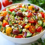 Für den griechischen Veggie Orzo Salat brauchen wir einige frische und leckere Zutaten. Hier ist die Liste: - 1 Tasse Orzo-Nudeln - 1 Tasse Kirschtomaten, halbiert - 1 Salatgurke, gewürfelt - 1 Paprika (rot oder gelb), gewürfelt - 1/2 rote Zwiebel, fein gehackt - 1 Tasse Kalamata-Oliven, entsteint und halbiert - 1/2 Tasse Feta-Käse, zerkrümelt - 1/4 Tasse frische Petersilie, gehackt - 1/4 Tasse Olivenöl - 2 Esslöffel Rotweinessig (oder Zitronensaft) - 1 Teelöffel getrockneter Oregano - Salz und Pfeffer nach Geschmack Diese Zutaten bringen die Aromen des Mittelmeers direkt auf deinen Tisch. Der Orzo gibt dem Salat eine tolle Textur. Die frischen Gemüse sorgen für Farbe und Crunch. Feta-Käse und Oliven bringen den typischen griechischen Geschmack. Falls du keine bestimmte Zutat hast, gibt es einfache Ersatzmöglichkeiten. Wenn du kein Orzo hast, kannst du auch Couscous oder Quinoa verwenden. Anstelle von Kirschtomaten sind normale Tomaten auch gut geeignet. Du kannst die Gurke mit Zucchini ersetzen. Für die Paprika kannst du auch Karotten oder Sellerie benutzen. Wenn dir Kalamata-Oliven nicht gefallen, versuche grüne Oliven. Falls du keinen Feta-Käse magst, kannst du ihn durch Ziegenkäse oder eine vegane Alternative ersetzen. Es ist wichtig, kreativ zu sein und die Zutaten zu wählen, die dir am besten gefallen. Dieser Salat ist nicht nur lecker, sondern auch gesund. Eine Portion hat ungefähr: - Kalorien: 250 - Fett: 15g - Kohlenhydrate: 30g - Eiweiß: 6g Der Salat bietet viele Vitamine und Mineralstoffe. Kirschtomaten sind reich an Antioxidantien. Gurken sind hydrierend und kalorienarm. Feta-Käse liefert Protein und Kalzium. So kannst du einen köstlichen, nahrhaften Salat genießen, der gut für dich ist! {{ingredient_image_2}} Um das Orzo perfekt zu kochen, bringe einen großen Topf mit Salzwasser zum Kochen. Wenn das Wasser sprudelt, füge 1 Tasse Orzo-Nudeln hinzu. Koche das Orzo für etwa 8 bis 10 Minuten. Achte darauf, dass es zart ist, aber nicht matschig wird. Nach dem Kochen gieße das Orzo ab und spüle es mit kaltem Wasser. So stoppst du den Kochprozess und sorgst für einen leckeren Biss. Während das Orzo kocht, kannst du das Gemüse vorbereiten. Nimm 1 Tasse Kirschtomaten und halbiere sie. Würfle eine Salatgurke und eine Paprika, entweder rot oder gelb. Hacke eine halbe rote Zwiebel fein. Gib alle diese Zutaten in eine große Rührschüssel. Rühre gut um, damit sich die Aromen vermischen. Jetzt kommt der spannende Teil! Füge das abgekühlte Orzo zur Gemüsemischung in die Schüssel. Dann kommen 1 Tasse Kalamata-Oliven dazu, die du entsteinen und halbieren solltest. Streue 1/2 Tasse zerkrümelten Feta-Käse über alles. Mische vorsichtig, damit das Gemüse und das Orzo gut verbunden sind. Für das Dressing brauchst du: - 1/4 Tasse Olivenöl - 2 Esslöffel Rotweinessig oder Zitronensaft - 1 Teelöffel getrockneter Oregano - Salz nach Geschmack - Pfeffer nach Geschmack Um das Dressing zu machen, nimm eine kleine Schüssel. Gib das Olivenöl hinein. Füge den Rotweinessig oder den Zitronensaft hinzu. Dann kommt der getrocknete Oregano. Jetzt streue etwas Salz und Pfeffer dazu. Rühre alles gut um, bis die Zutaten sich verbinden. Das Dressing sollte frisch und gut gewürzt schmecken. Um das Dressing interessanter zu machen, kannst du einige Variationen ausprobieren. Füge 1 Teelöffel Honig oder Senf hinzu, um eine süße Note zu bekommen. Ein Spritzer Zitronensaft sorgt für mehr Frische. Für einen würzigen Kick kannst du eine Prise Paprikapulver einstreuen. Du kannst auch frische Kräuter wie Basilikum oder Dill hinzufügen. Experimentiere mit den Zutaten, bis du dein Lieblingsdressing gefunden hast! Pro Tipps Orzo richtig kochen: Achten Sie darauf, das Orzo in ausreichend gesalzenem Wasser zu kochen, um den Geschmack zu intensivieren. Rühren Sie gelegentlich um, damit es nicht zusammenklebt. Frisches Gemüse verwenden: Nutzen Sie frisches und reifes Gemüse, um den besten Geschmack und die besten Nährstoffe zu erhalten. Saisonale Zutaten machen den Salat noch schmackhafter. Dressing im Voraus zubereiten: Bereiten Sie das Dressing einige Stunden vor dem Servieren zu und lassen Sie es im Kühlschrank durchziehen. So können sich die Aromen besser entfalten. Salat vor dem Servieren kühlen: Lassen Sie den Salat mindestens 30 Minuten im Kühlschrank ruhen, bevor Sie ihn servieren. Dies verbessert die Geschmackskombination und macht ihn erfrischender. {{image_4}} Beim Zubereiten des Griechischen Veggie Orzo Salats gibt es einige Dinge, die du beachten solltest. - Orzo zu lange kochen: Stelle sicher, dass du die Kochzeit beachtest. Orzo sollte al dente sein. - Nicht abkühlen lassen: Spüle das Orzo nach dem Kochen mit kaltem Wasser. So stoppt die Garung. - Zu viel Dressing: Beginne mit weniger Dressing und füge mehr hinzu, wenn nötig. Serviere den Salat in einer großen Schüssel oder in Einzelportionen. Das sieht toll aus und macht Spaß. - Garnieren: Füge frische Petersilie und Feta oben drauf. Das gibt dem Salat mehr Farbe. - Einmachgläser: Für Picknicks sind Einmachgläser eine kreative Idee. Sie sind leicht zu transportieren. Wenn du Reste hast, bewahre sie im Kühlschrank auf. Der Salat bleibt frisch und lecker. - Luftdicht verpacken: Nutze einen luftdichten Behälter, um den Salat aufzubewahren. - Haltbarkeit: Der Salat ist bis zu drei Tage haltbar. Die Aromen ziehen gut durch, wenn du ihn etwas ruhen lässt. Um den Griechischen Veggie Orzo Salat noch bunter zu gestalten, füge mehr Gemüse hinzu. Du kannst Karotten, Zucchini oder sogar Spinat verwenden. Diese Gemüsesorten bringen neue Farben und Aromen ins Spiel. Sie bieten auch zusätzliche Nährstoffe. Experimentiere mit verschiedenen Gemüsekombinationen, um deinen eigenen Stil zu finden. Wenn du deinem Salat mehr Substanz geben möchtest, füge Proteine hinzu. Gegrilltes Hühnchen oder Kichererbsen sind tolle Optionen. Diese Zutaten machen den Salat sättigender und nahrhafter. Sie ergänzen die Aromen und sorgen für einen ausgewogenen Genuss. Du kannst auch Tofu verwenden, um die pflanzliche Proteinquelle zu steigern. Für eine vegetarische Variante kannst du den Feta-Käse weglassen oder durch pflanzlichen Käse ersetzen. Vegane Alternativen sind einfach und lecker. Verwende Nüsse oder Samen für einen knusprigen Biss. Auch eine Avocado passt gut in den Salat und sorgt für eine cremige Textur. So bleibt der Salat frisch und gesund, egal welche Diät du bevorzugst. Ja, du kannst Orzo im Voraus kochen. Koche die Nudeln einfach und lasse sie abkühlen. Bewahre den Orzo in einem luftdichten Behälter auf. So bleibt er frisch, bis du ihn brauchst. Du kannst ihn bis zu drei Tage im Kühlschrank lagern. Wenn du ihn verwendest, kannst du ihn einfach wieder aufwärmen oder direkt in den Salat geben. Der griechische Veggie Orzo Salat bleibt im Kühlschrank frisch für etwa drei Tage. Achte darauf, ihn in einem luftdichten Behälter zu lagern. Wenn du die Aromen länger genießen möchtest, serviere ihn am besten frisch. Nach ein paar Tagen kann das Gemüse weich werden. Ja, du kannst andere Käsesorten verwenden. Feta ist klassisch, aber du kannst auch Ziegenkäse oder Mozzarella probieren. Diese Käsesorten bringen verschiedene Aromen. So kannst du den Salat nach deinem Geschmack anpassen. Stelle sicher, dass die Käsesorte gut zu den anderen Zutaten passt. Dieser Blogbeitrag gab Ihnen einen klaren Plan, um leckeren Salat zu machen. Wir haben die Hauptzutaten und ihre Ersatzmöglichkeiten besprochen. Die Schritt-für-Schritt-Anleitung machte das Kochen einfach. Sie lernten, wie man das Dressing zubereitet und zusätzliche Aromen hinzufügt. Unsere Tipps helfen Ihnen, Fehler zu vermeiden. Variationen ermöglichen, den Salat nach Ihrem Geschmack anzupassen. Probieren Sie neue Zutaten aus und haben Sie Spaß beim Kochen! So wird jeder Salat zu einem Genuss.