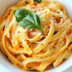 Um cremige rote Paprika Pasta zuzubereiten, brauchst du: - 340 g Pasta nach Wahl (Fettuccine, Penne oder Spaghetti) - 2 große rote Paprika - 120 ml Schlagsahne - 30 g frisch geriebener Parmesan - 2 Esslöffel Olivenöl - 3 Knoblauchzehen, fein gehackt - 1 Teelöffel geräuchertes Paprikapulver - Salz und Pfeffer nach Geschmack - Frische Basilikumblätter zum Garnieren Die roten Paprika sorgen für einen süßen und rauchigen Geschmack. Schlagsahne gibt der Sauce die cremige Textur. Parmesan verleiht einen herzhaften Geschmack. Ich empfehle, Fettuccine oder Penne zu verwenden. Diese Sorten halten die Sauce gut. Spaghetti geht auch, aber sie können rutschig sein. Wähle deine Lieblingssorte für ein tolles Ergebnis. Falls du keine Schlagsahne hast, kannst du auch Frischkäse oder Kokosmilch verwenden. Für einen veganen Ansatz nimm pflanzliche Sahne. Anstelle von Parmesan kannst du Hefeflocken nutzen, um einen ähnlichen Geschmack zu erzielen. Experimentiere nach deinem Geschmack! {{ingredient_image_2}} Heize deinen Ofen auf 220 °C vor. Ein heißer Ofen hilft, die Paprika perfekt zu rösten. Dies gibt der Sauce einen tollen, rauchigen Geschmack. Halbiere die roten Paprika und entferne die Kerne. Lege sie mit der Schnittfläche nach unten auf ein Backblech. Röste sie für 20-25 Minuten. Achte darauf, dass die Haut blasig und schwarz wird. Wenn die Paprika fertig ist, nimm sie aus dem Ofen. Während die Paprika abkühlt, koche die Pasta. Nutze die Packungsanweisung für die Kochzeit. In der Zwischenzeit entferne die Haut von den Paprika. Gib das Fruchtfleisch in einen Mixer. Füge den gehackten Knoblauch, die Schlagsahne, das geräucherte Paprikapulver, Salz und Pfeffer hinzu. Mixe alles, bis die Sauce glatt ist. Erhitze Olivenöl in einer großen Pfanne bei mittlerer Hitze. Gieße die Paprikasoße in die Pfanne und lasse sie fünf Minuten köcheln. Jetzt ist es Zeit, die gekochte Pasta hinzuzufügen. Rühre den geriebenen Parmesan unter und mische alles gut. Schmecke das Gericht mit Salz und Pfeffer ab. Serviere die Pasta heiß, garniert mit frischen Basilikumblättern. Um die Paprika perfekt zu rösten, ist die richtige Temperatur wichtig. Stelle deinen Ofen auf 220 °C ein. Halbiere die Paprika und lege sie mit der Schnittfläche nach unten auf ein Backblech. Röste sie 20 bis 25 Minuten. Die Haut sollte blasen und dunkel werden. Diese Rösttechnik bringt den süßen Geschmack der Paprika hervor. Das Rösten gibt der Sauce einen tollen, rauchigen Flavor. Um die Sauce noch cremiger zu machen, gibt es einige Tricks. Du kannst mehr Schlagsahne hinzufügen. Eine andere Option ist, etwas Frischkäse zu verwenden. Das gibt der Sauce eine extra samtige Textur. Auch ein wenig Nussmus, wie Cashew- oder Mandelmus, kann helfen. Mixe die Zutaten gut, bis die Sauce ganz glatt ist. Das sorgt für ein tolles Mundgefühl. Achte beim Kochen der Pasta auf die Packungsanweisung. Koche die Pasta immer al dente. Das bedeutet, sie sollte noch einen leichten Biss haben. Das hilft, die Pasta in der Sauce besser zu halten. Vergiss nicht, ausreichend Wasser zum Kochen zu verwenden. Füge Salz hinzu, wenn das Wasser kocht. Das gibt der Pasta Geschmack. Nach dem Kochen solltest du die Pasta gut abgießen, aber nicht abspülen. So bleibt die Stärke haften und die Sauce haftet besser. Pro Tipps Rote Paprika richtig rösten: Achte darauf, die Paprika bei hoher Hitze zu rösten, damit die Haut schön blasig wird. Dies fördert den Geschmack und die Textur der Sauce. Kräuter hinzufügen: Experimentiere mit frischen Kräutern wie Oregano oder Thymian in der Sauce, um zusätzliche Aromen zu entwickeln. Pasta al dente kochen: Koche die Pasta immer al dente, damit sie beim Mischen mit der Sauce nicht zu weich wird und ihre Struktur behält. Veganisieren: Um das Gericht vegan zu machen, ersetze die Schlagsahne durch eine pflanzliche Alternative und den Parmesan durch einen veganen Käse. {{image_4}} Um deine cremige rote Paprika Pasta aufzupeppen, kannst du verschiedene Zutaten hinzufügen. Hier sind einige Ideen: - Spinat: Frischer Spinat gibt Farbe und Nährstoffe. Füge ihn einfach zur Sauce hinzu. - Zwiebeln: Gebratene Zwiebeln bringen Süße und Tiefe. Dünste sie vor dem Hinzufügen zur Sauce. - Chili: Für etwas Hitze, füge frische oder getrocknete Chili hinzu. Experimentiere mit der Menge. - Nüsse: Geröstete Pinienkerne oder Walnüsse geben einen tollen Crunch. Streue sie vor dem Servieren darüber. Diese Pasta lässt sich leicht anpassen. Für eine vegetarische Variante kannst du die Schlagsahne durch pflanzliche Alternativen ersetzen. Kokosmilch oder Cashew-Sahne sind großartige Optionen. Für eine vegane Version verwende: - Pflanzliche Sahne: Diese gibt der Sauce die gleiche Cremigkeit. - Nusskäse: Anstelle von Parmesan kannst du einen veganen Käse verwenden. Um deine Mahlzeit zu vervollständigen, serviere die Pasta mit einfachen Beilagen. Hier sind einige Vorschläge: - Salat: Ein frischer grüner Salat passt gut dazu. Verwende Olivenöl und Zitronensaft für das Dressing. - Brot: Knuspriges Baguette oder Focaccia sind perfekt, um die Sauce aufzutunken. - Gemüse: Gegrilltes oder gedünstetes Gemüse ergänzt die Pasta gut. Diese Variationen machen das Gericht noch vielseitiger und leckerer. Probiere sie aus! Um die Reste deiner cremigen Pasta mit roten Paprika optimal zu lagern, lege sie in einen luftdichten Behälter. Lass die Pasta zunächst auf Raumtemperatur abkühlen. Decke den Behälter dann gut zu, um Feuchtigkeit zu vermeiden. So bleibt die Pasta frisch und lecker. Wenn du die Pasta aufwärmen möchtest, benutze eine Pfanne. Füge ein wenig Wasser oder Brühe hinzu, um die Sauce wieder cremig zu machen. Erhitze die Pasta bei niedriger Hitze. Rühre oft um, damit sie gleichmäßig warm wird. So bleibt die Textur perfekt und die Aromen kommen wieder zur Geltung. Im Kühlschrank hält sich die Pasta etwa 3 bis 4 Tage. Achte darauf, sie gut zu verpacken. Wenn du die Pasta länger aufbewahren willst, kannst du sie einfrieren. In einem gefrierfesten Behälter bleibt sie bis zu 3 Monate frisch. Zum Auftauen lege die Pasta einfach über Nacht in den Kühlschrank. Um diese Pasta glutenfrei zu machen, wähle glutenfreie Pasta. Viele Marken bieten Sorten aus Reis oder Mais an. Diese sind leicht zu finden. Koche die glutenfreie Pasta wie die normale Pasta. Achte darauf, sie nicht zu lange zu kochen. Sie können schneller gar werden. Ja, du kannst die Paprika auch anders zubereiten. Statt sie zu rösten, kannst du sie auch grillen oder in einer Pfanne braten. Beim Grillen bekommst du einen tollen rauchigen Geschmack. Wenn du die Paprika in der Pfanne brätst, nutze etwas Olivenöl dafür. So wird die Paprika weich und süß. Zu dieser cremigen Pasta passen verschiedene Weine gut. Ein leichter Weißwein ist eine gute Wahl. Probiere einen Sauvignon Blanc oder einen Chardonnay. Diese Weine ergänzen die Geschmäcker der Paprika und der Sahne. Wenn du Rotwein magst, wähle einen leichten Pinot Noir. Diese Anleitung zeigt dir, wie du cremige Pasta zaubern kannst. Du hast gelernt, welche Hauptzutaten wichtig sind und wie du die perfekte Sauce bereitest. Tipps zur Rösttechnik und Pasta-Kochtechnik helfen dir, dein Gericht zu verbessern. Du kannst mit verschiedenen Zutaten experimentieren und sogar vegetariische oder vegane Varianten ausprobieren. Denke daran, Reste richtig zu lagern für den besten Genuss. Mit diesen Tipps wirst du Pasta lieben! Experimentiere und finde deine persönliche Note in diesem Rezept.