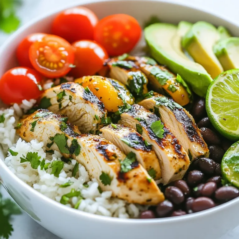Für die Cilantro Lime Chicken Rice Bowls brauchen wir einige Hauptzutaten. Hier sind sie: - 2 Tassen gekochter Jasminreis - 2 Hähnchenbrustfilets ohne Haut und Knochen - 1/4 Tasse frischer Koriander, fein gehackt - 1 Tasse Kirschtomaten, halbiert - 1 Avocado, in Scheiben geschnitten - 1 Tasse schwarze Bohnen, abgetropft und abgespült Diese Zutaten bilden die Basis für ein schmackhaftes und gesundes Gericht. Der Jasminreis gibt den Bowls eine weiche Textur. Die Hähnchenbrust liefert viel Protein. Koriander sorgt für einen frischen Geschmack. Die Marinade ist der Schlüssel zu diesem Rezept. Hier sind die Gewürze, die du brauchst: - 3 Esslöffel Limettensaft - 2 Esslöffel Olivenöl - 1 Teelöffel Knoblauchpulver - 1 Teelöffel Kreuzkümmel - 1/2 Teelöffel Paprika - Salz und Pfeffer nach Geschmack Diese Mischung macht das Hähnchen zart und würzig. Der Limettensaft fügt einen frischen Kick hinzu. Kreuzkümmel und Paprika geben Tiefe und Farbe. Für mehr Geschmack und Textur kannst du einige optionale Toppings hinzufügen: - Geschnittene Jalapeños - Feta-Käse - Limettenviertel Diese Toppings bringen Abwechslung in die Bowls. Jalapeños sorgen für Schärfe, während Feta einen salzigen Kontrast bietet. Limettenviertel sind perfekt, um mehr Frische hinzuzufügen. {{ingredient_image_2}} Beginne mit der Marinade. Mische in einer kleinen Schüssel den Limettensaft, das Olivenöl, Knoblauchpulver, Kreuzkümmel, Paprika, Salz und Pfeffer. Diese Mischung bringt viel Geschmack. Lege die Hähnchenbrust in einen Beutel oder eine flache Schale. Gieße die Marinade darüber. Achte darauf, dass das Hähnchen gut bedeckt ist. Lasse es mindestens 30 Minuten im Kühlschrank. Wenn du mehr Geschmack willst, mariniere es bis zu 2 Stunden. Heize eine Grillpfanne oder eine beschichtete Pfanne auf mittlerer bis hoher Hitze vor. Nimm das Hähnchen aus der Marinade und lege es in die Pfanne. Brate das Hähnchen für etwa 6-7 Minuten auf jeder Seite. Die Innentemperatur sollte 75°C erreichen. Nimm das Hähnchen vom Herd und lasse es einige Minuten ruhen. Danach kannst du es in Scheiben schneiden. Verteile den gekochten Jasminreis gleichmäßig auf vier Schalen. Belege jede Schale mit den geschnittenen Hähnchen, den schwarzen Bohnen, den halbierten Kirschtomaten und den Avocadoscheiben. Träufle zusätzlichen Limettensaft über die Bowls. Bestreue sie mit dem gehackten Koriander. Du kannst auch optionale Toppings wie Jalapeños oder Feta-Käse hinzufügen. Jetzt ist es Zeit zu genießen! Für das beste Aroma sollte das Hähnchen mindestens 30 Minuten marinieren. Wenn du mehr Zeit hast, lasse es bis zu 2 Stunden im Kühlschrank. So zieht die Marinade besser ein. Nutze einen wiederverschließbaren Beutel, um die Marinade gleichmäßig zu verteilen. Je länger das Hähnchen mariniert, desto intensiver wird der Geschmack. Grille das Hähnchen bei mittlerer bis hoher Hitze. Jede Seite benötigt etwa 6-7 Minuten, bis es gut durch ist. Überprüfe die Innentemperatur. Sie sollte 75°C erreichen. Lasse das Hähnchen nach dem Grillen ruhen, bevor du es schneidest. Das sorgt dafür, dass die Säfte im Fleisch bleiben. Du kannst die Reis-Bowls ganz nach deinem Geschmack anpassen. Füge verschiedene Gemüsesorten hinzu, wie Paprika oder Mais. Wechsel die Bohnen aus, zum Beispiel mit Pinto-Bohnen. Experimentiere mit verschiedenen Toppings wie Jalapeños oder Feta-Käse. So bleibt das Rezept immer spannend und frisch. Pro Tipps Marinieren für mehr Geschmack: Lassen Sie das Hähnchen länger marinieren, idealerweise bis zu 2 Stunden, um ein intensiveres Aroma zu erzielen. Perfekte Hähnchenbrust: Achten Sie darauf, dass die Innentemperatur des Hähnchens 75°C (165°F) erreicht, um ein saftiges und sicheres Ergebnis zu gewährleisten. Frische Zutaten: Verwenden Sie frische und reife Avocados und Kirschtomaten, um den Geschmack und die Textur Ihrer Bowls zu verbessern. Variationen ausprobieren: Fügen Sie weitere Toppings wie geschnittene Jalapeños oder Feta-Käse hinzu, um den Geschmack zu variieren und zu personalisieren. {{image_4}} Wenn du eine vegetarische Option wünschst, kannst du das Hähnchen durch Tofu ersetzen. Verwende festen Tofu und schneide ihn in Würfel. Marinieren kannst du ihn wie das Hähnchen. Brate den Tofu in einer Pfanne, bis er goldbraun ist. Du kannst auch gegrilltes Gemüse wie Paprika oder Zucchini hinzufügen. Diese geben extra Geschmack und Farbe. Die Gewürze in diesem Rezept sind flexibel. Du kannst mehr Kreuzkümmel hinzufügen, wenn du einen stärkeren Geschmack möchtest. Füge für mehr Schärfe etwas Cayennepfeffer hinzu. Für einen süßeren Geschmack verwende ein wenig Honig oder Agavendicksaft in der Marinade. Experimentiere mit deinen Lieblingsgewürzen, um die Bowls nach deinem Geschmack zu gestalten. Für einen besonderen Twist kannst du exotische Zutaten hinzufügen. Probiere Mango oder Ananas für eine fruchtige Note. Diese passen gut zu den anderen Geschmäckern. Auch schwarze Oliven oder Feta-Käse können die Bowls aufpeppen. Diese Zutaten bringen Abwechslung und machen die Bowls einzigartig. Bewahre deine übrig gebliebenen Cilantro Lime Chicken Rice Bowls in einem luftdichten Behälter auf. Diese Bowls können bis zu drei Tage im Kühlschrank frisch bleiben. Achte darauf, dass die Schalen gut verschlossen sind, um den Geschmack zu erhalten. Wenn du die Bowls erneut aufwärmen möchtest, benutze die Mikrowelle. Erhitze die Schalen in kurzen Intervallen von 30 Sekunden. Rühre zwischendurch um, damit alles gleichmäßig warm wird. Du kannst auch einen Topf verwenden. Füge etwas Wasser hinzu, um das Austrocknen zu verhindern. Die Zutaten haben unterschiedliche Haltbarkeiten. Gekochter Jasminreis bleibt im Kühlschrank etwa vier bis fünf Tage gut. Hähnchen bleibt ebenfalls drei bis vier Tage frisch. Avocados und Kirschtomaten sollten jedoch am besten frisch verzehrt werden. Lagere sie getrennt, um ihre Frische zu verlängern. Ja, du kannst das Rezept im Voraus zubereiten. Marinierte Hähnchenbrust kann bis zu zwei Stunden im Kühlschrank bleiben. Du kannst auch den Reis vorher kochen und im Kühlschrank lagern. So sparst du Zeit, wenn du die Bowls servierst. Bereite die Toppings vor und lagere sie getrennt. So bleibt alles frisch. Gute Beilagen sind vielfältig. Du kannst frische Salate oder Tortillachips servieren. Ein leichtes Joghurt-Dressing passt gut dazu. Außerdem sind Guacamole oder Salsa tolle Ergänzungen. Diese Beilagen bringen mehr Geschmack und Textur in die Bowls. Sie machen dein Gericht noch bunter und leckerer. Die Würze lässt sich leicht anpassen. Du kannst mehr Limettensaft für mehr Frische hinzufügen. Wenn du es schärfer magst, füge geschnittene Jalapeños hinzu. Andere Gewürze wie Chili-Pulver oder Koriander geben dem Gericht neue Aromen. Experimentiere mit der Marinade, um deinen eigenen Geschmack zu finden. Reis-Bowls sind einfach und gesund. Wir haben die Hauptzutaten, Gewürze und Toppings besprochen. Die Schritt-für-Schritt-Anleitung hilft dir beim Marinieren und Zubereiten des Hähnchens. Tipps geben dir die besten Tricks zur Garzeit und Variationen. Egal ob vegetarisch oder exotisch, Options gibt es viele. Die Lagerinformationen zeigen dir, wie du Reste aufbewahrst. Jetzt kannst du deine eigenen Reis-Bowls kreieren und genießen!