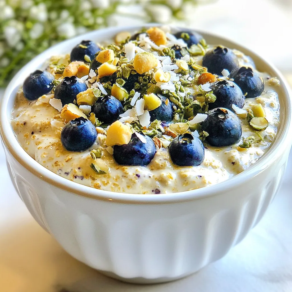 - 1 Tasse Haferflocken (gerollt) - 1 Tasse Mandelmilch oder andere Milch - 1/2 Tasse griechischer Joghurt oder Kokosjoghurt Die Hauptzutaten sind einfach zu finden. Haferflocken bilden die Basis. Sie sind nahrhaft und füllend. Mandelmilch macht die Mischung cremig. Du kannst auch jede andere Milch verwenden, die du magst. Der Joghurt sorgt für einen tollen Geschmack und eine schöne Konsistenz. Wenn du milchfrei sein möchtest, nimm Kokosjoghurt. - 1/2 Tasse frische Blaubeeren - 1/4 Tasse ungesüßte Kokosraspel - 1 Esslöffel Honig oder Ahornsirup (optional, nach Geschmack) Zusätzliche Zutaten bringen mehr Geschmack. Frische Blaubeeren sind saftig und süß. Sie machen das Frühstück bunt und lecker. Kokosraspel geben einen tropischen Touch. Wenn du es süßer magst, füge Honig oder Ahornsirup hinzu. So kannst du die Süße nach deinem Geschmack anpassen. - Gehackte Nüsse oder Samen - Weitere Blaubeeren - Kokosraspel Garnierungen machen dein Gericht besonders. Gehackte Nüsse oder Samen fügen einen schönen Crunch hinzu. Weitere Blaubeeren bringen Farbe und Geschmack. Eine Prise Kokosraspel oben drauf sieht toll aus und schmeckt ebenfalls. Sei kreativ und gestalte dein Frühstück nach Lust und Laune! {{ingredient_image_2}} Zuerst nehme ich eine mittlere Schüssel. Ich gebe 1 Tasse Haferflocken, 1 Tasse Mandelmilch und 1/2 Tasse griechischen Joghurt hinein. Es ist wichtig, alle Zutaten gut zu vermengen. Dann füge ich 1/4 Tasse ungesüßte Kokosraspel, 1 Teelöffel Vanilleextrakt und eine Prise Salz hinzu. Diese Schritte sorgen für einen tollen Geschmack. Jetzt ist es Zeit für die Blaubeeren. Ich nehme 1/2 Tasse frische Blaubeeren. Vorsichtig hebe ich sie unter die Mischung. Ich behalte ein paar Blaubeeren für die Garnitur zurück. Wenn ich es süßer mag, gebe ich 1 Esslöffel Honig oder Ahornsirup hinzu. Dann rühre ich alles gut um. Ich teile die Mischung gleichmäßig auf zwei Gläser auf. Danach verschließe ich die Gläser mit Deckeln. Ich stelle sie über Nacht in den Kühlschrank. So saugen die Haferflocken die Flüssigkeit auf. Am Morgen sind sie weich und bereit zum Genießen. Um die besten Blaubeer-Kokos-Über-Nacht-Haferflocken zu machen, verwenden Sie frische Zutaten. Frische Blaubeeren geben den besten Geschmack. Wählen Sie knackige, reife Beeren. Lagern Sie die Mischung im Kühlschrank. So bleiben die Haferflocken frisch und lecker. Manchmal möchten Sie eine andere Konsistenz. Fügen Sie einfach mehr Milch hinzu. Das macht die Haferflocken cremiger. Einweichen während des Vorbereitens ist wichtig. Lassen Sie die Mischung mindestens vier Stunden ruhen. So wird alles schön weich und geschmackvoll. Seien Sie kreativ mit den Zutaten. Probieren Sie verschiedene Joghurtarten aus. Kokosjoghurt ist eine milchfreie Option. Sie können auch andere Früchte verwenden. Erdbeeren, Himbeeren oder Bananen passen gut dazu. Experimentieren Sie, um Ihren Liebling zu finden. Pro Tipps Verwenden Sie frische Blaubeeren: Für den besten Geschmack und die beste Textur sollten Sie frische Blaubeeren verwenden. Tiefgekühlte können auch verwendet werden, aber frische sind aromatischer. Kokosraspel anpassen: Je nach Vorliebe können Sie die Menge der Kokosraspel erhöhen oder verringern. Für einen intensiveren Kokosgeschmack fügen Sie mehr hinzu! Über Nacht einweichen: Lassen Sie die Haferflocken über Nacht im Kühlschrank, um die beste Konsistenz zu erreichen. Dies sorgt dafür, dass sie weich und cremig werden. Gesunde Toppings: Experimentieren Sie mit verschiedenen Toppings wie Chiasamen, Leinsamen oder anderen Nüssen für zusätzliche Nährstoffe und Crunch. {{image_4}} Um die Blaubeer Kokos Über-Nacht Haferflocken vegan zu machen, tausche den griechischen Joghurt gegen Kokosjoghurt aus. Das gibt dir noch mehr Kokosgeschmack. Für die Süße kannst du einen anderen Süßstoff verwenden. Ahornsirup oder Agavendicksaft sind großartige Alternativen zu Honig. Diese Optionen sind einfach und lecker. Möchtest du mehr Protein? Füge einfach einen Löffel Proteinpulver oder Chiasamen zu deiner Mischung hinzu. Beide Optionen sind nahrhaft und leicht. Chiasamen quellen auch und geben eine tolle Konsistenz. So wird dein Frühstück noch sättigender und gesünder. Du kannst die Blaubeeren durch andere Beeren oder Obst ersetzen. Himbeeren, Erdbeeren oder sogar Mango passen gut. Das gibt dir die Chance, die Haferflocken mit saisonalen Früchten zu genießen. Experimentiere und finde deine Lieblingskombination! Die Blaubeer Kokos Über-Nacht Haferflocken halten sich im Kühlschrank bis zu fünf Tage. Ich empfehle, sie in einem luftdichten Behälter zu lagern. So bleiben sie frisch und lecker. Die beste Zeit, um sie vorzubereiten, ist am Abend vorher. So sind sie morgens bereit zum Genießen. Falls du Reste hast, kannst du die Haferflocken auch einfrieren. Fülle die Mischung in einen gefriergeeigneten Behälter. Achte darauf, etwas Platz zu lassen, da sich die Mischung ausdehnt. Zum Aufwärmen nimm die Portionen einfach aus dem Gefrierschrank und lasse sie über Nacht im Kühlschrank auftauen. Am Morgen kannst du sie kurz in die Mikrowelle stellen. Für ein schnelles Frühstück unterwegs, nutze kleine Gläser oder Behälter mit Deckel. Sie sind perfekt für den Transport. Du kannst auch Bananen oder Nüsse in separaten kleinen Dosen mitnehmen. So hast du alles, was du brauchst, für ein gesundes Frühstück. Die Blaubeer-Kokos-Über-Nacht-Haferflocken halten sich bis zu fünf Tage im Kühlschrank. Um die Frische zu bewahren, lagere die Haferflocken in einem luftdichten Behälter. So bleibt der Geschmack und die Textur optimal. Überprüfe die Mischung vor dem Essen. Wenn der Geruch oder das Aussehen nicht stimmt, wirf es weg. Ja, du kannst die Haferflocken ohne Milch zubereiten. Statt Milch kannst du Wasser, Fruchtsaft oder pflanzliche Alternativen wie Hafermilch verwenden. Diese Optionen bringen verschiedene Geschmäcker mit. Probiere es aus, um herauszufinden, was dir am besten schmeckt. Die Zutaten bieten viele gesundheitliche Vorteile. - Haferflocken: Sie sind reich an Ballaststoffen. Diese helfen bei der Verdauung und halten dich lange satt. - Blaubeeren: Diese kleinen Beeren sind voll von Antioxidantien. Sie unterstützen das Immunsystem und fördern die Gesundheit des Herzens. - Griechischer Joghurt: Er enthält viel Protein und Probiotika. Diese sind gut für die Darmgesundheit. Insgesamt machen diese Zutaten die Blaubeer-Kokos-Über-Nacht-Haferflocken zu einem nahrhaften Frühstück. Die bloße Zubereitung der Blaubeer-Kokos-Über-Nacht-Haferflocken ist einfach und angenehm. Du kombinierst Hauptzutaten wie Haferflocken und Milch mit frischen Blaubeeren und Kokosraspeln. Die Anleitung hilft dir, alles vorzubereiten und kühl zu lagern. Denk daran, mit verschiedenen Joghurtarten zu experimentieren und auch die süße Note anzupassen. Nutze die Tipps zur Lagerung und zu Varianten, um deine Kreation zu optimieren. Diese Rezepte sind nicht nur gesund, sie bieten auch viele Möglichkeiten für Abwechslung. Probiere sie aus und entdecke dein neues Frühstücksliebling!