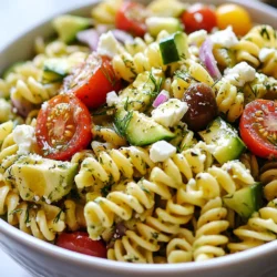 Für den griechischen Avocado-Pasta-Salat benötigst du: - 225 g Vollkornpasta (Rotini oder Fusilli) - 2 reife Avocados, gewürfelt - 250 g Kirschtomaten, halbiert - 1 Gurke, gewürfelt - 1/2 rote Zwiebel, fein gehackt - 150 g Kalamata-Oliven, entkernt und halbiert - 120 g Feta-Käse, zerkrümelt - 2 Esslöffel frischer Dill, gehackt Diese Zutaten bilden die Basis deines Salats. Die Vollkornpasta gibt dir einen nussigen Geschmack. Die Avocados sorgen für Cremigkeit. Frische Kirschtomaten und Gurken bringen Farbe und Knackigkeit. Für das Dressing brauchst du: - 3 Esslöffel Olivenöl - 2 Esslöffel Zitronensaft - Salz und Pfeffer nach Geschmack Das Olivenöl ist ein wichtiger Teil des Geschmacks. Es gibt deinem Salat einen frischen, mediterranen Touch. Der Zitronensaft fügt eine angenehme Säure hinzu. Salz und Pfeffer runden alles ab. Frische Zutaten sind der Schlüssel zu einem leckeren Salat. Wähle reife Avocados, die leicht auf Druck nachgeben. Die Kirschtomaten sollten prall und saftig sein. Achte darauf, dass die Gurke knackig ist und die Zwiebel frisch aussieht. Diese frischen Zutaten sorgen für den besten Geschmack. Sie bringen das Gericht zum Leben und machen es zu einem echten Genuss. {{ingredient_image_2}} Um die Pasta perfekt zu kochen, bringst du einen großen Topf mit gesalzenem Wasser zum Kochen. Füge dann 225 g Vollkornpasta hinzu. Koche die Pasta laut Anleitung auf der Verpackung bissfest. Nach dem Kochen gießt du die Pasta ab und spülst sie unter kaltem Wasser. So stoppst du den Kochprozess und die Pasta kühlt ab. Während die Pasta kocht, kannst du das Gemüse vorbereiten. Nimm 2 reife Avocados und würfle sie. Halbiere 250 g Kirschtomaten. Würfle eine Gurke und hacke eine halbe rote Zwiebel fein. Auch 150 g Kalamata-Oliven sollten entkernt und halbiert werden. So hast du alle Zutaten bereit. In einer großen Rührschüssel kombinierst du die abgekühlte Pasta mit den gewürfelten Avocados, halbierten Kirschtomaten, der Gurke, der roten Zwiebel und den Kalamata-Oliven. Achte darauf, alles gut zu vermischen, damit sich die Aromen verbinden. Für das Dressing nimm eine kleine Schüssel. Verquirle 3 Esslöffel Olivenöl, 2 Esslöffel Zitronensaft, 2 Esslöffel gehackten Dill, sowie Salz und Pfeffer nach Geschmack. Mische alles gut, bis es eine glatte Mischung ergibt. Gieße das Dressing über die Pasta und das Gemüse. Rühre vorsichtig um, damit die Avocados nicht zerdrückt werden. Jede Zutat soll gut mit dem Dressing bedeckt sein. Nun ist es Zeit für den Feta! Streue 120 g zerkrümelten Feta-Käse gleichmäßig über den Salat. Hebe ihn behutsam unter, damit der Feta nicht zu sehr zerfällt. Stelle den Salat für etwa 20 Minuten in den Kühlschrank. So verbinden sich die Aromen gut. Wenn du bereit bist zu servieren, kannst du den Salat in einer großen Schüssel anrichten. Garnieren kannst du ihn mit extra Feta und einem Zweig frischen Dills. Optional streue etwas frisch gemahlenen schwarzen Pfeffer darüber. Um die beste Pasta für deinen Salat zu bekommen, koche sie al dente. Das bedeutet, sie sollte fest und nicht zu weich sein. Koche die Vollkornpasta in einem großen Topf mit gesalzenem Wasser. Achte auf die Zeit auf der Packung. Nach dem Kochen, gieße die Pasta ab. Spüle sie dann mit kaltem Wasser ab. So bleibt sie frisch und die Garzeit stoppt. Avocados sind der Star dieses Salats. Wähle reife, aber feste Avocados. Schneide die Avocado zuerst in der Mitte durch und drehe die Hälften. Entferne den Kern vorsichtig. Nutze einen Löffel, um das Fruchtfleisch herauszulösen. Würfle das Fruchtfleisch dann in gleichmäßige Stücke. Du kannst etwas Zitronensaft darauf geben, damit sie nicht braun werden. Das Dressing macht den Salat besonders lecker. Du kannst das Grunddressing mit Olivenöl und Zitronensaft leicht variieren. Füge zum Beispiel einen Teelöffel Honig hinzu für Süße. Ein bisschen Knoblauch bringt mehr Geschmack. Du kannst auch frische Kräuter wie Petersilie oder Oregano verwenden. So wird dein Dressing noch aromatischer! Pro Tipps Avocados richtig wählen: Wählen Sie reife, aber feste Avocados aus, um sicherzustellen, dass sie beim Mischen des Salats nicht zerdrückt werden. Pasta al dente kochen: Kochen Sie die Vollkornpasta nur bis sie al dente ist, um eine angenehme Textur zu gewährleisten. Dressing variieren: Experimentieren Sie mit verschiedenen Kräutern oder einem Spritzer Balsamico-Essig, um dem Dressing eine persönliche Note zu verleihen. Für mehr Frische: Fügen Sie zusätzlich frische Kräuter wie Petersilie oder Basilikum für eine extra geschmackliche Dimension hinzu. {{image_4}} Um diesen Salat noch besser zu machen, kann ich einige zusätzliche Zutaten empfehlen. Füge geröstete Pinienkerne hinzu. Sie bringen einen tollen Crunch. Auch gegrillte Paprika passen gut. Diese geben einen süßen, rauchigen Geschmack. Möchtest du etwas Schärfe? Probiere gehackte Jalapeños oder frischen Chili. Für eine extra frische Note sind auch frische Kräuter wie Petersilie oder Minze klasse. Wenn du eine vegane Version machen möchtest, ist das einfach. Lass den Feta weg und ersetze ihn durch veganen Käse. Auch der Geschmack bleibt großartig! Du kannst auch einen Esslöffel Hefeflocken hinzufügen. Diese geben einen käsigen Geschmack ohne Milchprodukte. Achte darauf, dass dein Dressing ohne Honig ist, um vegan zu bleiben. Für eine glutenfreie Version wähle einfach glutenfreie Pasta. Es gibt viele gute Sorten aus Reis oder Quinoa. Sie schmecken ähnlich wie normale Pasta. Du kannst auch Zucchini-Nudeln verwenden. Diese machen den Salat leicht und frisch. Achte darauf, dass alle anderen Zutaten auch glutenfrei sind. So bleibt dein Salat lecker und passend für alle. Um deinen griechischen Avocado-Pasta-Salat frisch zu halten, lagere ihn in einem luftdichten Behälter. Stelle sicher, dass der Salat gut abgedeckt ist. Das schützt ihn vor dem Austrocknen und hält die Aromen zusammen. Du kannst den Salat bis zu drei Tage im Kühlschrank aufbewahren. Die Haltbarkeit des Salats hängt von den Zutaten ab. Der Salat bleibt frisch, solange die Avocados nicht braun werden. Wenn du den Salat richtig lagerst, schätzt du seine Haltbarkeit auf etwa zwei bis drei Tage. Nach dieser Zeit kann der Geschmack nachlassen. Ich empfehle, den Salat nicht einzufrieren. Avocados und Gurken verlieren beim Einfrieren ihre Textur. Wenn du Reste hast, genieße sie lieber frisch. Wenn du unbedingt etwas aufbewahren möchtest, erwäge nur die Pasta ohne frisches Gemüse einzufrieren. Du kannst dann frisches Gemüse hinzufügen, wenn du bereit bist, den Salat zu essen. Ja, du kannst diesen Salat im Voraus machen. Bereite die Pasta und das Gemüse einen Tag vorher zu. Mische alles mit dem Dressing, kurz bevor du servierst. So bleibt die Avocado frisch und die Pasta hat die beste Textur. Wenn du den Salat lagerst, trenne das Dressing. Das verhindert, dass die Pasta matschig wird. Eine reife Avocado fühlt sich weich an, wenn du sanft drückst. Die Farbe sollte dunkelgrün oder fast schwarz sein. Wenn sie noch hart ist, lass sie bei Raumtemperatur reifen. Ein weiterer Tipp ist, den kleinen Stiel zu entfernen. Wenn die Stelle darunter grün ist, ist die Avocado reif und bereit zum Essen. Zu diesem Salat passen viele Beilagen gut. Du kannst gegrilltes Hähnchen oder Garnelen servieren. Auch Brot wie Focaccia oder Pita ist lecker dazu. Ein frischer Joghurt-Dip rundet das Essen ab. Wenn du etwas mehr Gemüse möchtest, serviere einen einfachen grünen Salat. In diesem Artikel haben wir die wichtigsten Zutaten für einen leckeren griechischen Avocado-Pasta-Salat besprochen. Wir haben Schritt für Schritt erklärt, wie man den Salat zubereitet, vom Kochen der Pasta bis zum Servieren. Auch Tipps und Variationen für mehr Geschmack wurden erwähnt. Achte auf frische Zutaten und die richtige Lagerung, um die Haltbarkeit zu maximieren. Denke daran, diesen Salat nach deinem Geschmack anzupassen. Experimentiere und finde deine perfekte Mischung, um jeden Biss zu genießen.