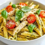 - 340 g Penne-Nudeln - 480 g gekochte Hähnchenbrust, zerkleinert - 240 g Basilikum-Pesto - 240 ml Schlagsahne - 150 g Cherrytomaten, halbiert - 50 g geriebener Parmesan-Käse - 2 Esslöffel Olivenöl - 2 Knoblauchzehen, fein gehackt - Salz und Pfeffer nach Geschmack - Frische Basilikumblätter zur Garnitur In diesem Rezept kommen einfache und frische Zutaten zusammen. Die Penne-Nudeln bilden die Basis und sind leicht zu kochen. Ich benutze gekochte Hähnchenbrust, um Zeit zu sparen und um sicherzustellen, dass das Gericht schnell fertig ist. Das Basilikum-Pesto bringt einen tollen Geschmack. Zusätzlich sorgt die Schlagsahne für die cremige Note. Die Cherrytomaten fügen einen süßen, frischen Biss hinzu. Parmesan-Käse gibt dem Gericht Tiefe und einen salzigen Geschmack. Vergessen Sie nicht die Knoblauchzehen! Sie bringen viel Aroma mit. Olivenöl ist wichtig, um den Knoblauch anzubraten und das Gericht zu verfeinern. Salz und Pfeffer passen gut zu allen Zutaten. Frische Basilikumblätter sind das i-Tüpfelchen für die Garnitur. Sie sehen nicht nur gut aus, sondern schmecken auch frisch. Mit diesen Zutaten wird Ihr cremiges Pesto Hähnchen Penne einfach köstlich! {{ingredient_image_2}} Bringe einen großen Topf mit gesalzenem Wasser zum Kochen. Füge die Penne-Nudeln hinzu. Koche die Nudeln gemäß der Packungsanweisung. Achte darauf, sie al dente zu garen. Das bedeutet, sie sollten weich, aber noch bissfest sein. Gieße die Nudeln ab, aber behalte 120 ml Nudelwasser. Dieses Wasser ist wichtig für die Sauce. Erhitze das Olivenöl in einer großen Pfanne bei mittlerer Hitze. Füge den fein gehackten Knoblauch hinzu. Brate den Knoblauch etwa eine Minute lang an. Achte darauf, dass er aromatisch wird, aber nicht verbrennt. Der Duft wird deine Küche füllen. Jetzt kommt das zerkleinerte Hähnchen. Rühre es in die Pfanne ein. Erhitze es für zwei bis drei Minuten. Dann füge das Basilikum-Pesto hinzu. Mische alles gut durch, damit die Aromen sich verbinden. Erwärme die Mischung leicht. Reduziere die Hitze auf niedrig. Lass langsam die Schlagsahne einfließen, während du ständig rührst. So wird die Sauce glatt und cremig. Sollte die Sauce zu dick sein, füge etwas von dem reservierten Nudelwasser hinzu. Dies hilft, die perfekte Konsistenz zu erreichen. Gib die gekochten Penne in die Pfanne. Mische sie gut mit der Sauce, damit sie gleichmäßig überzogen sind. Füge die halbierten Cherrytomaten und den geriebenen Parmesan hinzu. Rühre alles durch und schmecke mit Salz und Pfeffer ab. Nehme die Pfanne vom Herd. Garniere das Gericht mit frischen Basilikumblättern. Dies bringt Farbe und Frische. Serviere die Penne in tiefen Schalen. Ein Spritzer Olivenöl obenauf sieht toll aus und schmeckt fantastisch. Um die ideale Konsistenz für deine cremige Pesto Hähnchen Penne zu erreichen, gibt es ein paar einfache Tricks. Zuerst solltest du etwas Nudelwasser aufbewahren. Dieses stärkehaltige Wasser hilft, die Sauce zu binden. Wenn du die Schlagsahne hinzufügst, kannst du das Nudelwasser langsam einrühren. So wird die Sauce schön cremig und nicht zu dick. Ein weiterer Punkt ist die Menge der Schlagsahne. Zu viel kann die Sauce schwer machen. Beginne mit der angegebenen Menge und füge mehr hinzu, wenn nötig. Du willst eine glatte, aber nicht flüssige Sauce. Der Geschmack deiner Pasta hängt stark vom Pesto ab. Wähle ein hochwertiges Basilikum-Pesto, das frisch und aromatisch ist. Du kannst auch dein eigenes Pesto herstellen, um die Aromen zu kontrollieren. Zusätzlich kannst du extra Knoblauch hinzufügen. Wenn du den Knoblauch beim Anbraten leicht bräunst, entfaltet sich sein Geschmack besser. So wird deine Sauce noch schmackhafter. Die Präsentation spielt eine große Rolle. Serviere die Pasta in tiefen Schalen. So sieht sie toll aus und bleibt warm. Du kannst das Gericht mit frischem Parmesan bestreuen. Auch ganze Basilikumblätter auf der Pasta machen es ansprechend. Ein Spritzer Olivenöl obenauf kann den Look zusätzlich verbessern. Es gibt dem Gericht einen tollen Glanz und einen frischen Geschmack. So wird deine cremige Pesto Hähnchen Penne nicht nur lecker, sondern auch schön anzusehen. Pro Tipps Perfekte Nudeltextur: Achten Sie darauf, die Nudeln al dente zu kochen, damit sie beim Mischen mit der Sauce nicht matschig werden. Hausgemachtes Pesto: Wenn Sie Zeit haben, probieren Sie, Ihr eigenes Pesto aus frischem Basilikum, Pinienkernen und Parmesan zu machen – es schmeckt viel frischer! Sahnealternative: Für eine leichtere Version können Sie die Schlagsahne durch griechischen Joghurt ersetzen, um die Cremigkeit zu erhalten, aber weniger Kalorien. Garnierungen: Verleihen Sie dem Gericht mit gerösteten Pinienkernen oder frischen Kräutern wie Petersilie einen zusätzlichen Geschmackskick. {{image_4}} Du kannst das Hähnchen einfach durch Gemüse ersetzen. Brokkoli, Zucchini oder Paprika passen gut. Diese Gemüsesorten bringen Farbe und Geschmack in das Gericht. Verwende auch pflanzliches Pesto statt des traditionellen. Es gibt viele leckere Varianten, die toll schmecken. Möchtest du etwas Schärfe? Füge Chili-Flakes zu deiner Sauce hinzu. Das gibt dem Gericht einen tollen Kick. Du kannst auch verschiedene Kräuter verwenden. Frischer Oregano oder Thymian bringen neue Aromen. Experimentiere ruhig mit den Gewürzen, um deinen perfekten Geschmack zu finden. Wenn du keine Penne hast, probiere Fusilli oder Farfalle aus. Diese Formen nehmen die Sauce gut auf. Achte jedoch darauf, die Kochzeit anzupassen. Fusilli und Farfalle brauchen oft etwas länger, um al dente zu werden. Halte die Packungsanweisung bereit, um die beste Textur zu erzielen. Um das cremige Pesto Hähnchen Penne richtig zu lagern, fülle es in einen luftdichten Behälter. Stelle sicher, dass der Behälter gut verschlossen ist. So bleibt das Gericht frisch. Im Kühlschrank hält es sich bis zu drei Tage. Achte darauf, es vor dem Servieren gut durchzuwärmen. Du kannst die Pasta auch einfrieren. Teile sie in Portionen auf und lege sie in gefrierfeste Beutel. Drücke die Luft heraus, bevor du sie verschließt. So bleibt der Geschmack erhalten. Zum Auftauen lege die Beutel über Nacht in den Kühlschrank. Zum Aufwärmen kannst du die Pasta in der Mikrowelle oder auf dem Herd erwärmen. Füge während des Erwärmens etwas Sahne oder Nudelwasser hinzu, um die cremige Konsistenz zu erhalten. Mit den Resten kannst du kreativ werden. Füge sie in einen Auflauf oder in eine Suppe. Du kannst auch ein Pesto-Quiche-Rezept ausprobieren. Eine weitere Idee ist, die Reste in einem Salat zu verwenden. So schaffst du neue Gerichte aus einem einfachen Rest. Die Zubereitung dauert etwa 30 Minuten. Die Vorbereitungszeit beträgt 10 Minuten. Das Kochen der Nudeln und das Mischen der Zutaten nehmen den Rest der Zeit in Anspruch. So hast du schnell ein köstliches Gericht auf dem Tisch! Ja, du kannst das Rezept ohne Sahne machen. Eine gute Alternative ist griechischer Joghurt. Er gibt eine cremige Textur und bleibt gesund. Du kannst auch etwas Gemüsebrühe verwenden, um die Sauce leichter zu machen. Cremiges Pesto Hühnchen Penne hat seine Wurzeln in der italienischen Küche. Pesto ist eine klassische Sauce aus Ligurien. Das Gericht wurde angepasst, um die Cremigkeit durch Sahne hinzuzufügen. Diese Anpassung macht es für viele Menschen zugänglicher. Um das Gericht schärfer zu machen, kannst du Chili-Flakes hinzufügen. Einfach eine Prise beim Kochen einstreuen. Auch frischer Chili passt gut dazu. Achte darauf, die Schärfe nach deinem Geschmack anzupassen. Zu diesem Gericht passen frische Salate gut. Ein grüner Salat mit Zitronen-Dressing ist ideal. Auch knuspriges Brot ergänzt das Gericht. Als Getränk empfehle ich einen leichten Weißwein oder Mineralwasser. In diesem Artikel haben wir das Rezept für cremiges Pesto Hühnchen Penne detailliert durchgegangen. Die Hauptzutaten sind einfache, frische Produkte wie Nudeln, Hähnchen und Pesto. Wir haben die Schritte zur Zubereitung besprochen und Tipps gegeben, um das Gericht zu verfeinern. Außerdem haben wir Variationen und Lagerungstipps genannt. Diese Kombination aus Zutaten und Zubereitung macht das Gericht zu einem Highlight. Experimentiere mit deinen eigenen Ideen, um es noch besser zu machen!