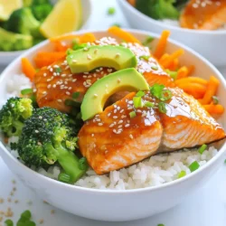 Für meine Teriyaki-Lachs-Reis-Schalen brauche ich: - 2 Lachsfilets - 1 Tasse Jasminreis - 2 Tassen Wasser oder Gemüsebrühe - 1 Tasse Brokkoliröschen - 1/2 Tasse Karotten, in Streifen geschnitten - 1/2 Avocado, in Scheiben geschnitten Diese Zutaten geben dem Gericht seinen tollen Geschmack. Der Lachs bleibt saftig und gut gewürzt durch die Sauce. Der Jasminreis ist leicht und duftend, was die Schalen perfekt macht. Für die Teriyaki-Sauce benötige ich: - 1/4 Tasse Sojasauce - 2 Esslöffel Honig oder Ahornsirup - 1 Esslöffel Reisessig - 1 Esslöffel Sesamöl - 1 Knoblauchzehe, fein gehackt - 1 Stück Ingwer (ca. 2,5 cm), gerieben Diese Sauce bringt die Süße und den Umami-Geschmack in die Schalen. Der Knoblauch und der Ingwer sorgen für eine schöne Würze. Um die Schalen zu vervollständigen, empfehle ich: - Sesam für die Garnitur - Gehackte Frühlingszwiebeln zur Garnitur Die Garnierungen bringen einen zusätzlichen Crunch und frische Aromen. Sie machen das Gericht nicht nur lecker, sondern auch schön anzusehen. {{ingredient_image_2}} Um den Jasminreis perfekt zu kochen, spüle ihn unter kaltem Wasser ab. Mache dies, bis das Wasser klar ist. Gib dann den Reis und 2 Tassen Wasser oder Gemüsebrühe in einen Kochtopf. Bringe alles zum Kochen und decke den Topf ab. Reduziere die Hitze auf niedrig und lasse den Reis 15-20 Minuten köcheln. Am Ende sollte der Reis fluffig sein und die Flüssigkeit vollständig aufgenommen sein. Für die Teriyaki-Sauce nimm einen kleinen Topf und stelle ihn bei mittlerer Hitze auf den Herd. Vermische 1/4 Tasse Sojasauce, 2 Esslöffel Honig oder Ahornsirup, 1 Esslöffel Reisessig, 1 Esslöffel Sesamöl, eine fein gehackte Knoblauchzehe und ein Stück Ingwer, etwa 2,5 cm, gerieben. Rühre gut um und lasse die Sauce 3-5 Minuten köcheln, bis sie leicht dickflüssig wird. Nimm den Topf vom Herd. Für den Lachs erhitze eine beschichtete Pfanne bei mittlerer bis hoher Hitze. Füge einen Schuss Öl hinzu. Lege die Lachsfilets mit der Hautseite nach unten in die Pfanne. Brate sie 4-5 Minuten lang an. Wende die Filets vorsichtig, bestreiche sie mit der Teriyaki-Sauce und brate sie weitere 4-5 Minuten. Der Lachs sollte durchgegart sein und sich leicht mit einer Gabel zerteilen lassen. Bring in einem separaten Topf Wasser zum Kochen. Füge die Brokkoliröschen und 1/2 Tasse Karotten, in Streifen geschnitten, hinzu. Blanchiere das Gemüse für etwa 2-3 Minuten, bis es zart ist. Lass das Gemüse abtropfen und spüle es sofort mit kaltem Wasser ab. So stoppst du den Garprozess. In Servierschalen lege eine großzügige Menge gekochten Reis. Platziere das Lachsfilet darauf und träufle die restliche Teriyaki-Sauce darüber. Füge die blanchierten Gemüse und die 1/2 Avocado, in Scheiben geschnitten, als Beilage hinzu. Zum Schluss streue Sesam und gehackte Frühlingszwiebeln obenauf. Diese geben dem Gericht Geschmack und einen tollen Crunch. Jetzt sind deine Teriyaki-Lachs-Reis-Schalen bereit zum Genießen! Um den perfekten Lachs zu braten, achte auf die Pfanne. Wähle eine beschichtete Pfanne, um ein Ankleben zu verhindern. Erhitze sie gut, bevor du den Lachs hinzufügst. Lege die Filets mit der Hautseite nach unten in die Pfanne. Brate sie für 4-5 Minuten, bis die Haut knusprig wird. Wende die Filets vorsichtig und bestreiche sie mit der Teriyaki-Sauce. Brate sie dann für weitere 4-5 Minuten, bis sie gar sind. Der Lachs sollte sich leicht mit einer Gabel zerteilen lassen. Die Teriyaki-Sauce kann leicht angepasst werden. Du kannst mehr Honig oder Ahornsirup für mehr Süße hinzufügen. Für einen schärferen Geschmack füge etwas Sriracha oder Chili-Flocken hinzu. Experimentiere mit Orange oder Ananas Saft, um eine fruchtige Note zu erhalten. Diese Variationen bringen neue Aromen in dein Gericht und machen es einzigartig. Der Schlüssel zu fluffigem Reis ist das Abspülen. Spüle den Jasminreis unter kaltem Wasser ab, bis das Wasser klar ist. Dies entfernt überschüssige Stärke und verhindert, dass der Reis klebrig wird. Verwende Wasser oder Gemüsebrühe für mehr Geschmack. Decke den Topf beim Kochen gut ab und reduziere die Hitze nach dem Aufkochen. Lass den Reis 15-20 Minuten köcheln. So wird er perfekt und leicht. Pro Tipps Frischer Lachs: Wähle frische Lachsfilets aus, um den besten Geschmack und die beste Textur zu erzielen. Achte darauf, dass die Haut glänzend und die Farbe lebendig ist. Reis richtig waschen: Wasche den Jasminreis gründlich, um überschüssige Stärke zu entfernen. Dies sorgt dafür, dass der Reis beim Kochen nicht klebrig wird. Gemüse knackig halten: Blanchiere das Gemüse nur kurz, um die Farbe und den Crunch zu bewahren. Ein sofortiger Eiswasserbad stoppt den Garprozess effektiv. Sauce anpassen: Experimentiere mit der Teriyaki-Sauce, indem du mehr Honig oder Ahornsirup für eine süßere Variante oder mehr Sojasauce für eine salzigere Note hinzufügst. {{image_4}} Für eine vegetarische Version kannst du Tofu verwenden. Tofu nimmt die Teriyaki-Sauce gut auf. Schneide den Tofu in Würfel und mariniere ihn in der Sauce. Brate ihn dann goldbraun in der Pfanne. Du kannst auch Tempeh verwenden, das eine feste Textur hat. Für einen extra Geschmack, füge geröstete Nüsse hinzu. Um das Gericht glutenfrei zu machen, nutze tamari anstelle von Sojasauce. Tamari hat einen ähnlichen Geschmack und ist perfekt für Menschen mit Glutenunverträglichkeit. Achte darauf, dass der Reis auch glutenfrei ist, was meistens der Fall ist. Wenn du eine glutenfreie Teriyaki-Sauce herstellen möchtest, mische Honig, Reisessig und frischen Ingwer. Füge mehr Gemüse hinzu, um das Gericht bunter zu machen. Paprika, Zucchini oder Edamame sind tolle Optionen. Du kannst auch frische Kräuter wie Koriander oder Basilikum verwenden. Für den Crunch streue geröstete Erdnüsse oder Cashews über die Schalen. Diese Zutaten machen den Geschmack noch besser und sorgen für mehr Abwechslung. Um Reste von Teriyaki-Lachs-Reis-Schalen frisch zu halten, benutze luftdichte Behälter. Teile die Reste in Portionen auf. Achte darauf, den Lachs und das Gemüse getrennt vom Reis aufzubewahren. Das verhindert, dass der Reis matschig wird. Lagere die Behälter im Kühlschrank. So bleiben die Reste für 2-3 Tage genießbar. Beim Aufwärmen der Reste, verwende die Mikrowelle oder einen Kochtopf. Wenn du die Mikrowelle nutzt, stelle die Leistung auf niedrig. Erwärme die Schalen in kurzen Intervallen von je 30 Sekunden. Rühre zwischendurch um, um eine gleichmäßige Temperatur zu erreichen. Im Kochtopf füge einen kleinen Schuss Wasser hinzu. Decke den Topf ab, damit das Gemüse nicht austrocknet. Die Zutaten haben unterschiedliche Haltbarkeiten. Frischer Lachs sollte innerhalb von 1-2 Tagen nach dem Kauf verwendet werden. Jasminreis bleibt ungekocht bis zu 1 Jahr haltbar, wenn er trocken gelagert wird. Blanchiertes Gemüse kann im Kühlschrank 3-5 Tage frisch bleiben. Achte darauf, die Sojasauce und die anderen Saucen an einem kühlen, dunklen Ort zu lagern. Um den Lachs richtig zu marinieren, mixe die Sojasauce, Honig, Reisessig, und Sesamöl. Füge gehackten Knoblauch und geriebenen Ingwer hinzu. Lege die Lachsfilets in die Marinade und lasse sie mindestens 30 Minuten ziehen. So zieht der Geschmack tief ein. Du kannst auch über Nacht marinieren, um mehr Aroma zu bekommen. Ja, du kannst andere Reissorten verwenden! Jasminreis ist weich und duftend, aber du kannst auch Sushi-Reis oder Vollkornreis probieren. Achte darauf, dass du die Kochzeit anpasst. Vollkornreis benötigt mehr Wasser und Zeit. Achte darauf, dass der Reis fluffig bleibt. Zu Teriyaki-Lachs passen viele Beilagen gut. Hier sind einige Ideen: - Blanchiertes Gemüse wie Brokkoli und Karotten - Avocado in Scheiben - Edamame für einen zusätzlichen Crunch - Gurken oder Radieschen für Frische - Nori-Blätter für einen Hauch von Meer Diese Beilagen sorgen für mehr Farbe und Textur in deiner Schale. In diesem Artikel haben wir die Hauptzutaten für Teriyaki-Lachs-Reis-Schalen und die Schritt-für-Schritt-Anleitung besprochen. Ich habe Tipps gegeben, wie man perfekten Lachs zubereitet und Variationen vorgestellt, die jeder genießen kann. Es ist auch wichtig, wie man Reste richtig lagert. Teriyaki-Lachs-Reis-Schalen sind einfach und lecker. Du kannst sie nach deinem Geschmack anpassen. Probiere verschiedene Zutaten aus und finde deine Lieblingsversion. Gutes Essen macht glücklich und verbindet uns!