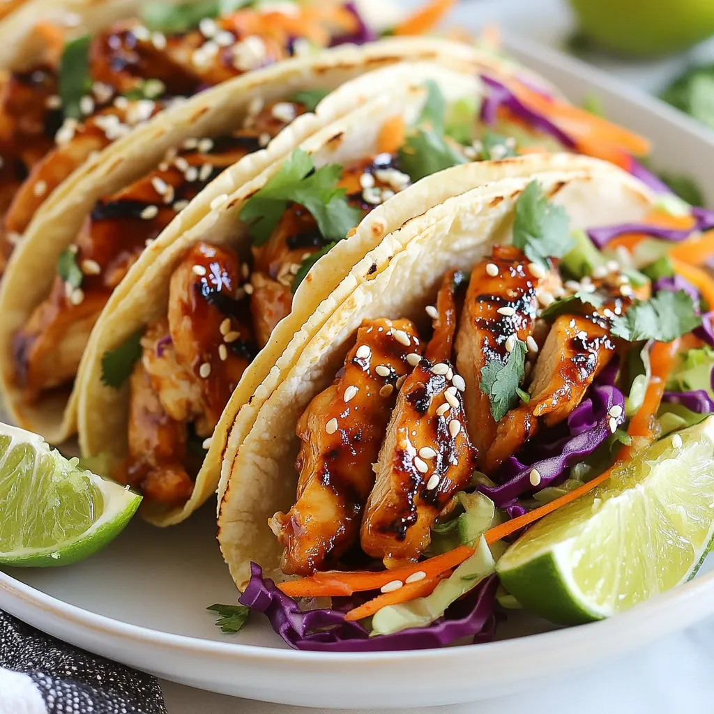 Für die Spicy Korean Chicken Tacos brauchst du: - 450 g Hähnchenschenkel, entbeint und ohne Haut - 8 kleine Mais- oder Weizentortillas - 1 Tasse zerkleinertes Gemüse (grüner oder lila Kohl) - 1 Karotte, in feine Streifen geschnitten - ½ Tasse frischer Koriander, gehackt - 1 Limette, in Spalten geschnitten - Sesamsamen zum Garnieren Diese Zutaten machen die Tacos lecker und frisch. Die Hähnchenschenkel sorgen für zartes Fleisch. Die Tortillas sind die perfekte Hülle. Für die Marinade benötigst du: - 3 Esslöffel Gochujang (koreanische Chilipaste) - 2 Esslöffel Sojasauce - 1 Esslöffel Sesamöl - 1 Esslöffel Honig - 2 Knoblauchzehen, fein gehackt - 2,5 cm frischer Ingwer, gerieben Diese Gewürze geben den Tacos den besonderen Kick. Gochujang bringt die Schärfe, während Honig eine süße Note hinzufügt. Die Kombination aus Knoblauch und Ingwer sorgt für ein tolles Aroma. Zu den Tacos passen auch: - Zerkleinertes Gemüse wie Kohl - Karottenstreifen für Crunch - Frischer Koriander für einen frischen Geschmack - Limettenspalten für Säure Die Beilagen machen die Tacos bunt und gesund. Du kannst die Tacos nach Belieben belegen. Durch das frische Gemüse und den Koriander wird jedes Taco zu einem kleinen Kunstwerk. {{ingredient_image_2}} Um das Hähnchen zu marinieren, mische zuerst die Marinade. In einer mittelgroßen Schüssel vermenge 3 Esslöffel Gochujang, 2 Esslöffel Sojasauce, 1 Esslöffel Sesamöl, 1 Esslöffel Honig, 2 fein gehackte Knoblauchzehen und 2,5 cm geriebenen Ingwer. Rühre alles gut um, bis die Mischung gleichmäßig aussieht. Jetzt füge die 450 g entbeinte und hautlose Hähnchenschenkel hinzu. Stelle sicher, dass das Hähnchen gut mit der Marinade bedeckt ist. Lasse es mindestens 30 Minuten im Kühlschrank ruhen. So kann das Fleisch den vollen Geschmack aufnehmen. Heize nun deinen Grill oder eine Pfanne auf mittlere bis hohe Hitze vor. Wenn die Pfanne heiß ist, lege die marinierten Hähnchenschenkel hinein. Brate sie 5-7 Minuten auf jeder Seite. Das Hähnchen ist fertig, wenn die Innentemperatur 75 °C erreicht. Nimm das Hähnchen dann vom Grill oder aus der Pfanne. Lass es einige Minuten ruhen. Danach schneide es in dünne Streifen. So ist es leichter, die Tacos zu füllen. Erwärme die Tortillas kurz auf dem Grill oder in einer trockenen Pfanne. Dies macht sie weich und biegsam. Lege dann eine Portion zerkleinertes Gemüse und Karottenstreifen auf jede Tortilla. Füge einige Scheiben des würzigen Hähnchens hinzu. Garniere die Tacos mit frischem Koriander und einer Prise Sesamsamen. Serviere die Tacos mit Limettenspalten. So kann jeder nach Belieben etwas Limettensaft darüber träufeln. Die Marinierzeit ist sehr wichtig. Ich empfehle, das Hähnchen mindestens 30 Minuten zu marinieren. So ziehen die Aromen gut ein. Für noch mehr Geschmack lassen Sie das Hähnchen bis zu 2 Stunden im Kühlschrank. Dadurch wird das Fleisch zart und würzig. Die richtige Temperatur ist entscheidend. Heizen Sie Ihren Grill oder die Pfanne auf mittlere bis hohe Hitze vor. Das Hähnchen sollte bei 75 °C durchgegart sein. Verwenden Sie ein Fleischthermometer, um sicherzugehen. So bleibt das Hähnchen saftig und lecker. Wenn Sie keinen Grill haben, können Sie das Hähnchen auch im Backofen zubereiten. Heizen Sie den Ofen auf 200 °C vor. Legen Sie das marinierte Hähnchen auf ein Backblech und backen Sie es 25–30 Minuten lang. Überprüfen Sie die Temperatur wie beim Grillen. So gelingt das Gericht auch im Ofen. Pro Tipps Marinierzeit verlängern: Wenn möglich, lassen Sie das Hähnchen über Nacht marinieren, um die Aromen noch intensiver zu machen. Würzig anpassen: Variieren Sie die Menge an Gochujang nach Ihrem persönlichen Geschmack, um die Schärfe anzupassen. Gemüsevielfalt: Experimentieren Sie mit verschiedenen Gemüsesorten wie Paprika oder Avocado, um zusätzliche Texturen und Geschmäcker zu integrieren. Tortillas richtig erwärmen: Erwärmen Sie die Tortillas in einer trockenen Pfanne, um sie weich zu machen, anstatt sie im Mikrowelle zu erhitzen, um die beste Textur zu erzielen. {{image_4}} Du kannst die Hähnchenschenkel durch Tofu ersetzen. Nutze festen Tofu für die beste Textur. Mariniere den Tofu in der gleichen Mischung wie das Hähnchen. Lass ihn 30 Minuten einziehen. Brate dann die Tofustücke in der Pfanne oder grille sie. Das gibt dir einen tollen, würzigen Geschmack. Wenn du Hähnchen nicht magst, probiere Rind oder Schwein. Für Rindfleisch wähle eine zarte Schnittstelle wie Filet oder Hüfte. Bei Schwein eignet sich das Nackenstück gut. Marinieren und garen kannst du sie genau wie das Hähnchen. Behalte die Grillzeit im Auge, um das Fleisch zart zu halten. Du kannst die Schärfe leicht anpassen. Wenn du es milder magst, reduziere die Menge der Gochujang. Füge stattdessen etwas mehr Honig hinzu, um die Schärfe auszugleichen. Für mehr Schärfe kannst du frische Chilis oder scharfen Pfeffer hinzufügen. Experimentiere, um deinen perfekten Geschmack zu finden! Um die marinierten Hähnchenschenkel richtig zu lagern, lege sie in einen luftdichten Behälter. Achte darauf, dass die Marinade die Hähnchenschenkel gut umhüllt. So bleibt das Fleisch saftig und voller Geschmack. Du kannst die Hähnchenschenkel bis zu zwei Tage im Kühlschrank aufbewahren. Länger als das, und der Geschmack kann leiden. Falls du Tacos übrig hast, bewahre die Füllung und die Tortillas getrennt auf. Lege die Füllung in einen luftdichten Behälter. Die Tortillas kannst du in ein sauberes Küchentuch wickeln. So bleiben sie frisch. Die Füllung hält sich im Kühlschrank etwa drei Tage. Die Tortillas bleiben so weich und lecker. Um die Reste aufzuwärmen, benutze eine Pfanne oder einen Grill. Erhitze die Füllung bei mittlerer Hitze. Rühre sie oft um, damit sie gleichmäßig warm wird. Für die Tortillas kannst du sie kurz auf den Grill legen. So werden sie wieder weich. Achte darauf, dass du alles nicht zu lange erhitzt. So bleibt der Geschmack frisch und lecker. Koreanische Tacos sind oft scharf, dank der Gochujang-Paste. Gochujang hat eine tiefe, würzige Note. Der Schärfegrad hängt von der Menge ab, die Sie verwenden. Wenn Sie es milder mögen, reduzieren Sie einfach die Menge. Für eine stärkere Schärfe, fügen Sie mehr hinzu. Jeder kann den Grad nach seinem Geschmack anpassen. Ja, Sie können Tortillas selbst machen! Es ist einfach und macht Spaß. Sie brauchen nur Mais- oder Weizenmehl, Wasser und etwas Salz. Mischen Sie die Zutaten, kneten Sie den Teig und lassen Sie ihn ruhen. Teilen Sie den Teig in kleine Portionen und rollen Sie diese dünn aus. Braten Sie sie dann in einer heißen Pfanne für einen frischen Geschmack. Spicy Korean Chicken Tacos stammen aus der Kombination von koreanischer und mexikanischer Küche. Diese Fusion zeigt, wie verschiedene Kulturen zusammenkommen. Die Idee kam auf, als Köche neue Wege suchten, um traditionelle Aromen zu kombinieren. So entstand ein leckeres Gericht, das viele Geschmäcker anspricht. Es bringt das Beste aus beiden Welten auf den Tisch. Spicy Korean Chicken Tacos sind eine leckere und aufregende Mischung aus Aromen. Wir haben die Hauptzutaten, Gewürze und die Zubereitung Schritt für Schritt erkundet. Tipps zu Marinierzeiten und Zubereitungsmethoden bieten dir nützliche Tricks. Variationen wie Tofu oder andere Fleischsorten bringen mehr Vielfalt. Vergiss nicht die richtigen Aufbewahrungshinweise für Reste. Experimentiere und finde heraus, wie du diese Tacos nach deinem Geschmack anpassen kannst. Diese Tacos sind einfach und ganz sicher ein Hit!