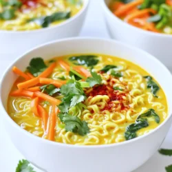 Für die Spicy Coconut Curry Ramen benötigen Sie folgende Hauptzutaten: - 200 g Ramen-Nudeln - 1 Dose (400 ml) Kokosmilch - 2 Esslöffel rote Currypaste - 1 Esslöffel Pflanzenöl - 1 Tasse Gemüsebrühe - 1 Esslöffel Sojasauce - 1 Esslöffel Limettensaft Diese Zutaten sind die Basis für eine leckere und cremige Ramen-Suppe. Für den perfekten Geschmack fügen wir einige Gewürze und Aromaten hinzu: - 2 cm Ingwer, gerieben - 2 Knoblauchzehen, fein gehackt Der Ingwer und der Knoblauch bringen viel Aroma in die Brühe. Diese beiden Zutaten sind einfach und wichtig. Das Gemüse macht die Ramen bunt und gesund. Hier sind einige Optionen: - 1 Tasse Babyspinat - 1 Karotte, in Julienne geschnitten - 1 Paprika, dünn geschnitten (jede Farbe) Zum Garnieren verwenden Sie: - Frischer Koriander - Frühlingszwiebeln, in Scheiben geschnitten - Rote Chiliflocken (optional für extra Schärfe) Diese Zutaten bringen nicht nur Geschmack, sondern auch Farbe und Textur in Ihr Gericht. Lass deiner Kreativität freien Lauf! Bringe einen großen Topf mit Wasser zum Kochen. Füge die Ramen-Nudeln hinzu und koche sie nach Packungsanleitung. Das dauert meist 3 bis 4 Minuten. Wenn sie gar sind, gieße sie ab und stelle sie beiseite. Erhitze in einem großen Topf das Pflanzenöl bei mittlerer Hitze. Füge den fein gehackten Knoblauch und den geriebenen Ingwer hinzu. Brate sie etwa 1 Minute an, bis sie duften. Dies gibt der Basis viel Geschmack. Gib die in Julienne geschnittene Karotte und die dünn geschnittene Paprika in den Topf. Brate das Gemüse 2 bis 3 Minuten an, bis es weich wird. Jetzt kommt die rote Currypaste hinzu. Rühre gut um und lasse sie etwa 1 Minute kochen. Gieße langsam die Kokosmilch und die Gemüsebrühe in den Topf. Rühre alles gut durch und bringe die Mischung zum Simmern. Dies ist der Moment, in dem die Aromen sich verbinden. Rühre den Babyspinat unter die heiße Currybrühe. Lass ihn zusammenfallen. Dann füge die abgetropften Ramen-Nudeln hinzu. Mische alles sanft, sodass die Nudeln gleichmäßig mit der Sauce überzogen sind. Nehme den Topf vom Herd. Serviere die Ramen in tiefen Schalen. Garniere mit frischem Koriander und in Scheiben geschnittenen Frühlingszwiebeln. Wenn du es schärfer magst, füge rote Chiliflocken hinzu. Ein Spritzer Limettensaft bringt zusätzlichen Geschmack. Um die Aromen in deinem Spicy Coconut Curry Ramen zu perfektionieren, achte auf frische Zutaten. Frischer Ingwer und Knoblauch bringen viel Geschmack. Koche die Currypaste gut an, damit sich die Aromen entfalten. Das Hinzufügen von Limettensaft und Sojasauce verstärkt die Geschmäcker. Du kannst auch eine Prise Zucker hinzufügen, um die Schärfe auszugleichen. Lass das Curry sanft köcheln, damit sich die Aromen gut vermischen. Wenn du keine rote Currypaste hast, kannst du selbst eine Mischung machen. Verwende Chili, Kurkuma, Kreuzkümmel und Koriander. Diese Gewürze geben deinem Gericht eine ähnliche Note. Du kannst auch grüne Currypaste verwenden, die oft milder ist. Für eine milde Option versuche, weniger Paste zu verwenden und mehr Gemüse hinzuzufügen. So bleibt der Geschmack intensiv, ohne zu scharf zu sein. Die Toppings machen dein Ramen-Gericht besonders. Frischer Koriander und Frühlingszwiebeln bringen Frische ins Spiel. Du kannst auch geröstete Erdnüsse oder Sesam hinzufügen, um Crunch zu erzeugen. Rote Chiliflocken sind ideal für extra Schärfe. Wenn du es gerne cremig magst, füge einen Klecks Erdnussbutter hinzu. Experimentiere mit den Toppings, um deinen perfekten Biss zu finden. {{image_4}} Du kannst diese Ramen leicht anpassen. Für eine vegetarische Version lasse einfach die tierischen Produkte weg. Nutze Gemüsebrühe anstelle von Hühnerbrühe. Füge mehr Gemüse wie Brokkoli oder Zucchini hinzu. Für eine vegane Variante ersetze die Sojasauce durch Tamari oder eine glutenfreie Option. Wenn du mehr Protein möchtest, füge Tofu oder Tempeh hinzu. Schneide den Tofu in Würfel und brate ihn leicht an, bevor du ihn in die Brühe gibst. Du kannst auch gekochte Eier hinzufügen. Ein weichgekochtes Ei passt perfekt zu diesen Ramen. Für eine nicht-vegetarische Option verwende Hähnchenbrust oder Garnelen. Diese Proteine machen das Gericht noch sättigender. Die Schärfe ist ganz nach deinem Geschmack. Verwende weniger rote Currypaste, um es milder zu halten. Du kannst auch frische Chilis hinzufügen, um die Schärfe zu steigern. Rote Chiliflocken sind eine tolle Ergänzung, wenn du etwas mehr Hitze willst. Experimentiere mit der Schärfe, bis du deine perfekte Mischung gefunden hast. Wenn du Reste von deinem Spicy Coconut Curry Ramen hast, bewahre sie in einem luftdichten Behälter auf. Du kannst die Ramen bis zu drei Tage im Kühlschrank lassen. So bleiben die Aromen frisch. Lass die Ramen vor dem Verpacken etwas abkühlen. Um die Ramen wieder aufzuwärmen, gib sie in einen Topf. Füge etwas Gemüsebrühe hinzu, damit die Nudeln nicht austrocknen. Erhitze sie bei mittlerer Hitze. Rühre häufig um, bis sie heiß sind. Du kannst auch die Mikrowelle verwenden. Stelle die Ramen in eine mikrowellengeeignete Schüssel. Erhitze sie in 1-Minuten-Intervallen, bis sie warm sind. Im Kühlschrank halten sich die Ramen gut für bis zu drei Tage. Wenn du sie länger aufbewahren möchtest, friere die Ramen ein. In einem luftdichten Behälter oder einem Gefrierbeutel sind sie bis zu drei Monate haltbar. Zum Auftauen, lasse sie über Nacht im Kühlschrank. Und dann kannst du sie wie gewohnt aufwärmen. Du kannst die Ramen bis zu drei Tage im Kühlschrank aufbewahren. Stelle sicher, dass du sie in einem luftdichten Behälter lagerst. Die Ramen werden mit der Zeit weicher, aber sie bleiben schmackhaft. Wenn du sie länger aufbewahren möchtest, friere sie ein. So bleiben sie bis zu drei Monate frisch. Ja, du kannst die Kokosmilch ersetzen. Eine gute Alternative ist Mandelmilch oder Hafermilch. Diese haben zwar nicht den gleichen Geschmack, aber sie machen die Suppe cremig. Du kannst auch eine Mischung aus Gemüsebrühe und Sahne ausprobieren, wenn du einen reichhaltigen Geschmack magst. Zu den Ramen passen frische Limettenscheiben und ein einfacher Salat. Auch knusprige Frühlingsrollen sind eine tolle Ergänzung. Wenn du es lieber scharf magst, füge einige frische Chilis hinzu. Diese Beilagen runden das Gericht ab und bieten verschiedene Texturen. Die besten Ramen findest du oft in asiatischen Restaurants oder speziellen Ramen-Lokalen. Nutze Apps wie Yelp oder Google Maps, um gute Bewertungen zu sehen. Du kannst auch lokale Food-Blogs besuchen, um Empfehlungen zu erhalten. Diese Anleitung zeigt, wie man köstliche Spicy Coconut Curry Ramen zubereitet. Ich habe die Hauptzutaten, Aromaten und Gemüseoptionen behandelt. Ihr habt auch gelernt, wie man die Nudeln perfekt zubereitet und Aromen perfektioniert. Tipps zur Lagerung und Anpassung eurer Ramen bieten zusätzliche Hilfe. Denkt daran, dass es viele Variationen gibt, um diese Ramen anzupassen. Ob vegetarisch oder scharf, es gibt Optionen für jeden Geschmack. Mit diesen Informationen seid ihr bereit, eure eigene Schüssel Ramen zu genießen. Probiert es aus!