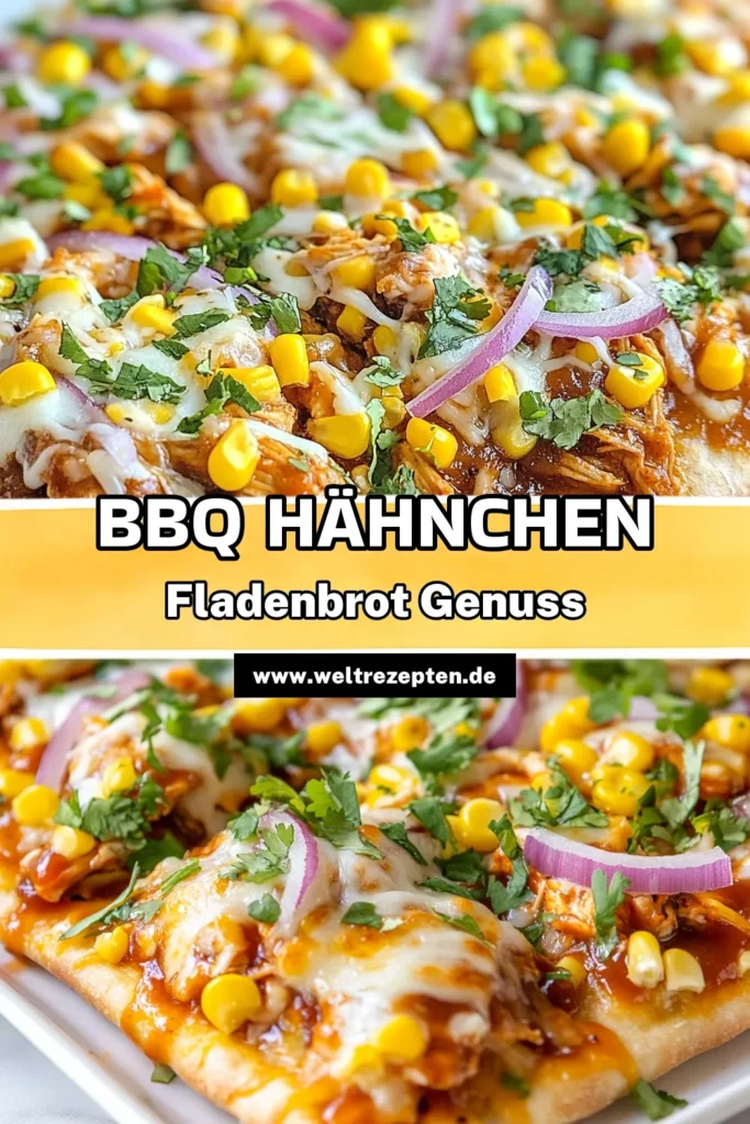 Entdecke unser einfaches BBQ Hähnchen Fladenbrot Rezept! Diese gesunde Pizza mit Hähnchen kombiniert Vollkorn-Fladenbrot mit saftigem Hähnchen, BBQ-Sauce und schmelzendem Käse für ein perfektes Abendessen. Ideal für eine schnelle Küche und lecker für die ganze Familie. Jetzt ausprobieren und die einfache BBQ Pizza genießen! Speichere das Rezept und lass dich inspirieren! #BBQPizza #Fladenbrot #GesundeRezepte #VollkornPizza