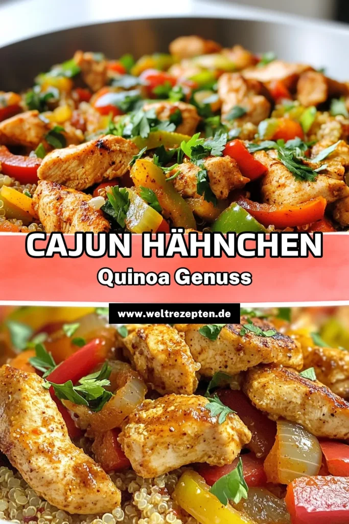Entdecke unser köstliches und gesundes Quinoa Rezept für Cajun Hähnchen Quinoa, perfekt für ein schnelles Abendessen! Dieses pfannengerührte Hähnchen mit frischem Gemüse und einer würzigen Cajun Gewürzmischung ist einfach zuzubereiten und ein wahrer Genuss. Ideal für alle, die einfache Quinoa Gerichte lieben. Lass dir dieses Rezept nicht entgehen und speichere es für später! #CajunHähnchenQuinoa #gesundesQuinoaRezept #einfacheQuinoaGerichte #CajunGewürzmischung