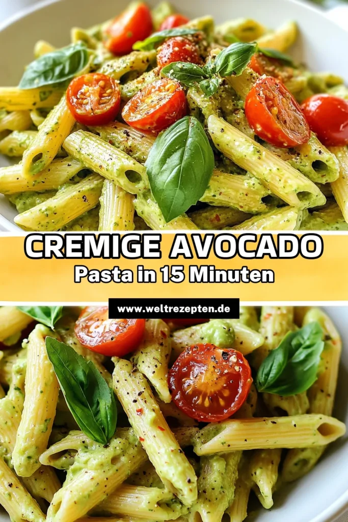 Entdecke dein neues Lieblingsrezept mit dieser cremigen Avocado-Pasta! Perfekt für alle, die schnelle Pasta Rezepte lieben, bietet diese einfache Rezeptidee eine vegane Avocado-Sauce, die gesund und lecker ist. In nur 15 Minuten zauberst du gesunde Pasta Gerichte, die alle begeistern. Lass dir dieses Rezept nicht entgehen und speichere es für später! #cremigeAvocadoPasta #schnellePastaRezepte #veganeAvocadoSauce #gesundePastaGerichte
