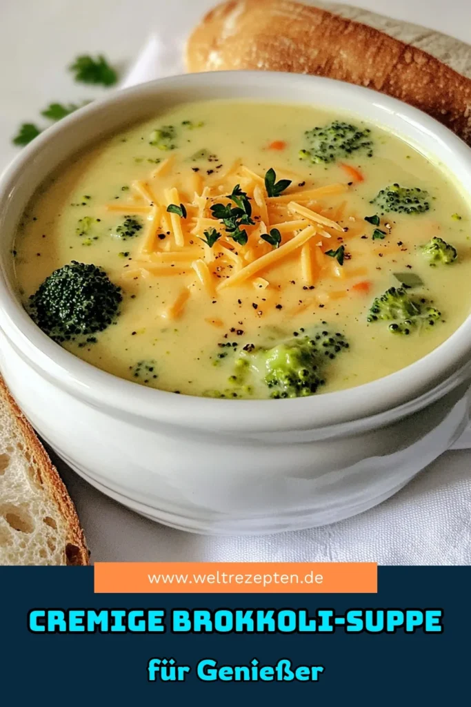 Entdecke die köstliche cremige Traum-Brokkoli-Cheddar-Suppe, die perfekt für kalte Tage ist! Mit frischem Brokkoli, zarten Karotten und viel scharfem Cheddar-Käse wird diese Suppe ganz sicher zum neuen Lieblingsgericht. Klicke jetzt, um die Schritt-für-Schritt-Anleitung zu sehen und erlebe, wie einfach es ist, ein herzhaftes, wohltuendes Essen zuzubereiten. Lass' dich inspirieren! #BrokkoliSuppe #CheddarKäse #GesundeRezepte #EinfacheRezepte