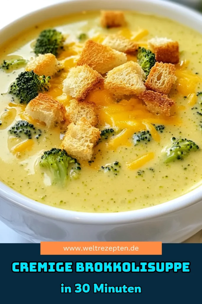 Entdecken Sie das perfekte Rezept für eine cremige Brokkoli-Cheddar-Suppe! Diese leckere Brokkolisuppe ist schnell zubereitet und ideal für vegetari sche Genieß er. Mit scharfen Cheddar und frischem Brokkoli wird jede Schüssel zum Genuss. Ideal als schnelles Abendessen oder Vorspeise, probieren Sie dieses köstliche Brokkoli-Cheddar-Suppen Rezept aus! Speichern Sie es für den nächsten Kochtag! #CremigeBrokkoliCheddarSuppe #BrokkolisuppeRezept #KäseSuppeMitBrokkoli #SchnelleBrokkoliCheddarSuppe