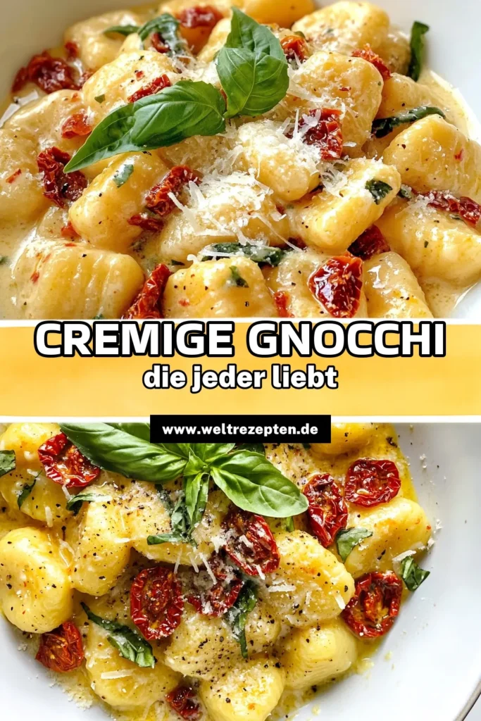 Entdecke unser Rezept für cremige Gnocchi mit getrockneten Tomaten! Diese italienischen Gnocchi in Sahnesauce sind einfach zuzubereiten und perfekt für ein schnelles Abendessen. Mit frischem Parmesan und aromatischen Gewürzen verleihst du deinen einfachen Gnocchi Rezepten das gewisse Etwas. Lass dich von diesem köstlichen Gericht inspirieren und speichere es für dein nächstes Abendessen! #CremigeGnocchi #GnocchimitgetrocknetenTomaten #italienischeGnocchi #GnocchiinSahnesauce