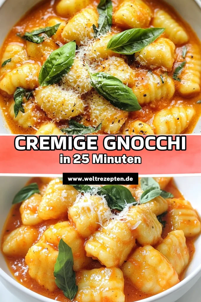 Genießen Sie cremige Tomaten-Basilikum-Gnocchi mit diesem einfachen Gnocchi Rezept! Diese italienische Gnocchi Gericht begeistert mit einer herzhaften Tomatensauce, verfeinert mit frischem Basilikum und geschmolzenem Parmesan. Perfekt für ein schnelles Abendessen – probieren Sie dieses Rezept für Gnocchi mit Tomatensauce aus und beeindrucken Sie Ihre Familie! Speichern Sie es für später! #GnocchiRezept #ItalienischeKüche #Essen #Kochinspiration
