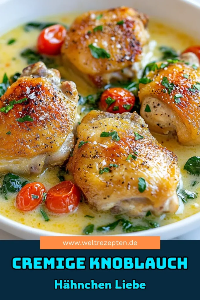 Entdecken Sie dieses köstliche Knoblauch Parmesan Hähnchen Pfanne Rezept, das einfach und schnell zubereitet werden kann! Mit zarten Hähnchenschenkeln, frischem Spinat und saftigen Kirschtomaten ist diese cremige Hähnchenpfanne perfekt für ein schnelles Abendessen. Genießen Sie Hähnchen mit Spinat und Tomaten in einer köstlichen Parmesan-Sauce. Probieren Sie dieses einfache Hähnchenrezept aus und lassen Sie sich begeistern! Pinnen Sie es jetzt! #KnoblauchParmesanHähnchen #HähnchenPfanneRezept #CremigeHähnchenpfanne #EinfachesHähnchenrezept