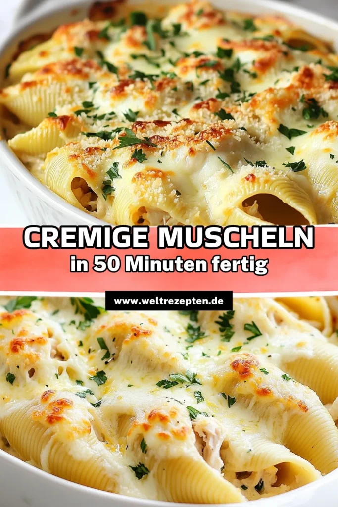 Entdecke das Rezept für cremige Hähnchen-Alfredo Muscheln! Diese gefüllte Pasta bringt italienischen Genuss auf den Tisch und ist perfekt für ein einfaches Abendessen. Mit zartem Hähnchen und einer leckeren Alfredo-Sauce ist dieser Hähnchen Alfredo Auflauf ein echtes Highlight. Probiere dieses einfache Pasta Gericht aus und überrasche deine Familie. Speichern und nachkochen! #PastaLovers #Rezeptideen #Essen #Italienisch