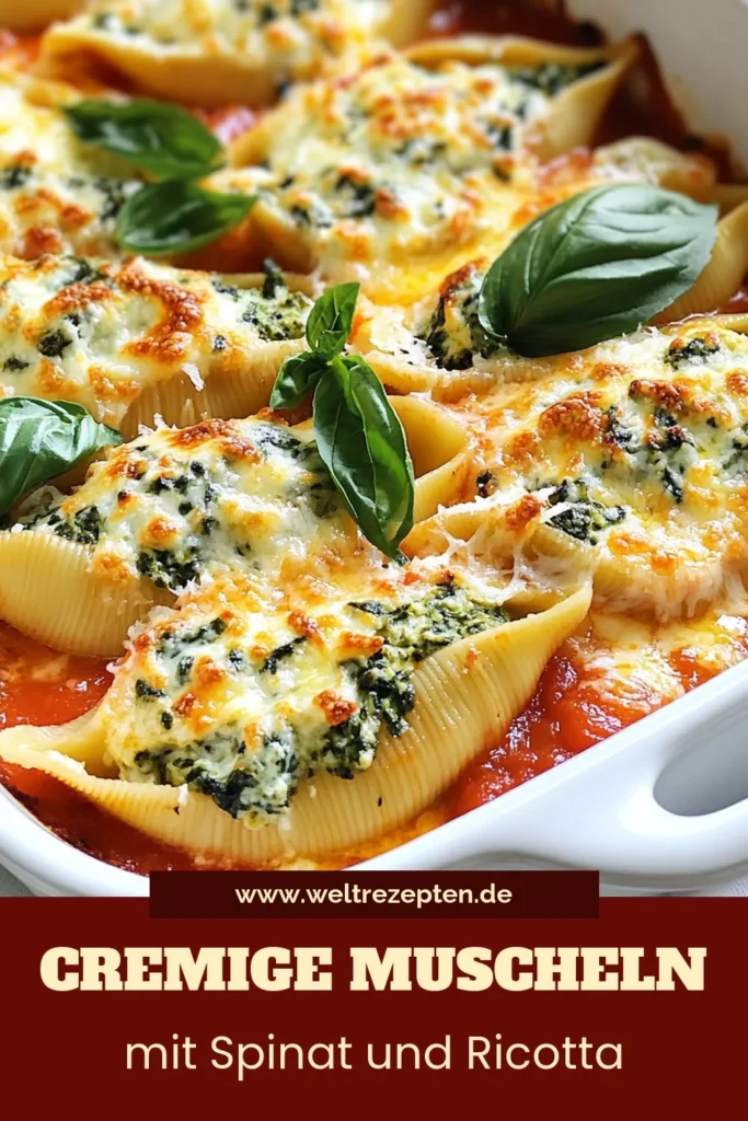 Entdecke dieses köstliche Rezept für gefüllte Muscheln mit cremigem Spinat und Ricotta! Perfekt für italienische Pasta-Gerichte, wird es dich mit seiner reichen Marinara-Soße begeistern. Diese Spinat-Ricotta gefüllten Muscheln sind nicht nur einfach zubereitet, sondern bereichern auch deine Sammlung an cremigen Auflauf-Rezepten. Probiere es aus und teile deine Kreation! #gefüllteMuscheln #SpinatRicottaRezept #PastaGerichte #AuflaufRezepte