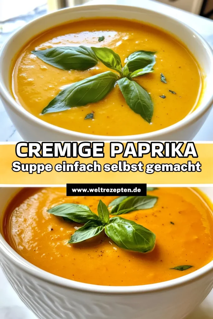 Entdecke die perfekte cremige Paprika-Suppe, die dir ein herzhaftes Essen beschert! Mit diesem einfachen geröstete Paprika Rezept zauberst du in nur 1 Stunde eine vegane Paprika-Suppe, die mit Kokosnussmilch einen besonderen Geschmack erhält. Ideal für ein schnelles Abendessen. Probiere es jetzt aus und verwöhne deine Familie! Speichere dieses Rezept für später. #cremigePaprikaSuppe #geröstetePaprikaRezept #veganePaprikaSuppe #schnelleSuppe