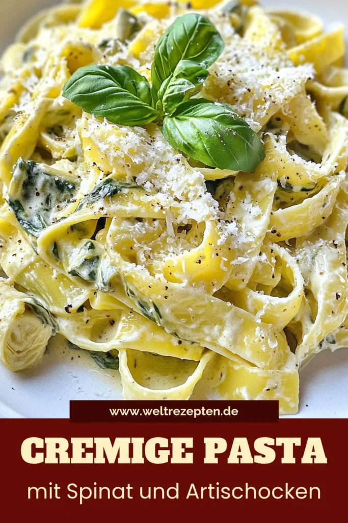 Entdecken Sie dieses leckere Rezept für Cremige Spinat-Artischocken-Pasta, das ideal für ein schnelles Abendessen ist. Diese einfache Pasta Idee kombiniert zarte Spinat Pasta mit einer köstlichen Artischocken Pasta Gericht in einer sahnigen Sauce. Perfekt für irgendwelche Pasta-Liebhaber! Probieren Sie es aus und bringen Sie Abwechslung in Ihre Küche. Speichern Sie es für später und teilen Sie die Freude! #PastaMitSahnesauce #EinfachePastaRezepte #SpinatPastaIdee #ArtischockenPastaGericht