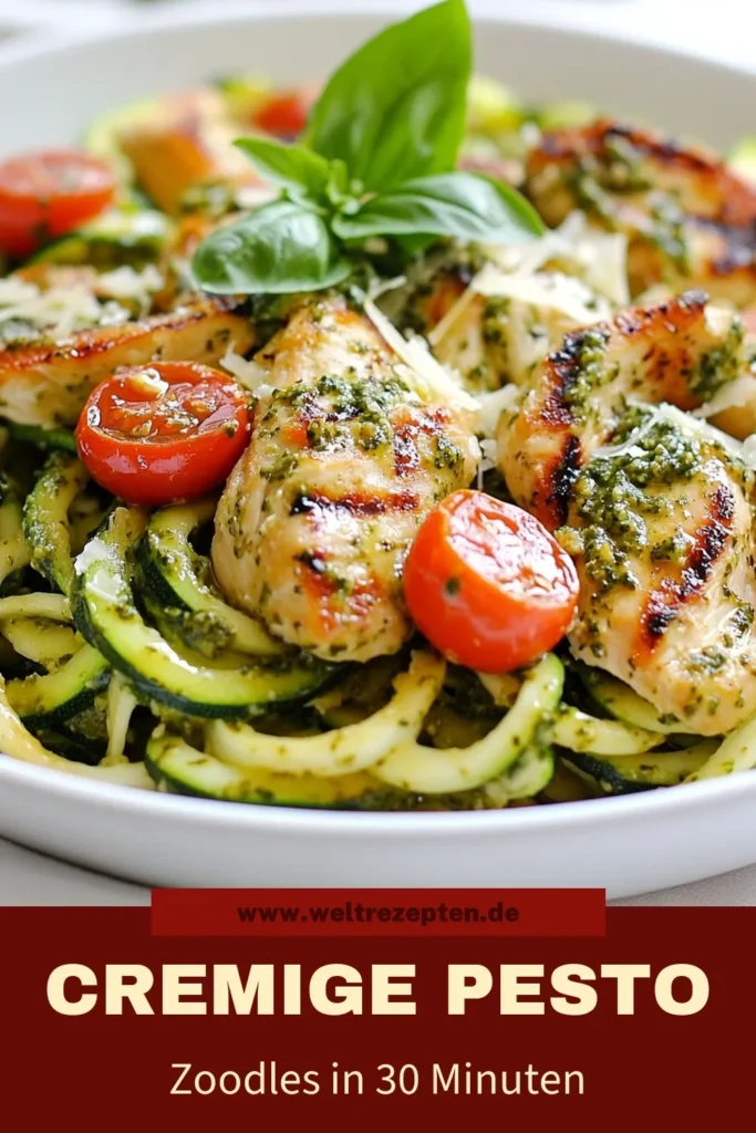 Entdecke unser köstliches Pesto Hühnchen Rezept mit Zoodles! Diese einfache Hühnchenrezepte vereinen zarte Hähnchenbrust und eine cremige Pesto Sauce auf gesunde Nudelalternativen aus Zucchini. Perfekt für eine schnelle, gesunde Mahlzeit. Bereite dir mit diesem Zoodles Rezept ein Gericht zu, das nicht nur lecker, sondern auch nährstoffreich ist. Speichere dieses Rezept und lass dir die cremige Köstlichkeit nicht entgehen! #PestoHühnchen #Zoodles #gesundessen #einfacheRezepte
