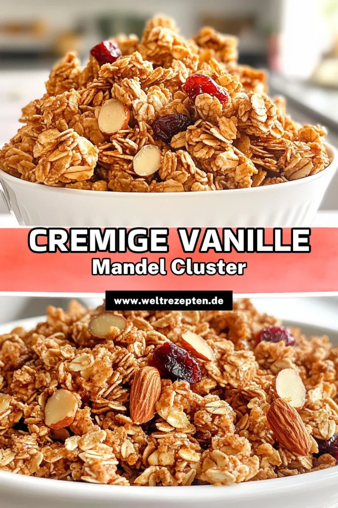 Entdecken Sie dieses leckere und gesunde Granola Rezept für Vanille Mandel Granola Cluster! Mit einfachen Zutaten wie Haferflocken, Mandeln und Kokosöl ist dieses selbstgemachte Granola nicht nur ein nahrhafter Haferflocken Snack, sondern auch perfekt für unterwegs. Bereiten Sie Ihr eigenes Granola Cluster Rezept zu und genießen Sie den knusprigen Genuss! Speichern Sie das Rezept und probieren Sie es aus! #GranolaCluster #gesundessen #snackideen #frühstück