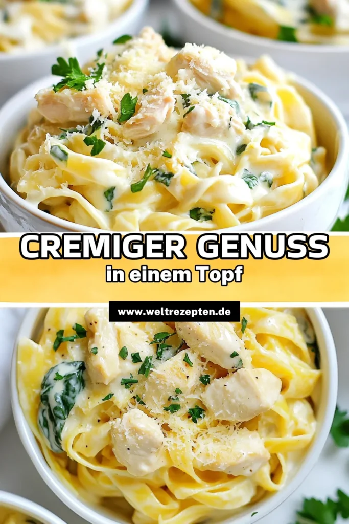 Entdecke dieses cremige Hühnchen Alfredo, das in nur einem Topf zubereitet wird! Dieses Ein-Topf-Hühnchen Rezept vereint zartes Hühnchen, Fettuccine Alfredo mit Hähnchen und eine köstliche, cremige Sauce. Perfekt für schnelle Pasta-Gerichte, die gesund sind. Probiere es aus und genieße ein leckeres Abendessen mit weniger Aufwand! Speichere dieses Rezept für dein nächstes Koch-Abenteuer! #CremigesHühnchenAlfredo #EinTopfHühnchenRezept #SchnellePastaGerichte #GesundeOnePotRezepte