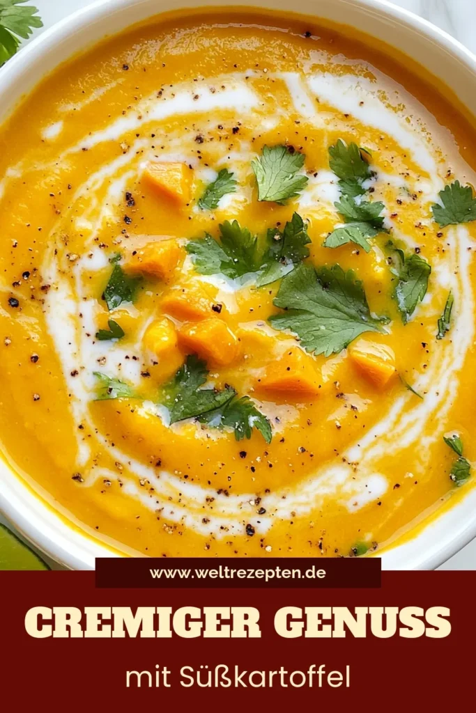 Genießen Sie diese cremige Süßkartoffelsuppe, die nicht nur lecker, sondern auch gesund ist. Mit Kokosmilch zubereitet, ist dieses Süßkartoffel Rezept perfekt für vegane Süßkartoffelgerichte. Ideal als wärmende gesunde Kartoffelsuppe für jede Gelegenheit. Lassen Sie sich von der Kombination aus frischem Ingwer und Kreuzkümmel verzaubern. Probieren Sie es aus und speichern Sie dieses Rezept für den nächsten besonderen Anlass! #CremigeSüßkartoffelsuppe #VeganeSüßkartoffelgerichte #KokosmilchSuppe #GesundeKartoffelsuppe