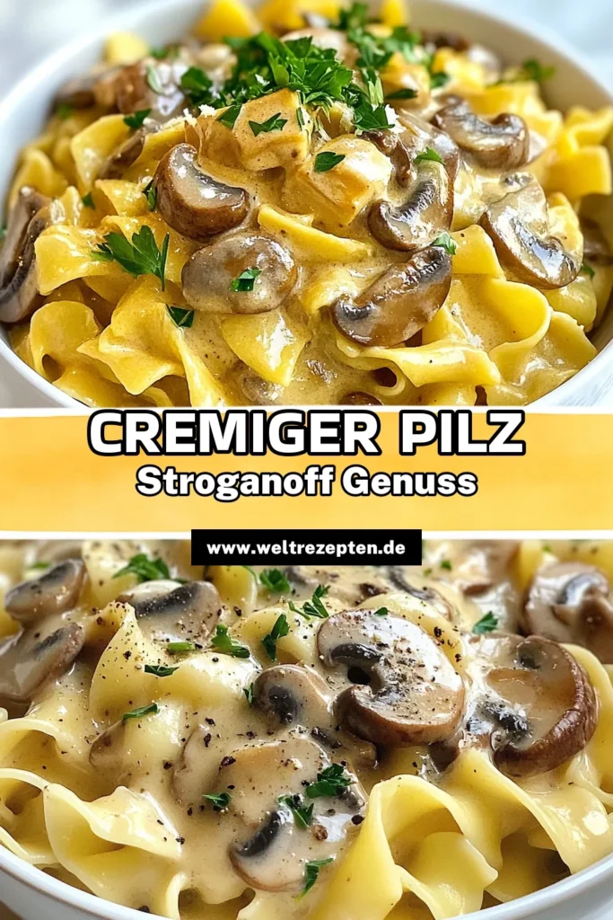 Entdecke das Rezept für cremigen Pilz Stroganoff, das in deiner pflanzlichen Küche nicht fehlen darf! Dieser vegane Pilz Stroganoff mit breiten Eiernudeln überzeugt durch die Kombination von Champignons und pflanzlicher Sahne. Perfekt für ein schnelles Abendessen! Bereite dir dieses köstliche Champignon Gericht Rezept zu und genieße den vollen Geschmack. Probiere es jetzt aus! #CremigerPilzStroganoff #VeganerPilzStroganoff #BreiteEiernudelnRezept #PflanzlicheSahneKüche